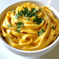- 12 oz fettuccine pasta - 1 can (15 oz) pure pumpkin puree - 2 cups heavy cream For this creamy pumpkin alfredo, I love using fettuccine pasta. It holds the sauce well and adds a nice texture. Pure pumpkin puree is key for that rich, autumn flavor. Heavy cream makes the sauce smooth and indulgent. - 1 cup grated Parmesan cheese - 1 cup vegetable broth - 4 cloves garlic, minced - 1 teaspoon onion powder - 1 teaspoon garlic powder - 1 teaspoon ground nutmeg - 1 teaspoon salt - ½ teaspoon black pepper The seasonings bring life to the dish. Grated Parmesan cheese adds a savory touch. Vegetable broth keeps the sauce rich without being too heavy. Garlic, onion powder, and nutmeg create a warm, cozy feel. Salt and pepper enhance all the flavors in this meal. - 1 tablespoon olive oil - Fresh parsley, chopped Garnishes make a dish pretty and tasty. A drizzle of olive oil adds shine and flavor. Fresh parsley gives a pop of color and freshness. - First, grease the slow cooker with olive oil. This step helps to prevent the pasta from sticking. - Next, add 12 ounces of fettuccine pasta directly into the greased cooker. - In a bowl, whisk together the pumpkin puree, heavy cream, and vegetable broth. - Add minced garlic, onion powder, garlic powder, nutmeg, salt, and black pepper. Keep whisking until the mixture is smooth. - Pour this creamy pumpkin sauce over the pasta in the slow cooker. - Stir everything gently to coat all the pasta with the sauce. - Cover the slow cooker with its lid. - Cook on low for 3 to 4 hours or on high for 1.5 to 2 hours. The pasta should be tender and the sauce creamy. - About 10 minutes before serving, stir in 1 cup of grated Parmesan cheese. This adds a rich flavor. - Taste and adjust the seasoning if needed. Stir again to blend all the flavors. - Serve hot, garnished with fresh chopped parsley for a beautiful finish. To get a smooth sauce, mix the pumpkin puree, heavy cream, and broth well. A whisk works great for this. Make sure there are no lumps. Stir in the garlic and spices slowly to blend their flavors. This helps create that creamy texture you want. For the pasta, cook it just right. Add the fettuccine to the slow cooker dry. It will soak up the sauce as it cooks. This keeps the pasta from getting mushy. When using a slow cooker, cooking on low for 3 to 4 hours works best. If you are short on time, use high for 1.5 to 2 hours. Always cover your slow cooker while it cooks. This keeps the heat in and helps the pasta cook evenly. To check if it’s done, look for tender pasta. The sauce should be thick and creamy. Stir it gently to see if it mixes well. Want to boost the flavor? Try adding a pinch of cayenne for some heat. A touch of sage or thyme can bring out fall flavors too. Pair this dish with a simple salad or crusty bread. The light flavors balance the rich sauce. Fresh herbs like thyme can also add a nice touch on top. {{image_2}} You can switch up the pasta type if you like. Try penne or rotini for a fun twist. These shapes hold the creamy sauce well. You can also use whole wheat or gluten-free pasta for a healthier option. For dairy-free choices, use coconut cream instead of heavy cream. This gives a rich taste while keeping it plant-based. Nutritional yeast can replace Parmesan cheese for a cheesy flavor without dairy. Adding veggies boosts nutrition and flavor. Spinach or kale blends well with the creamy sauce. Just stir in fresh greens 10 minutes before serving. For holiday cheer, consider adding cranberries or pecans. They add a nice crunch and a sweet touch. You can also mix in sage or thyme for more fall flavor. Pair this dish with a simple green salad. A light vinaigrette will balance the creamy pasta well. Garlic bread also makes a great side, perfect for soaking up sauce. For drinks, a crisp white wine or sparkling water works wonders. You can also serve with a sprinkle of extra Parmesan on top for added flavor. Enjoy your meal! After enjoying your creamy pumpkin Alfredo pasta, store any leftovers in the fridge. Use an airtight container to keep it fresh. This method prevents moisture loss and keeps flavors intact. The pasta stays good for about 3 to 5 days in the fridge. Be sure to check for any off smells or changes in texture before eating. When you're ready to enjoy your leftovers, reheating them takes just a few minutes. The best way is to use a microwave or stovetop. If using a microwave, heat small portions for 1 to 2 minutes. Stir halfway through to make sure it heats evenly. If you prefer the stovetop, add a splash of broth or cream. This helps keep the sauce creamy. Stir gently over low heat until warmed. You can also freeze this dish for later. To freeze, let the pasta cool completely. Then, transfer it to a freezer-safe bag or container. Make sure to remove as much air as possible. This helps avoid freezer burn. The pasta can last for up to 3 months in the freezer. When you’re ready to eat, thaw it overnight in the fridge. Reheat it on the stove with a bit of cream to restore its creaminess. Yes, you can easily make this dish vegetarian. Start by using vegetable broth instead of chicken broth. This keeps the flavor rich while sticking to a meat-free option. You can also swap the heavy cream for a plant-based cream. Coconut cream or cashew cream work well and add a nice taste. To make this dish lighter, consider a few swaps. Use whole wheat fettuccine for more fiber. You can replace heavy cream with Greek yogurt or a low-fat cream alternative. This change gives you a creamy sauce with fewer calories. Adding more vegetables, like spinach or mushrooms, boosts nutrition and flavor. If your pasta turns out too thick, don’t worry! Simply add a bit more vegetable broth or cream. Stir it in slowly until you reach the desired consistency. If you want a thinner sauce, add a splash of pasta water. This helps keep the flavors intact while adjusting the sauce. Yes, you can make this dish on the stovetop! Start by cooking the fettuccine according to package instructions. In a separate pot, whisk together the pumpkin puree, cream, and spices over low heat. Once warm, mix in the cooked pasta. Stir until well combined, then add the cheese. Cook for a few more minutes until everything is hot and creamy. This blog post shared a delicious slow cooker fettuccine recipe with creamy pumpkin sauce. You learned about the main ingredients, step-by-step instructions, and helpful tips for the dish. We explored ways to customize the recipe and storage tips for leftovers. In closing, this dish is tasty and easy to prepare. Enjoy making it your own. With simple tweaks, you can create a meal everyone will love!