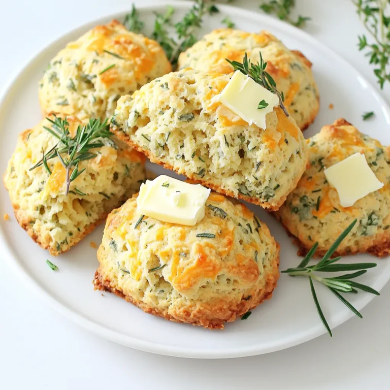 To make these savory herb and cheddar scones, you need: - 2 cups all-purpose flour - 1 tablespoon baking powder - 1/2 teaspoon salt - 1/4 teaspoon black pepper - 1/2 cup cold unsalted butter, cubed - 1 cup sharp cheddar cheese, shredded - 1 tablespoon fresh rosemary, finely chopped (or 1 teaspoon dried rosemary) - 1 tablespoon fresh chives, finely chopped - 1 tablespoon fresh parsley, finely chopped - 3/4 cup buttermilk - 1 egg, beaten (for egg wash) You can swap some ingredients if needed. For flour, use whole wheat for added fiber. If you lack buttermilk, mix milk with a splash of vinegar or lemon juice. You can replace sharp cheddar with any cheese you like, such as gouda or pepper jack. If you can’t find fresh herbs, dried ones work too, but use less. For butter, coconut oil or margarine can also be used. Fresh herbs make a big difference in flavor. They add brightness and depth to your scones. Rosemary, chives, and parsley bring unique tastes. Fresh herbs also enhance the aroma while baking. Always try to use fresh herbs when you can. They elevate the dish from good to great. To start, gather your ingredients. You will need flour, baking powder, salt, black pepper, butter, cheddar cheese, and fresh herbs. Preheat your oven to 400°F (200°C). Line a baking sheet with parchment paper. In a large bowl, combine flour, baking powder, salt, and black pepper. Whisk these dry ingredients well. Next, add the cold, cubed butter. Use a pastry cutter or your fingers. Work the butter into the flour until it looks like coarse crumbs. This step is key for flaky scones. Then, fold in the shredded cheddar cheese and chopped herbs. Mix gently so the cheese and herbs spread evenly. Make a well in the center and pour in the buttermilk. Stir the mixture gently until it just holds together. Be careful not to overwork the dough. It’s okay if it looks a bit rough. Turn the dough out onto a floured surface. Knead it softly a few times until it holds together. Pat it into a circle that is about one inch thick. Now, it's time to shape your scones. Use a sharp knife or a bench scraper to cut the dough into 8 wedges. This shape gives you that classic scone look. Place the wedges on the prepared baking sheet. Make sure to space them apart a little. This allows them to bake evenly. Before baking, brush the tops of the scones with a beaten egg. This gives them a nice golden color. Bake the scones in your preheated oven for 15 to 20 minutes. They should turn golden brown. To check for doneness, insert a toothpick in the center. It should come out clean. Once baked, remove them from the oven and let them cool slightly on a wire rack. This cooling step keeps them from getting soggy. Enjoy your warm, savory herb and cheddar scones! To get the best texture, use cold butter. Cold butter creates layers in the scones. Cut it into small cubes and work it into the flour. You want it to look like coarse crumbs. Don’t overmix the dough; it should be barely combined. This helps keep the scones light and flaky. To keep your scones fluffy, use fresh baking powder. Baking powder helps them rise as they bake. Also, make sure you don’t knead the dough too much. Gentle handling is key. When shaping, pat the dough instead of rolling it out. This keeps air pockets that make the scones light. These savory scones shine when served warm. Try spreading a little butter on top. You can also drizzle some honey for a sweet touch. Pair them with a bowl of soup for a nice lunch. For a fun twist, serve with cream cheese mixed with herbs. This adds flavor and makes the scones even better. {{image_2}} You can switch out cheddar for other cheeses. Try sharp gouda for a nutty taste. Feta adds a tangy twist that works well with herbs. Parmesan gives a salty crunch. Each cheese changes the flavor. Mix and match for fun! Herbs bring freshness to your scones. In spring, use fresh dill or basil. In summer, try parsley or tarragon. Fall is great for sage or thyme. In winter, rosemary shines bright. Pick herbs based on what you like. This keeps your scones exciting! Want to add more? Crumbled bacon gives a savory kick. Dice up cooked vegetables like spinach or bell peppers for color. Cheese, herbs, and extras blend well. This makes each scone unique. Explore different combinations to find your favorite mix! To keep your savory herb and cheddar scones fresh, store them in an airtight container. This helps lock in moisture and flavor. Place a piece of wax paper between layers if stacking. Store them at room temperature for up to two days. If you want to keep them longer, consider freezing. To freeze your scones, let them cool completely after baking. Wrap each scone tightly in plastic wrap. Then, place them in a freezer-safe bag or container. Label the bag with the date. You can freeze them for up to three months. This way, you can enjoy scones anytime! When you’re ready to eat the frozen scones, remove them from the freezer. Unwrap them and place them on a baking sheet. Preheat your oven to 350°F (175°C). Warm them for about 10-15 minutes or until heated through. You can also use a microwave for a quick reheat, but they may not be as crispy. Enjoy your fresh-tasting scones! You can make scones without buttermilk by using milk and vinegar. Mix 3/4 cup of milk with 1 tablespoon of vinegar. Let it sit for 5-10 minutes until it thickens. This creates a sour milk that works like buttermilk. You can also use yogurt or sour cream thinned with water for a similar effect. This keeps your scones moist and tender. Yes, you can use whole wheat flour in your scones. It adds a nutty flavor and makes them heartier. However, whole wheat flour absorbs more liquid than all-purpose flour. Use about 3/4 cup of whole wheat flour and 1/4 cup of all-purpose flour for best results. This mix keeps your scones light while adding nutrition. Savory herb and cheddar scones pair well with many dishes. Serve them warm with a pat of butter for a simple treat. They also go great with soups, like tomato or chicken noodle. Add a fresh salad for a light meal. For a special touch, drizzle honey on top or serve with a cheese platter. Enjoy them however you like! By using fresh ingredients, you can create delicious scones. We discussed essential ingredients and tasty swaps. I shared tips to make your scones fluffy and light. You learned about variations like different cheeses and herbs. Plus, storing scones keeps them fresh longer, and reheating is easy. Remember, baking is fun and takes practice. Enjoy your time making scones and share them with friends. Let your creativity shine in the kitchen!