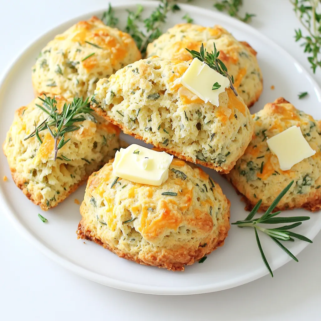 To make these savory herb and cheddar scones, you need: - 2 cups all-purpose flour - 1 tablespoon baking powder - 1/2 teaspoon salt - 1/4 teaspoon black pepper - 1/2 cup cold unsalted butter, cubed - 1 cup sharp cheddar cheese, shredded - 1 tablespoon fresh rosemary, finely chopped (or 1 teaspoon dried rosemary) - 1 tablespoon fresh chives, finely chopped - 1 tablespoon fresh parsley, finely chopped - 3/4 cup buttermilk - 1 egg, beaten (for egg wash) You can swap some ingredients if needed. For flour, use whole wheat for added fiber. If you lack buttermilk, mix milk with a splash of vinegar or lemon juice. You can replace sharp cheddar with any cheese you like, such as gouda or pepper jack. If you can’t find fresh herbs, dried ones work too, but use less. For butter, coconut oil or margarine can also be used. Fresh herbs make a big difference in flavor. They add brightness and depth to your scones. Rosemary, chives, and parsley bring unique tastes. Fresh herbs also enhance the aroma while baking. Always try to use fresh herbs when you can. They elevate the dish from good to great. To start, gather your ingredients. You will need flour, baking powder, salt, black pepper, butter, cheddar cheese, and fresh herbs. Preheat your oven to 400°F (200°C). Line a baking sheet with parchment paper. In a large bowl, combine flour, baking powder, salt, and black pepper. Whisk these dry ingredients well. Next, add the cold, cubed butter. Use a pastry cutter or your fingers. Work the butter into the flour until it looks like coarse crumbs. This step is key for flaky scones. Then, fold in the shredded cheddar cheese and chopped herbs. Mix gently so the cheese and herbs spread evenly. Make a well in the center and pour in the buttermilk. Stir the mixture gently until it just holds together. Be careful not to overwork the dough. It’s okay if it looks a bit rough. Turn the dough out onto a floured surface. Knead it softly a few times until it holds together. Pat it into a circle that is about one inch thick. Now, it's time to shape your scones. Use a sharp knife or a bench scraper to cut the dough into 8 wedges. This shape gives you that classic scone look. Place the wedges on the prepared baking sheet. Make sure to space them apart a little. This allows them to bake evenly. Before baking, brush the tops of the scones with a beaten egg. This gives them a nice golden color. Bake the scones in your preheated oven for 15 to 20 minutes. They should turn golden brown. To check for doneness, insert a toothpick in the center. It should come out clean. Once baked, remove them from the oven and let them cool slightly on a wire rack. This cooling step keeps them from getting soggy. Enjoy your warm, savory herb and cheddar scones! To get the best texture, use cold butter. Cold butter creates layers in the scones. Cut it into small cubes and work it into the flour. You want it to look like coarse crumbs. Don’t overmix the dough; it should be barely combined. This helps keep the scones light and flaky. To keep your scones fluffy, use fresh baking powder. Baking powder helps them rise as they bake. Also, make sure you don’t knead the dough too much. Gentle handling is key. When shaping, pat the dough instead of rolling it out. This keeps air pockets that make the scones light. These savory scones shine when served warm. Try spreading a little butter on top. You can also drizzle some honey for a sweet touch. Pair them with a bowl of soup for a nice lunch. For a fun twist, serve with cream cheese mixed with herbs. This adds flavor and makes the scones even better. {{image_2}} You can switch out cheddar for other cheeses. Try sharp gouda for a nutty taste. Feta adds a tangy twist that works well with herbs. Parmesan gives a salty crunch. Each cheese changes the flavor. Mix and match for fun! Herbs bring freshness to your scones. In spring, use fresh dill or basil. In summer, try parsley or tarragon. Fall is great for sage or thyme. In winter, rosemary shines bright. Pick herbs based on what you like. This keeps your scones exciting! Want to add more? Crumbled bacon gives a savory kick. Dice up cooked vegetables like spinach or bell peppers for color. Cheese, herbs, and extras blend well. This makes each scone unique. Explore different combinations to find your favorite mix! To keep your savory herb and cheddar scones fresh, store them in an airtight container. This helps lock in moisture and flavor. Place a piece of wax paper between layers if stacking. Store them at room temperature for up to two days. If you want to keep them longer, consider freezing. To freeze your scones, let them cool completely after baking. Wrap each scone tightly in plastic wrap. Then, place them in a freezer-safe bag or container. Label the bag with the date. You can freeze them for up to three months. This way, you can enjoy scones anytime! When you’re ready to eat the frozen scones, remove them from the freezer. Unwrap them and place them on a baking sheet. Preheat your oven to 350°F (175°C). Warm them for about 10-15 minutes or until heated through. You can also use a microwave for a quick reheat, but they may not be as crispy. Enjoy your fresh-tasting scones! You can make scones without buttermilk by using milk and vinegar. Mix 3/4 cup of milk with 1 tablespoon of vinegar. Let it sit for 5-10 minutes until it thickens. This creates a sour milk that works like buttermilk. You can also use yogurt or sour cream thinned with water for a similar effect. This keeps your scones moist and tender. Yes, you can use whole wheat flour in your scones. It adds a nutty flavor and makes them heartier. However, whole wheat flour absorbs more liquid than all-purpose flour. Use about 3/4 cup of whole wheat flour and 1/4 cup of all-purpose flour for best results. This mix keeps your scones light while adding nutrition. Savory herb and cheddar scones pair well with many dishes. Serve them warm with a pat of butter for a simple treat. They also go great with soups, like tomato or chicken noodle. Add a fresh salad for a light meal. For a special touch, drizzle honey on top or serve with a cheese platter. Enjoy them however you like! By using fresh ingredients, you can create delicious scones. We discussed essential ingredients and tasty swaps. I shared tips to make your scones fluffy and light. You learned about variations like different cheeses and herbs. Plus, storing scones keeps them fresh longer, and reheating is easy. Remember, baking is fun and takes practice. Enjoy your time making scones and share them with friends. Let your creativity shine in the kitchen!