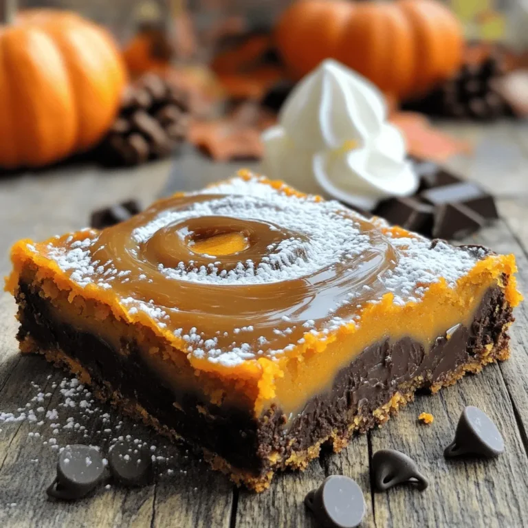 To make these tasty bars, you will need: - 1 ½ cups canned pumpkin puree - 1 cup brown sugar - ½ cup granulated sugar - ½ cup unsalted butter, melted - 3 large eggs - 1 teaspoon vanilla extract - 2 cups all-purpose flour - 1 teaspoon baking powder - 1 teaspoon baking soda - 1 teaspoon ground cinnamon - ½ teaspoon ground nutmeg - ½ teaspoon salt - 1 cup semi-sweet chocolate chips - 1 cup caramel sauce (store-bought or homemade) These ingredients blend to create a soft, moist texture. The pumpkin puree adds rich flavor and moisture. The sugars balance the sweetness while the spices give warmth. You can elevate your bars with some fun toppings, such as: - Extra caramel drizzle - Powdered sugar dusting - Whipped cream dollop - Chopped pecans or walnuts These toppings add texture and visual appeal. They also enhance the flavors for a more delightful treat. If you need to swap ingredients, here are some ideas: - Use coconut oil instead of butter for a dairy-free option. - Replace granulated sugar with coconut sugar for a lower glycemic index. - Use gluten-free flour blends if you want gluten-free bars. These substitutions help you customize the recipe to fit your dietary needs. Feel free to experiment and find what you love! To start, gather all your ingredients. You will need: - 1 ½ cups canned pumpkin puree - 1 cup brown sugar - ½ cup granulated sugar - ½ cup unsalted butter, melted - 3 large eggs - 1 teaspoon vanilla extract - 2 cups all-purpose flour - 1 teaspoon baking powder - 1 teaspoon baking soda - 1 teaspoon ground cinnamon - ½ teaspoon ground nutmeg - ½ teaspoon salt - 1 cup semi-sweet chocolate chips - 1 cup caramel sauce Now, preheat your oven to 350°F (175°C). Lightly grease a 9x13-inch baking pan. Line the bottom with parchment paper. This helps with easy removal later. Next, in a large bowl, mix the pumpkin puree, brown sugar, granulated sugar, melted butter, eggs, and vanilla extract. Whisk until the mix is smooth. In another bowl, sift together flour, baking powder, baking soda, cinnamon, nutmeg, and salt. Gradually add these dry ingredients to the wet mix. Stir gently until just combined. Avoid overmixing. Finally, fold in the chocolate chips. Pour half of the batter into the pan. Spread it evenly. Drizzle half of the caramel sauce over this layer. Next, pour the rest of the batter on top. Spread it gently. Drizzle the remaining caramel sauce over this layer. Use a knife to create a marbled effect by swirling the layers lightly. Bake your bars in the preheated oven for 30-35 minutes. To check if they are done, insert a toothpick in the center. It should come out clean. Once baked, take the pan out of the oven. Let it cool for at least 15 minutes in the pan. Use the parchment paper to lift the bars out. Place them on a wire rack to cool completely. After they are cool, cut them into bars. For extra sweetness, drizzle a little more caramel on top before serving. You can also dust the bars with powdered sugar or add a dollop of whipped cream for a special touch. Enjoy! To keep your caramel chocolate pumpkin bars moist, focus on two key elements: the liquid ingredients and mixing time. Use canned pumpkin puree for the best results. Its high moisture content helps keep the bars soft. Make sure you measure your sugars and butter properly. Too much dry ingredient can make your bars dry. Mix your wet ingredients until they are just combined. Overmixing can make the bars tough. When adding the dry mix, fold it in gently. This keeps the batter airy and light. Avoid these common mistakes for the best bars. First, don't skip the parchment paper. It makes removing the bars easy. Second, be careful with baking time. Check your bars at 30 minutes to prevent overbaking. Another mistake is not swirling the caramel enough. A good swirl creates a beautiful marbled effect. It also blends the flavors well. Lastly, don’t forget to cool the bars completely before cutting. Warm bars can crumble and fall apart. Serving your caramel chocolate pumpkin bars can be fun! Dust the tops with powdered sugar for a sweet touch. A dollop of whipped cream on the side adds a lovely creaminess. For added crunch and flavor, sprinkle chopped pecans on top. This gives a nice contrast to the soft bars. If you love caramel, drizzle some extra sauce right before serving. It makes each bite extra special! {{image_2}} To make gluten-free caramel chocolate pumpkin bars, swap the all-purpose flour for a gluten-free blend. Look for a blend that works well in baking. This makes it easy to enjoy these bars without gluten. You can enhance the flavor by adding nuts or spices. Chopped pecans or walnuts add a nice crunch. Try adding a pinch of ginger or allspice for a unique twist. Cinnamon is always a great choice to boost warmth and flavor. You can choose between dark or milk chocolate for your bars. Dark chocolate gives a rich, bold taste. Milk chocolate offers a sweeter flavor. Pick what you like best to make these bars your own. To keep your caramel chocolate pumpkin bars fresh, store them in an airtight container. Place a layer of parchment paper between the bars to prevent sticking. You can store them at room temperature for up to three days. If you want to store them longer, the fridge is a good option. They can last up to a week when refrigerated. Freezing is a smart way to save your bars for later. First, cut them into squares. Wrap each square tightly in plastic wrap. Then, place them in a freezer-safe bag or container. Make sure to label the bag with the date. These bars can stay in the freezer for up to three months. When you’re ready to enjoy, simply thaw them in the fridge overnight. To enjoy the bars warm, reheat them in the oven. Preheat the oven to 350°F (175°C). Place the bars on a baking sheet lined with parchment paper. Heat for about 10 minutes. This warms them up without drying them out. You can also use the microwave. Heat them for 10 to 15 seconds for a quick treat. Enjoy the gooey caramel and chocolate flavors all over again! Yes, you can use fresh pumpkin. First, choose a sugar pumpkin. These are sweet and smooth. Cut it in half and remove the seeds. Roast the pumpkin halves at 350°F (175°C) until soft, about 45 minutes. Let it cool, then scoop out the flesh. Blend it until smooth for a perfect puree. Fresh pumpkin adds a nice, rich flavor to your bars. Making homemade caramel sauce is simple. You need sugar, water, and cream. Start by heating 1 cup of sugar and 1/4 cup of water in a saucepan. Stir it until the sugar dissolves. Let it boil without stirring until it turns golden brown, about 10 minutes. Remove it from heat, then carefully add 1/2 cup of heavy cream. Stir until smooth. Let it cool before using it in your bars. This sauce adds a lovely touch to your dessert. If you don’t have a 9x13 pan, use an 8x8 or 9x9 pan. The bars will be thicker and may need more baking time. You can also use a round cake pan. Just adjust your baking time and check for doneness with a toothpick. You can also make smaller bars using a muffin tin. Just fill each cup halfway and adjust the baking time. You now have a complete guide to making delicious Caramel Chocolate Pumpkin Bars. We covered essential ingredients, step-by-step instructions, and helpful tips. Remember to avoid common mistakes and try different variations to make your bars unique. Store them properly to keep them fresh for longer. If you have questions, you can always refer back to the FAQs. Enjoy baking and sharing these tasty treats! I hope you love them as much as I do!