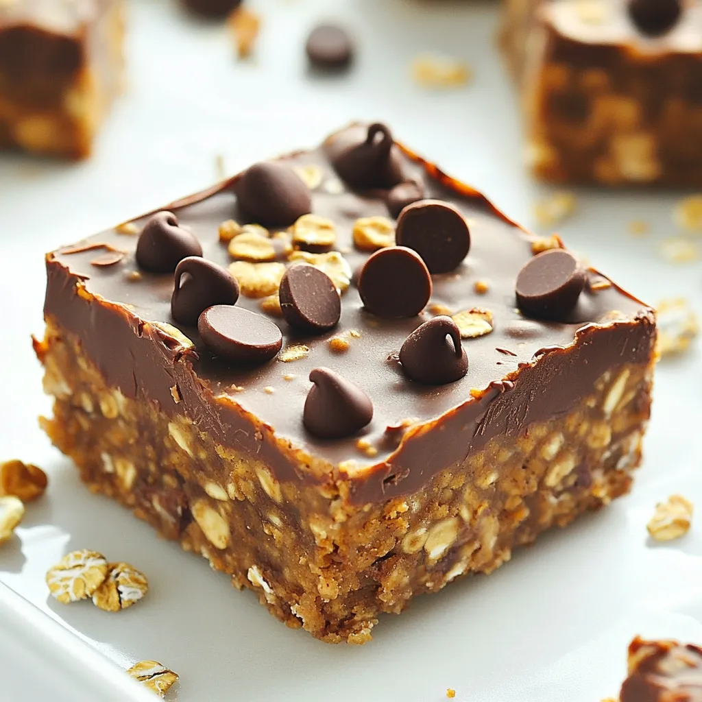 To make No-Bake Pumpkin Chocolate Oatmeal Squares, gather these ingredients: - 1 cup rolled oats - 1/2 cup canned pumpkin puree - 1/4 cup almond butter (or any nut butter) - 1/4 cup honey or maple syrup - 1/3 cup cocoa powder - 1/2 teaspoon ground cinnamon - 1/4 teaspoon nutmeg - 1/4 cup mini chocolate chips (plus more for topping) - Pinch of salt - Optional: chopped nuts or seeds for added crunch These ingredients blend together to form a tasty treat. The rolled oats give a nice base, while the pumpkin adds moisture and flavor. The nut butter binds everything, and the cocoa powder provides a rich chocolate taste. If you don't have almond butter, you can use any nut butter you like. Peanut butter works well too. For sweeteners, honey is great, but maple syrup is a good alternative. If you want something lower in sugar, try using agave syrup or a sugar substitute like stevia. These swaps keep the squares delicious while catering to your taste and dietary needs. Want to jazz up your squares? You can add chopped nuts like walnuts or pecans. Seeds like chia or flaxseed also work well. These add a nice crunch and extra nutrients. You might even add dried fruit like cranberries or raisins for sweetness and chew. Feel free to get creative! Each add-in can change the squares to suit your flavor preferences. Start by taking a large mixing bowl. Add 1 cup of rolled oats. Next, pour in 1/2 cup of canned pumpkin puree. Add 1/4 cup of almond butter, or your favorite nut butter. Then, mix in 1/4 cup of honey or maple syrup. Stir everything well until it forms a smooth paste. You want it to blend nicely. Now, it’s time to add the dry ingredients. Sift in 1/3 cup of cocoa powder. Next, add a 1/2 teaspoon of ground cinnamon and 1/4 teaspoon of nutmeg. Don't forget a pinch of salt to balance the flavors. Mix well until you see no dry spots. Everything should be combined nicely. Get an 8x8 inch square baking pan. Line it with parchment paper, leaving some paper hanging over the edges. This makes it easy to lift out later. Pour your mixture into the pan. Use a spatula or your hands to press it down. Make sure it’s packed tightly and even. This step is key for the right texture. Once your mixture is pressed down, place the pan in the fridge. Let it chill for at least 2 hours. This helps the squares firm up. You can also leave them longer if you want. After chilling, they will cut into neat squares easily. Enjoy your delicious treat! To get that perfect texture, follow a few key steps. First, use rolled oats. They give a chewy bite that works well with the creamy pumpkin. When mixing, make sure everything joins together well. Press the mixture firmly into the pan. This helps your squares hold their shape. You want them compact. If the mix feels too dry, add a bit more almond butter or honey. This will help bind it better. For storing, keep your squares in an airtight container. They stay fresh in the fridge for up to a week. When serving, cut them into squares. You can top them with extra chocolate chips or nuts for a nice touch. These are great as a quick snack or dessert. You can even pack them for lunch! These squares are easy to make ahead. You can whip them up a day or two before you need them. Just follow the steps and chill them as directed. After they set, cut them into squares. Store them in the fridge until you are ready to serve. This way, you have a tasty treat ready to go whenever you want! {{image_2}} You can easily change the flavors in your pumpkin chocolate oatmeal squares. Try using different spices. For example, add ginger or allspice for a warm kick. If you want a nutty taste, swap almond butter for peanut or cashew butter. Each nut butter brings its own unique flavor. This simple switch can change the whole vibe of your squares. Making these squares gluten-free is simple. Use certified gluten-free oats instead of regular rolled oats. For a vegan option, replace honey with maple syrup. This keeps the sweet flavor while staying plant-based. These swaps ensure everyone can enjoy this treat without worry. Toppings can make your squares even more fun. After cutting them, sprinkle extra mini chocolate chips on top. You can also add chopped nuts for a crunchy texture. Try using shredded coconut or a drizzle of nut butter for a rich finish. These toppings not only look great but also add new flavors and textures. To keep your No-Bake Pumpkin Chocolate Oatmeal Squares fresh, store them in the fridge. Place the squares in an airtight container. This helps maintain their taste and texture. You can layer parchment paper between the squares to prevent sticking. Make sure to consume them within a week for the best flavor. You can freeze these squares for longer storage. First, cut them into individual squares. Wrap each square tightly in plastic wrap. Then, place them in a freezer-safe bag or container. They can last up to three months in the freezer. When you're ready to enjoy, simply take a square out and let it thaw in the fridge overnight. You can also leave it at room temperature for about 30 minutes. These squares have a solid shelf life. In the fridge, they last about 5 to 7 days. If you freeze them, they can stay good for about three months. Always check for any changes in smell or texture before enjoying them. Proper storage ensures you get the best taste for each bite. Yes, you can use fresh pumpkin. Just make sure to cook it first. Roast or steam fresh pumpkin until soft. Then, puree it until smooth. This gives you a fresh flavor, but canned pumpkin is easier. These squares last about one week in the fridge. Store them in an airtight container. This keeps them fresh and tasty. You can also freeze them for longer storage. Absolutely! You can swap almond butter for sunflower seed butter. This keeps the squares nut-free and delicious. Make sure to check for any nut traces in other ingredients. If your mixture is too dry, add a bit more honey or pumpkin. Mix well until it holds together. If it’s too wet, add more oats and cocoa powder. You want a thick, moldable consistency. This blog covered all you need for making tasty squares. We discussed key ingredients, including substitutions and add-ins for extra flavor. I shared step-by-step instructions to guide your process. You learned tips to improve texture and how to store and serve your squares. In the end, feel free to experiment with flavors and make it your own. Enjoy making these snacks!