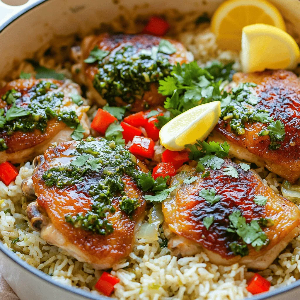 For One-Pot Chimichurri Chicken Rice, you will need: - 4 boneless, skinless chicken thighs - 1 cup long-grain rice - 2 cups chicken broth - 1/4 cup chimichurri sauce (store-bought or homemade) - 1 red bell pepper, diced - 1 small onion, chopped - 3 cloves garlic, minced - 1 teaspoon smoked paprika - 1/2 teaspoon black pepper - Salt to taste - 1 tablespoon olive oil - Fresh cilantro or parsley for garnish - Lemon wedges for serving You can swap some ingredients if needed. If you can’t find chicken thighs, chicken breasts work well too. You can use any long-grain rice, like jasmine or basmati, if you prefer. For a vegetarian option, replace chicken with canned beans or tofu. Use vegetable broth instead of chicken broth for a lighter flavor. If you don’t have chimichurri sauce, a mix of olive oil, vinegar, and herbs can be a good substitute. Fresh chimichurri brings vibrant flavor to this dish. It combines herbs, garlic, and oil, making it fresh and zesty. Using store-bought chimichurri is okay, but nothing beats homemade. When you make it yourself, you can adjust flavors to your taste. Fresh herbs add brightness and depth, enhancing the overall dish. The right balance of acidity and herbs makes each bite special. Trust me, don’t skip this step; it’s key to a flavorful meal! Start by heating olive oil in a large skillet. Set the heat to medium. Add the chopped onion and diced red bell pepper. Sauté these for about 3-4 minutes until they soften. Next, add minced garlic and smoked paprika. Stir them for 1-2 minutes until they smell good. Now, season the chicken thighs with salt and black pepper. Push the veggies to one side of the pot and add the chicken. Sear the thighs for about 5 minutes on each side. They should turn a nice brown color. Once the chicken is browned, add the rice to the pot. Stir it well to coat with the oil and flavors. Now, pour in the chicken broth and add the chimichurri sauce. Stir everything together gently. Bring the mixture to a boil, then reduce the heat to low and cover. Let it simmer for 20-25 minutes until the rice is tender and has soaked up the liquid. To get the best sear on your chicken, make sure the pan is hot. This helps create a nice crust. Don't move the chicken around too much. Let it cook undisturbed for the first 5 minutes. Flip it only when it is golden brown. Use a meat thermometer to check the doneness. The chicken should reach 165°F. This way, it stays juicy and safe to eat. After 20-25 minutes, check the rice. Fluff it with a fork to see if it's tender. If it feels firm or crunchy, add a splash of broth and cover again. Let it cook for a few more minutes. Once done, the rice should be soft and the chicken fully cooked. Enjoy the delightful mix of flavors! One-pot cooking saves time and cleanup. To make it work, choose a large pot. This way, all the ingredients fit nicely. Start with the vegetables. Sauté them first for great flavor. Then, add the chicken and sear it well. This locks in juices. Once the chicken is browned, add the rice. Stir it well to mix all the flavors. Finally, pour in the broth and chimichurri sauce together. This method keeps everything moist and tasty. You can boost flavor in your One-Pot Chimichurri Chicken Rice. Try adding a splash of lime juice for brightness. Fresh herbs like basil or oregano can add depth. If you like heat, toss in some sliced jalapeños. For a smoky taste, add more smoked paprika. You can even mix in peas or corn for extra texture. These small changes can transform your dish into something special. For a perfect meal, serve your dish hot straight from the pot. Garnish with fresh cilantro or parsley. This adds a pop of color. Lemon wedges on the side bring a fresh zing. You can pair this dish with a simple green salad. A light vinaigrette works well. If you want more carbs, serve with crusty bread. This meal is filling, tasty, and sure to impress! {{image_2}} You can switch the chicken for fish or tofu. Fish cooks fast and adds a light taste. Try salmon or tilapia for a great flavor. For tofu, choose firm blocks. Press it to remove water. Cube the tofu and cook it until golden. This keeps the dish tasty and fun. To make a vegetarian version, skip the meat and add more veggies. You can use mushrooms, zucchini, or spinach. Sauté them just like the onions and peppers. This adds color and nutrition. You can also use vegetable broth for extra flavor. It makes the dish hearty and satisfying without meat. If you love heat, add jalapeños or red pepper flakes. Chop fresh jalapeños and sauté them with the onions. For a milder kick, sprinkle red pepper flakes when you add the rice. This spicy twist gives your dish a nice zing. It wakes up the flavors and makes every bite exciting! After you enjoy your One-Pot Chimichurri Chicken Rice, store leftovers in an airtight container. Let the dish cool first, then seal it well. It keeps nicely in the fridge for up to three days. For best taste, eat it within that time. When you’re ready to eat the leftovers, reheat them gently. Use a microwave or a skillet. If using a microwave, add a splash of chicken broth or water. This keeps the rice moist. Heat it in short bursts, stirring in between, until warmed through. If using a skillet, add a little oil and warm it over medium heat, stirring often. You can freeze this dish too! Place cooled leftovers in a freezer-safe container. It can stay in the freezer for up to three months. When you want to eat it, thaw it overnight in the fridge. Reheat it as mentioned above for the best taste and texture. Enjoy your meal! Yes, you can make chimichurri sauce at home. It is easy and quick. You need fresh herbs, garlic, vinegar, and oil. Most recipes call for parsley, oregano, and red pepper flakes. Mix all the ingredients in a food processor. This makes a sauce that is bright and zesty. Homemade chimichurri adds a personal touch to your dish. You can adjust the spice to your liking. Long-grain rice works best for this recipe. It stays fluffy and separate. You can also use jasmine or basmati rice for added flavor. These types of rice absorb the broth well. Avoid short-grain rice, as it can become sticky and clump together. Always rinse your rice before cooking to remove excess starch. This helps achieve the perfect texture in your dish. To ensure chicken is tender and juicy, start with thighs instead of breasts. Thighs have more fat, making them juicy. Season the chicken well with salt and pepper. Searing the chicken on both sides locks in the juices. Cook it until it reaches 165°F internally. Let the chicken rest after cooking. This helps keep it moist and flavorful. You learned about key ingredients and ways to enhance your dish. I shared step-by-step instructions to help you cook with confidence. Remember to explore flavor variations and storage tips for leftovers. Cooking can be fun and creative. Use what you have on hand and try new ideas. Easy recipes like this can bring joy and satisfaction. I hope you enjoy making this meal as much as I do. Happy cooking!