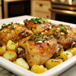 - 4 chicken thighs, bone-in and skin-on - 4 medium potatoes, diced into cubes - 6 cloves garlic, minced - 3 tablespoons olive oil Chicken thighs give a rich flavor. I love the crispy skin when cooked right. Potatoes add heartiness and soak up all the tasty juices. Garlic brings a punch of flavor that makes this dish shine. Olive oil helps with cooking and adds a nice finish. - 2 teaspoons dried thyme - 2 teaspoons dried rosemary - 1 teaspoon paprika - 1 lemon, zested and juiced Thyme and rosemary add a lovely herbal note. Paprika gives a hint of warmth and color. Lemon zest and juice brighten the dish, balancing the rich flavors. This mix creates a flavorful harmony that makes every bite special. - Fresh parsley, chopped (for garnish) - Salt and pepper, to taste Fresh parsley not only adds color but also freshness. Adjust salt and pepper to your taste. This final touch makes the dish pop and enhances the overall experience. Enjoy the burst of flavors in every bite! - Preheat your oven to 425°F (220°C). - Dice the potatoes into small cubes. This helps them cook evenly. - In a bowl, combine chicken thighs with lemon zest and juice. - Add salt and pepper to the chicken. Mix well to coat it fully. - Spread the seasoned potatoes evenly across a large sheet pan. - Place the chicken thighs on top of the potatoes, skin side up. - Roast the pan in the oven for 30 to 35 minutes. The chicken should reach 165°F (75°C) internally, and the potatoes should be golden and tender. To ensure even cooking, cut your potatoes into uniform cubes. This helps them cook at the same rate. Arrange the chicken thighs on top of the potatoes. This way, the chicken drips its juices down, adding flavor. For crispy skin, start with dry chicken thighs. Pat them with paper towels before seasoning. The dry skin will crisp up nicely in the oven. Baking at a high temperature of 425°F (220°C) also helps achieve that golden brown finish. You can boost flavor by adding more herbs. Try fresh thyme or rosemary if you have them. You can also add spices like onion powder or black pepper for extra depth. Balancing acidity is key, so use lemon wisely. The zest adds brightness, while the juice cuts through the richness. This balance makes every bite taste fresh and lively. For the best results, use a heavy-duty sheet pan. It helps with heat distribution and browning. If you have a rimmed baking sheet, that works great too. You can also use a baking dish if you prefer. A shallow dish allows for better air flow, helping the chicken and potatoes to roast evenly. Whichever you choose, make sure it fits all your ingredients without crowding. {{image_2}} You can easily swap chicken thighs for chicken breast or drumsticks. Chicken breast cooks faster, so check it early. Drumsticks give a juicy bite and add flavor. For a vegetarian option, try tofu. Press and cube firm tofu. Marinate it like chicken for a tasty meal. Feel free to add more veggies. Carrots, bell peppers, and zucchini work great. They roast nicely and soak up flavor. You can also swap in seasonal vegetables. In fall, use butternut squash. In summer, toss in fresh corn. Each swap brings new flavors and colors. Mix up the seasonings for a twist. An Italian herb blend adds a nice touch. Use basil, oregano, and thyme for a fresh taste. For heat, try adding chili flakes. This spicy version wakes up the dish and adds depth. Feel free to play with flavors to match your mood! To store leftovers, let them cool completely. Place the chicken and potatoes in a shallow dish. Cover it tightly with plastic wrap or a lid. You can also use airtight containers. This keeps out air and moisture. Use glass or plastic containers that seal well. This helps the food last longer in the fridge. You can store them for up to three days. If you want to save some for later, freezing is a great option. Divide the meal into portions. Use freezer-safe bags or containers. Remove as much air as possible to prevent freezer burn. Thaw the chicken and potatoes in the fridge overnight before cooking. To reheat, use the oven or microwave. Make sure the food is heated to 165°F (75°C) before eating. For the best taste, eat leftovers within three days. When freezing, use within three months. Always check for signs of spoilage. Look for any off smells or changes in color. If the chicken feels slimy or the potatoes look brown, throw them away. Keeping food in good condition is key to enjoying your meal later. Yes, you can use boneless chicken thighs. They cook faster than bone-in thighs. Reduce the cooking time to about 25-30 minutes. Always check the chicken for doneness to be safe. You can check if the chicken is cooked through by using a meat thermometer. The internal temperature should reach 165°F (75°C). This ensures the chicken is safe to eat. If you don’t have a thermometer, make a cut in the thickest part. The juices should run clear, not pink. Many sides go well with this dish. Try steamed green beans or roasted carrots. A fresh salad adds a nice crunch. For salads, consider a simple mixed green salad. You can also serve dips like tzatziki or hummus on the side for extra flavor. This recipe for Garlic Herb Chicken and Potatoes is simple yet satisfying. We explored key ingredients like chicken thighs, potatoes, and herbs that add flavor. I shared step-by-step instructions to guide you through the cooking process. Tips for perfecting the dish and ideas for variations help keep things fresh. Don't forget to store leftovers properly to enjoy later. Happy cooking! You’ll impress yourself and others with this meal.