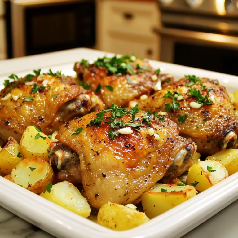- 4 chicken thighs, bone-in and skin-on - 4 medium potatoes, diced into cubes - 6 cloves garlic, minced - 3 tablespoons olive oil Chicken thighs give a rich flavor. I love the crispy skin when cooked right. Potatoes add heartiness and soak up all the tasty juices. Garlic brings a punch of flavor that makes this dish shine. Olive oil helps with cooking and adds a nice finish. - 2 teaspoons dried thyme - 2 teaspoons dried rosemary - 1 teaspoon paprika - 1 lemon, zested and juiced Thyme and rosemary add a lovely herbal note. Paprika gives a hint of warmth and color. Lemon zest and juice brighten the dish, balancing the rich flavors. This mix creates a flavorful harmony that makes every bite special. - Fresh parsley, chopped (for garnish) - Salt and pepper, to taste Fresh parsley not only adds color but also freshness. Adjust salt and pepper to your taste. This final touch makes the dish pop and enhances the overall experience. Enjoy the burst of flavors in every bite! - Preheat your oven to 425°F (220°C). - Dice the potatoes into small cubes. This helps them cook evenly. - In a bowl, combine chicken thighs with lemon zest and juice. - Add salt and pepper to the chicken. Mix well to coat it fully. - Spread the seasoned potatoes evenly across a large sheet pan. - Place the chicken thighs on top of the potatoes, skin side up. - Roast the pan in the oven for 30 to 35 minutes. The chicken should reach 165°F (75°C) internally, and the potatoes should be golden and tender. To ensure even cooking, cut your potatoes into uniform cubes. This helps them cook at the same rate. Arrange the chicken thighs on top of the potatoes. This way, the chicken drips its juices down, adding flavor. For crispy skin, start with dry chicken thighs. Pat them with paper towels before seasoning. The dry skin will crisp up nicely in the oven. Baking at a high temperature of 425°F (220°C) also helps achieve that golden brown finish. You can boost flavor by adding more herbs. Try fresh thyme or rosemary if you have them. You can also add spices like onion powder or black pepper for extra depth. Balancing acidity is key, so use lemon wisely. The zest adds brightness, while the juice cuts through the richness. This balance makes every bite taste fresh and lively. For the best results, use a heavy-duty sheet pan. It helps with heat distribution and browning. If you have a rimmed baking sheet, that works great too. You can also use a baking dish if you prefer. A shallow dish allows for better air flow, helping the chicken and potatoes to roast evenly. Whichever you choose, make sure it fits all your ingredients without crowding. {{image_2}} You can easily swap chicken thighs for chicken breast or drumsticks. Chicken breast cooks faster, so check it early. Drumsticks give a juicy bite and add flavor. For a vegetarian option, try tofu. Press and cube firm tofu. Marinate it like chicken for a tasty meal. Feel free to add more veggies. Carrots, bell peppers, and zucchini work great. They roast nicely and soak up flavor. You can also swap in seasonal vegetables. In fall, use butternut squash. In summer, toss in fresh corn. Each swap brings new flavors and colors. Mix up the seasonings for a twist. An Italian herb blend adds a nice touch. Use basil, oregano, and thyme for a fresh taste. For heat, try adding chili flakes. This spicy version wakes up the dish and adds depth. Feel free to play with flavors to match your mood! To store leftovers, let them cool completely. Place the chicken and potatoes in a shallow dish. Cover it tightly with plastic wrap or a lid. You can also use airtight containers. This keeps out air and moisture. Use glass or plastic containers that seal well. This helps the food last longer in the fridge. You can store them for up to three days. If you want to save some for later, freezing is a great option. Divide the meal into portions. Use freezer-safe bags or containers. Remove as much air as possible to prevent freezer burn. Thaw the chicken and potatoes in the fridge overnight before cooking. To reheat, use the oven or microwave. Make sure the food is heated to 165°F (75°C) before eating. For the best taste, eat leftovers within three days. When freezing, use within three months. Always check for signs of spoilage. Look for any off smells or changes in color. If the chicken feels slimy or the potatoes look brown, throw them away. Keeping food in good condition is key to enjoying your meal later. Yes, you can use boneless chicken thighs. They cook faster than bone-in thighs. Reduce the cooking time to about 25-30 minutes. Always check the chicken for doneness to be safe. You can check if the chicken is cooked through by using a meat thermometer. The internal temperature should reach 165°F (75°C). This ensures the chicken is safe to eat. If you don’t have a thermometer, make a cut in the thickest part. The juices should run clear, not pink. Many sides go well with this dish. Try steamed green beans or roasted carrots. A fresh salad adds a nice crunch. For salads, consider a simple mixed green salad. You can also serve dips like tzatziki or hummus on the side for extra flavor. This recipe for Garlic Herb Chicken and Potatoes is simple yet satisfying. We explored key ingredients like chicken thighs, potatoes, and herbs that add flavor. I shared step-by-step instructions to guide you through the cooking process. Tips for perfecting the dish and ideas for variations help keep things fresh. Don't forget to store leftovers properly to enjoy later. Happy cooking! You’ll impress yourself and others with this meal.