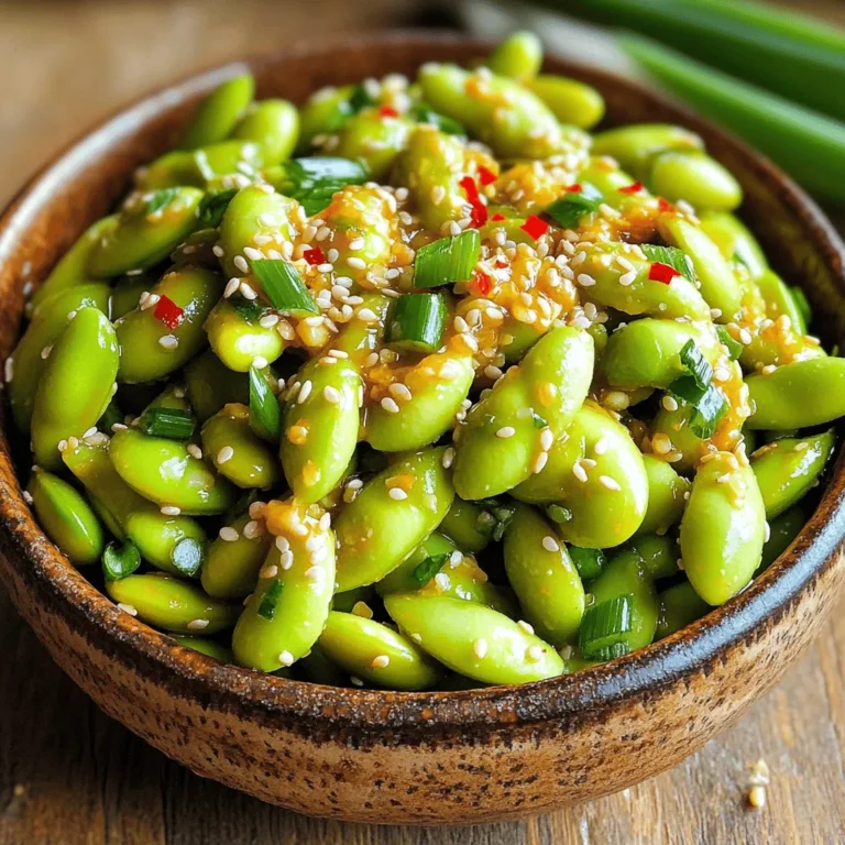 To make spicy garlic edamame, gather these items: - 2 cups edamame in pods (fresh or frozen) - 3 tablespoons olive oil - 4 cloves garlic, minced - 1-2 teaspoons red pepper flakes (adjust for spice preference) - 1 tablespoon soy sauce - 1 tablespoon sesame oil - 1 teaspoon freshly grated ginger - Salt, to taste - Toasted sesame seeds, for garnish - Chopped green onions, for garnish You can use fresh or frozen edamame. Fresh edamame tastes great and often has a crunch. It is easy to find, especially in season. Frozen edamame is convenient and saves time. You can cook it quickly while still keeping its bright color. Both options also offer similar health benefits. Garnishes can elevate your dish. I recommend toasted sesame seeds for a nutty flavor. Chopped green onions add a fresh crunch. You can also try a squeeze of lime for a citrus kick. These simple additions make your dish more colorful and tasty. To start, bring a large pot of salted water to a boil. If you use frozen edamame, add the pods and cook for 4 to 5 minutes. This helps them become tender and bright green. If you have fresh edamame, just rinse it and pat it dry. Once cooked, drain the edamame and set it aside. Next, grab a large skillet and heat it over medium heat. Pour in 3 tablespoons of olive oil. Then, add 4 cloves of minced garlic. Sauté the garlic for 1 to 2 minutes. You want it to smell great and turn golden. Be careful not to burn the garlic; burnt garlic tastes bitter. Now it's time to bring everything together. Add the cooked edamame to the skillet with the garlic. Sprinkle in 1 to 2 teaspoons of red pepper flakes, depending on how spicy you like it. Pour in 1 tablespoon of soy sauce, 1 tablespoon of sesame oil, and add 1 teaspoon of freshly grated ginger. Toss everything together. Cook for 2 to 3 more minutes. This allows the flavors to mix well. Season with salt to taste. Adjust the spice or seasonings as you like. Remove from heat and transfer your spicy garlic edamame to a serving bowl. Garnish it with toasted sesame seeds and chopped green onions. Enjoy your snack! To get the best garlic flavor, use fresh garlic. Fresh garlic has a strong taste that adds depth to your dish. Mince the garlic finely for even cooking. Sauté it on medium heat. This releases its natural oils and aromas. Keep an eye on it, as garlic can burn quickly. If it burns, it turns bitter. You want it golden brown, not dark. You can easily change the spice level in this recipe. Start with one teaspoon of red pepper flakes if you prefer mild heat. Taste your edamame as you cook. If you want more heat, add more red pepper flakes. You can also use fresh chili peppers for a different kick. Just chop them finely and add them with the garlic. Spicy garlic edamame is great on its own or as a side dish. Serve it warm in a bowl. Top it with toasted sesame seeds and chopped green onions to make it look nice. It pairs well with rice or noodles. You can also enjoy it with a cold drink. This snack is perfect for movie nights or gatherings with friends. {{image_2}} Add a zesty twist to your spicy garlic edamame by using lime. After cooking, squeeze fresh lime juice over the dish. The bright flavor of lime will enhance the garlic and spice. You can also sprinkle lime zest on top for extra zing. This simple tweak gives your snack a fresh taste that lifts your mood. Want to make your edamame snack heartier? Consider adding protein. Cooked shrimp, grilled chicken, or tofu work well. Toss them in during the last few minutes of cooking. This will allow the flavors to blend. The extra protein makes the dish more filling and helps you stay satisfied longer. For vegetarian or vegan options, keep the base recipe intact. Use soy sauce, which is already plant-based. Ensure you use a vegan-friendly brand. If you want more texture, add nuts like cashews or almonds. They add crunch and flavor. This way, you enjoy a tasty and healthy snack that fits your dietary needs. To store leftover spicy garlic edamame, let it cool first. Place the edamame in an airtight container. It stays fresh in the fridge for up to three days. If you want to keep it longer, freezing is a great option. When you’re ready to enjoy your leftovers, reheating is simple. You can microwave the edamame for about one to two minutes. Stir halfway through to heat evenly. If you prefer, you can reheat it in a skillet. Just add a splash of olive oil and heat over medium-low until warm. To freeze spicy garlic edamame, follow these steps. First, cool it completely. Then, spread it out on a baking sheet. This prevents clumping. Freeze for about one hour. Once frozen, transfer it to a freezer bag. It can last up to three months. When you're ready to eat, cook it straight from the freezer without thawing. Enjoy the spicy goodness anytime! Yes, you can use frozen edamame. It is a great option when fresh edamame isn't available. To prepare it, boil salted water in a large pot. Add the frozen edamame pods and cook for about 4-5 minutes. They will become tender and ready for the next steps. To make a quick dipping sauce, mix soy sauce with a splash of sesame oil. You can also add a bit of grated ginger for extra flavor. This simple sauce pairs well with the spicy garlic edamame and enhances the taste. Yes, spicy garlic edamame is a healthy snack. Edamame is high in protein and fiber. It also contains vitamins and minerals. The olive oil adds healthy fats, while garlic offers many health benefits. Overall, this snack is a tasty and nutritious choice. You learned about the key ingredients for making garlic edamame, including fresh and frozen options. I shared easy cooking steps, tips for flavor, and ideas for variations. Don’t forget to store leftovers and use them later. Enjoy experimenting with spice levels and garnishes to make this dish your own. Whether you choose to keep it simple or add protein, garlic edamame is a tasty snack. Keep your cooking fun, quick, and full of flavor!
