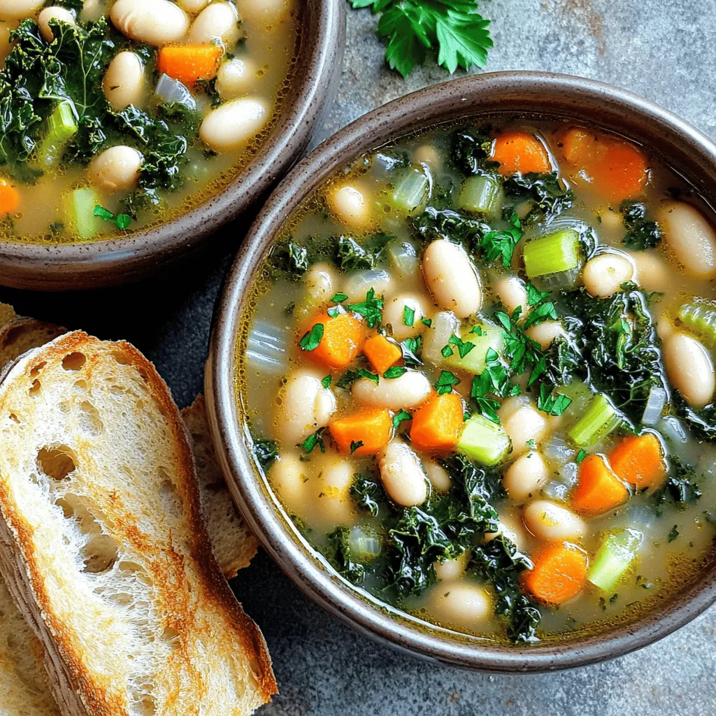 For this soup, you need simple and fresh items. Here’s what to gather: - 1 can (15 oz) white beans, drained and rinsed (like Cannellini or Great Northern) - 4 cups vegetable broth - 2 cups kale, chopped (remove stems) - 1 medium onion, diced - 2 carrots, diced - 2 celery stalks, diced - 3 garlic cloves, minced - 1 teaspoon dried thyme - 1 teaspoon dried oregano - 1/2 teaspoon red pepper flakes (adjust to taste) - Salt and pepper to taste - 2 tablespoons olive oil - Juice of 1 lemon - Fresh parsley for garnish (optional) These ingredients create a cozy and hearty soup. The beans provide protein and fiber, while the kale adds vitamins. You can add more to make the soup taste even better. Here are some ideas: - A bay leaf for depth - A splash of white wine for acidity - A few diced tomatoes for sweetness - A pinch of paprika for smokiness These extras can enhance the flavors and make the dish unique to your taste. This soup is not just tasty; it’s also good for you. Here’s why: - High in fiber: Beans and kale help with digestion. - Rich in vitamins: Kale is full of vitamins A, C, and K. - Low in fat: This soup is a heart-friendly choice. - Vegan and gluten-free: Great for many diets. Enjoy a bowl of this soup, knowing it fuels your body with nutrients. Plus, it feels like a warm hug on a cold day! Start with fresh veggies for the best taste. Dice the onion, carrots, and celery into small pieces. This helps them cook evenly. Mince the garlic finely to release its strong flavor. Chop the kale, making sure to remove the tough stems. This keeps the soup light and tender. Sautéing adds depth to your soup. Heat olive oil in a pan over medium heat. Add the diced onion, carrots, and celery. Stir them for 5 to 7 minutes until soft. Then, add the minced garlic and stir for another minute. This step is optional but boosts the soup's flavor. If you skip it, the soup will still taste great. Once your veggies are ready, it’s time to combine everything. In your slow cooker, add the sautéed vegetables. If you chose not to sauté, just toss in the raw veggies. Next, add the drained white beans and chopped kale. Pour in the vegetable broth and sprinkle in thyme, oregano, red pepper flakes, salt, and pepper. Stir well to mix. Now, cover the slow cooker. Set it to low for 6 to 8 hours or high for 4 hours. The longer it cooks, the better the flavors blend. About 10 minutes before you serve, add the lemon juice. This brightens the taste and makes the soup even tastier. Adjust salt and pepper to your liking. Now you're ready to serve! To make your soup shine, use fresh herbs. Fresh parsley or thyme adds a nice touch. Dried herbs also work well if fresh ones aren't available. Add thyme and oregano when you put in the broth. This lets the flavors blend and grow. You can also try bay leaves. Just remember to remove them before serving. A squeeze of lemon juice at the end brightens the dish. It wakes up all the flavors. Red pepper flakes pack a punch. Start with half a teaspoon, then taste. If you want more heat, add more. Remember, it’s easy to add but hard to take away. You can also use fresh chili peppers if you like. Just chop them finely and add to the pot. Always mix well and let it cook for a bit before tasting again. Texture is key in soup. For a creamier feel, mash some beans in the pot. Use a fork or a potato masher. Mixing in pureed beans gives a smooth base. You can also add more kale near the end. This keeps it vibrant and tender. If you like a thicker soup, cook it longer with the lid off. This helps some liquid evaporate. Adjust the broth amount based on your texture preference. {{image_2}} To make this soup heartier, consider adding chicken or sausage. For chicken, use boneless, skinless thighs or breasts. Dice them into bite-sized pieces. Add them to the slow cooker at the same time as the vegetables. For sausage, use Italian sausage for extra flavor. Remove the casing and crumble the sausage before adding it. This gives your soup a rich, savory taste. If you want to keep it vegan, you have many options. Instead of chicken or sausage, try using plant-based sausage. You can also add more beans for protein. Chickpeas or lentils work well here. They add texture and nutrition without meat. You can also enhance flavors with smoked paprika for a deeper taste. Mixing in seasonal veggies can change the flavor profile. In spring, consider adding peas or asparagus for freshness. In fall, pumpkin or butternut squash can add sweetness. In winter, root vegetables like parsnips or turnips work great. Each swap brings a new taste to the soup. Be creative and use what is fresh and available! Once you finish your soup, let it cool first. Pour it into a clean container. Make sure to leave some space at the top. This space helps when the soup expands as it freezes. Seal the container tightly. Store it in the fridge if you plan to eat it within three days. If you want to keep it longer, you can freeze it. To freeze your soup, use an airtight container or freezer bag. Divide the soup into portions. This way, you can thaw only what you need. Label the containers with the date. Frozen soup stays good for about three months. When ready to eat, just take it out and let it thaw in the fridge overnight. To reheat your soup, pour it into a pot on the stove. Heat it over medium heat. Stir it often to avoid sticking. If the soup seems thick, add a splash of broth or water. This keeps the texture nice. You can also use the microwave. Place it in a microwave-safe bowl. Heat in 30-second intervals, stirring in between. Enjoy your tasty soup again! Yes, you can use dried beans. Soak them overnight for best results. Use about 1 cup of dried beans. After soaking, cook them in the slow cooker with extra water. Make sure the beans are soft before serving. You can use spinach or Swiss chard instead of kale. Both options add good nutrients. Spinach cooks faster, so add it later in the cooking time. Swiss chard works well and adds a nice color. This soup is mostly gluten-free as is. Just ensure your vegetable broth is gluten-free. Check the label of the broth for any gluten ingredients. All the other ingredients are gluten-free. Enjoy this hearty soup worry-free! This blog post covered the key steps to make Slow Cooker White Bean & Kale Soup. We explored essential and optional ingredients, highlighted health benefits, and shared tips for great flavor. You learned how to adjust spices, add protein, and store leftovers. I hope this guide inspires you to create a hearty and healthy soup. Enjoy your cooking!