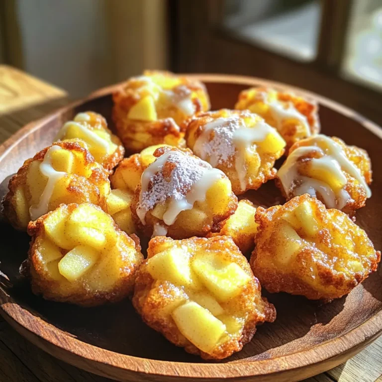 To make Air Fryer Apple Fritter Bites, you will need: - 2 medium apples, peeled, cored, and diced - 1 cup all-purpose flour - 1/4 cup granulated sugar - 1 tablespoon baking powder - 1/2 teaspoon cinnamon - 1/4 teaspoon nutmeg - 1/2 teaspoon salt - 1 large egg - 1/2 cup milk - 1 teaspoon vanilla extract - 1/3 cup powdered sugar (for icing) - 1 tablespoon milk (for icing) I recommend using firm apples for this recipe. Good choices are: - Granny Smith - Honeycrisp - Fuji These apples add a nice balance of sweetness and tartness. Their crispness holds up well in the air fryer, giving your fritter bites a great texture. If you need to make swaps, here are some easy ideas: - Use whole wheat flour instead of all-purpose flour for a healthier option. - Swap granulated sugar with brown sugar for a deeper flavor. - If you don't have milk, use almond milk or oat milk as a substitute. - You can replace the egg with a flaxseed meal mix for a vegan version. Feel free to get creative with your ingredients. Cooking should be fun and flexible! First, you need to prepare the apples. Take two medium apples, peel them, core them, and dice them into small pieces. In a medium bowl, mix the diced apples with a sprinkle of cinnamon. Set this bowl aside for now. Next, grab a large mixing bowl. Combine 1 cup of all-purpose flour, 1/4 cup of granulated sugar, 1 tablespoon of baking powder, 1/2 teaspoon of cinnamon, 1/4 teaspoon of nutmeg, and 1/2 teaspoon of salt. Whisk these dry ingredients together until they blend well. In a separate bowl, whisk together 1 large egg, 1/2 cup of milk, and 1 teaspoon of vanilla extract. Slowly add this wet mixture to your dry ingredients. Stir just until everything combines. Don't overmix. Now, gently fold in the diced apples. Make sure the apples are evenly spread throughout the batter. This step adds great flavor to every bite. Before air frying, preheat your air fryer to 350°F (175°C). While it warms up, lightly spray the air fryer basket with cooking spray. This helps the fritter bites not stick. Using a tablespoon, drop spoonfuls of the batter into the basket. Make sure not to overcrowd it. You might need to cook in batches for the best results. Air fry the fritter bites for 8-10 minutes. Watch for them to turn golden brown and look cooked through. They should smell amazing while they cook! While the fritter bites air fry, it's time to make the icing. In a small bowl, whisk together 1/3 cup of powdered sugar and 1 tablespoon of milk. Keep mixing until it becomes smooth. If the icing is too thick, add a little more milk until you reach the right consistency. Once the fritter bites are done, remove them from the air fryer. Let them cool for a few minutes. Drizzle the icing over the tops before you serve them warm. Enjoy this tasty snack! To achieve a great texture, you need to avoid over-mixing. Stir the batter until the dry and wet ingredients just blend. This helps keep the fritter bites light. Also, make sure your apples are diced small. Smaller pieces cook faster and blend well in the batter. Most air fryers cook at a similar time. However, some may run hotter. For most models, air fry at 350°F for 8-10 minutes. Check your fritter bites at 8 minutes. If they’re not golden, cook for another minute or two. Always use a toothpick to test if they are done. To boost flavor, add more spices. A pinch of ginger or allspice adds warmth. For a sweeter twist, mix in some brown sugar. You can also experiment with flavored extracts, like almond or maple, instead of vanilla. Lastly, for a fun topping, sprinkle some chopped nuts or toasted coconut on the icing. {{image_2}} You can make these fritter bites even better by adding nuts or dried fruits. Try adding chopped walnuts or pecans. They add a nice crunch and flavor. Dried cranberries or raisins also work well. Just mix them in with the apples. Remember, this is all about your taste! If you need a gluten-free version, swap the all-purpose flour. Use a gluten-free flour blend instead. Check that it has a good binding agent. This will keep the fritters from crumbling. The taste will still be great, and everyone can enjoy them. You can play with flavors in these fritters. Try adding a swirl of caramel or chocolate chips to the batter. This will give a sweet surprise in every bite. You can also add a dash of maple syrup for a unique flavor. These small tweaks can change the whole snack! Store your leftover fritter bites in an airtight container. This keeps them fresh and tasty. Make sure they cool completely before you pack them away. You can keep them in the fridge for up to three days. If you want to keep them longer, freeze them for up to two months. Just remember to wrap each fritter well in plastic wrap before freezing. To reheat, take the fritter bites out of the fridge or freezer. If frozen, let them thaw in the fridge overnight. For refrigeration, simply place them in the air fryer at 350°F for about 3-5 minutes. This makes them warm and crisp again. You can also use a microwave for about 20-30 seconds, but they won’t be as crispy. Use glass or plastic containers with tight-fitting lids for storage. Glass containers are great because they do not stain and are easy to clean. If you choose plastic, make sure it is BPA-free. For freezing, use freezer-safe bags or containers to prevent freezer burn. Yes, you can use frozen apples. Just thaw and drain them first. This helps avoid extra moisture in your fritter bites. Frozen apples can work well, but fresh apples give a better taste and texture. If you choose frozen, chop them into small pieces. This way, they mix well into the batter. You can enjoy these fritter bites on their own or with a dip. I love serving them with vanilla ice cream or whipped cream. A warm caramel sauce also pairs perfectly. You can even sprinkle some cinnamon sugar on top for extra flavor. A cup of hot cider or coffee makes a nice drink option, too. To make these fritter bites healthier, try a few simple swaps. Use whole wheat flour instead of all-purpose flour. This adds fiber and nutrients. You can also cut down on sugar by using a sugar substitute. Another option is to bake them instead of air frying. This reduces the fat content. You might also skip the icing or use a yogurt-based topping for a lighter choice. Air Fryer Apple Fritter Bites are easy and fun to make. You learned about the best apples, how to substitute ingredients, and the simple steps to perfect your fritters. Tips for texture and cooking time will help you achieve great results. You can even try fun variations and store leftover bites easily. Remember, these fritters can be sweet or healthy. Experiment with flavors and enjoy the process! Happy cooking!