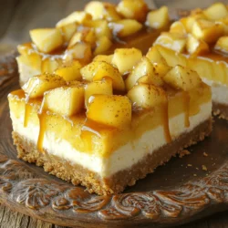 - 1 ½ cups graham cracker crumbs - ½ cup unsalted butter, melted - ¼ cup granulated sugar - 16 oz cream cheese, softened - ¾ cup granulated sugar - 2 large eggs - 1 tsp vanilla extract - 1 tsp ground cinnamon - 2 cups apples, peeled and diced - ¼ cup brown sugar - 1 tsp cinnamon - ½ tsp nutmeg - 2 tablespoons lemon juice - Store-bought or homemade caramel sauce The warm caramel apple cinnamon cheesecake bars start with a buttery crust. The crust holds the flavors in and gives a great base. I like to use graham cracker crumbs for a sweet and crunchy texture. Simply mix the crumbs with melted butter and sugar. Press this mixture into your baking pan for a sturdy base. Next, I focus on the cheesecake layer. Cream cheese is the star here. It creates a rich and creamy layer. I beat it with sugar until smooth. Adding eggs one by one helps keep the mixture light. I also add vanilla and cinnamon for a warm flavor. The apple topping adds a fresh twist. I choose Granny Smith or Honeycrisp apples for their sweet and tart taste. After peeling and dicing them, I mix them with brown sugar, cinnamon, and nutmeg. Lemon juice brightens the flavor and keeps the apples from browning. Finally, no cheesecake is complete without caramel. You can use store-bought or make your own. Drizzling it on top right before serving makes these bars extra special. This mix of ingredients creates a delightful dessert that everyone will love. - Preheat the oven to 325°F (163°C). - Line a 9x9 inch baking pan with parchment paper. This makes it easy to lift the bars out later. - In a bowl, combine 1 ½ cups graham cracker crumbs, ½ cup melted butter, and ¼ cup granulated sugar. - Mix until the crumbs look like wet sand. - Press this mixture evenly into the bottom of the pan. Bake for 8-10 minutes until lightly golden. Remove from the oven and let it cool. - In a large bowl, beat 16 oz softened cream cheese with ¾ cup granulated sugar until smooth. - Add 2 large eggs, mixing well after each one. Then stir in 1 tsp vanilla extract and 1 tsp ground cinnamon until combined. - In another bowl, mix 2 cups diced apples with ¼ cup brown sugar, 1 tsp cinnamon, ½ tsp nutmeg, and 2 tbsp lemon juice. - Toss well to coat the apples in the sugar and spices. - Spread this apple mixture evenly over the cheesecake layer. Press the apples in gently. - Bake in the preheated oven for 40-45 minutes. Check for doneness. The edges should be lightly golden, and the center may jiggle a bit. - Once done, cool at room temperature for at least 30 minutes. Then, refrigerate for at least 2 hours before slicing. - Just before serving, drizzle the cooled bars with caramel sauce. This adds a sweet touch to each bite. To get that perfect cheesecake layer, start with room temperature ingredients. This helps your cream cheese mix smoothly. A smooth mixture is key to avoiding lumps in your cheesecake. When mixing, be gentle. Overmixing can cause cracks in your bars. Mix until just combined for the best texture. This simple tip makes a big difference. For great flavor, I recommend using Granny Smith or Honeycrisp apples. These apples give a nice tartness that balances the sweetness of the caramel and cheesecake. When selecting apples, look for firm ones without bruises. The skin should be smooth and shiny. Fresh apples will add a crisp bite to your dessert. Presentation matters! Serve your cheesecake bars on a decorative plate. Dust with powdered sugar for a nice touch. A drizzle of caramel on top adds sweetness and flair. You can also sprinkle a bit of extra cinnamon for a pop of color. Pair these bars with a scoop of vanilla ice cream or a dollop of whipped cream. These sides enhance the flavors and make the dessert even more special. {{image_2}} You can change the flavor of these bars in fun ways. Adding spices can make a big difference. Try using ginger or allspice for a warm taste. They add depth and a nice kick. You can also mix in nuts. Chopped pecans or walnuts add a nice crunch. If you love caramel, sprinkle some caramelized pecans on top. They bring a sweet, nutty flavor that pairs well with apples. To make the bars a bit healthier, swap in low-fat cream cheese. This keeps the creamy texture while cutting calories. You can also use whole grain graham crackers for the crust. They add fiber and a nutty flavor. These small changes can make your dessert a bit better for you while still tasting great. If you need gluten-free options, there are great alternatives. Look for gluten-free graham crackers at the store. They work just as well in the crust. You can also make your own crust using ground nuts or oats. Just make sure they are gluten-free. Adjusting the recipe is easy and still lets everyone enjoy these tasty cheesecake bars. To keep your Warm Caramel Apple Cinnamon Cheesecake Bars fresh, store them in the refrigerator. Place the bars in an airtight container. This keeps them moist and tasty. They stay fresh for about 5 days. If you want to enjoy them longer, consider freezing them instead. Freezing these cheesecake bars is simple. First, cut them into squares. Wrap each square in plastic wrap. Next, place the wrapped bars in a freezer bag. Remove as much air as possible before sealing. This helps prevent freezer burn. To thaw, move the bars to the fridge overnight before serving. Enjoy them cold or warm! If you want your bars warm, preheat your oven to 350°F (175°C). Place the bars on a baking sheet. Heat for about 10 minutes. This warms them without drying them out. If you want to keep the caramel gooey, drizzle extra caramel sauce on top after reheating. I love using Granny Smith or Honeycrisp apples. Granny Smith apples add a nice tartness that balances the sweet cheesecake. Honeycrisp apples are sweet and crisp, adding a great texture and flavor. Both types hold up well during baking, making them perfect for these bars. Yes, you can make these cheesecake bars ahead of time. To prepare in advance, bake the bars and let them cool. Once they reach room temperature, cover them well and refrigerate. You can serve them the next day. This can save time if you plan for a special event. Making caramel sauce is easy! Here’s a simple recipe: - 1 cup granulated sugar - 6 tablespoons unsalted butter - ½ cup heavy cream 1. In a saucepan, heat the sugar over medium heat. Stir constantly until it melts and turns golden brown. 2. Add the butter and stir until melted. 3. Slowly pour in the cream while stirring. Be careful, as it will bubble. 4. Remove from heat and let it cool before using. Cracks can happen if the cheesecake layer is overmixed or baked too long. To prevent cracks, mix the ingredients just until combined. Also, avoid opening the oven door during baking. If cracks do appear, you can cover them with caramel sauce before serving. Yes, these bars can be enjoyed warm! I recommend letting them cool slightly after baking. Serve them warm with a drizzle of caramel on top. The warm bars will have a soft texture and rich flavor that feels cozy and inviting. This article covered all the key steps to make delicious cheesecake bars. We discussed the crust, cheesecake layer, and sweet apple topping. You learned how to add a caramel drizzle and tips for perfecting your dish. Additionally, we explored variations, storage, and common questions. You can create a tasty dessert that fits any preference. Enjoy making these cheesecake bars and share them with friends and family. They are sure to impress!