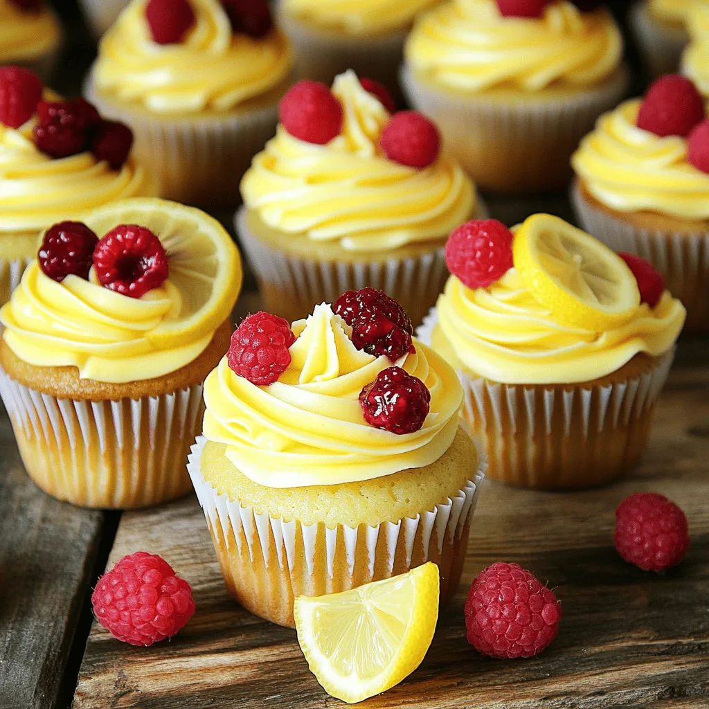 - 1 ½ cups all-purpose flour - 1 teaspoon baking powder - ½ teaspoon baking soda - ¼ teaspoon salt - ½ cup unsalted butter, softened - 1 cup granulated sugar - 2 large eggs - 1 tablespoon lemon zest - ¼ cup fresh lemon juice - ½ cup buttermilk - 1 teaspoon vanilla extract - 1 cup fresh raspberries (plus extra for garnish) - For the Lemonade Frosting: - 1 cup unsalted butter, softened - 4 cups powdered sugar - 2 tablespoons fresh lemon juice - 1 tablespoon lemon zest - 1 tablespoon heavy cream (or milk for a lighter version) - Fresh raspberries and lemon slices for decoration These ingredients create a bright and zesty flavor. The all-purpose flour gives structure. Baking powder and baking soda help the cupcakes rise. Salt enhances all the flavors. The wet ingredients bring moisture and richness. Softened butter makes the batter creamy. Granulated sugar sweetens and adds texture. Eggs provide binding and help with lift. Lemon zest and juice add that tangy lemon flavor. Buttermilk keeps the cupcakes moist. Vanilla extract rounds out the taste. For a fresh burst of flavor, you’ll add the raspberries. They bring a sweet-tart note and a lovely color. The frosting ingredients create a smooth, tangy topping. Butter and powdered sugar make it rich. Lemon juice and zest add extra brightness. Heavy cream gives the frosting a silky texture. With these ingredients, you’ll make delightful cupcakes that burst with flavor. The balance of sweet and tart makes them special. Enjoy the process of gathering and preparing these tasty components! Start by preheating your oven to 350°F (175°C). Line your muffin tin with cupcake liners. This helps the cupcakes come out easily. In a medium bowl, whisk together these dry ingredients: - 1 ½ cups all-purpose flour - 1 teaspoon baking powder - ½ teaspoon baking soda - ¼ teaspoon salt Set this bowl aside. In a larger bowl, cream together the softened butter and granulated sugar. Use medium speed for about 3-4 minutes. You want it light and fluffy. Next, add two large eggs, one at a time. Mix well after each egg. Stir in 1 tablespoon of lemon zest and 1 teaspoon of vanilla extract. Now, mix in ¼ cup of fresh lemon juice and ½ cup of buttermilk. Combine these wet ingredients until they are well mixed. Gradually add your dry ingredients to the wet mix. Stir until just combined. A few lumps are okay—don’t overmix! Gently fold in 1 cup of fresh raspberries. Be careful not to break them too much. Now, spoon the batter into your prepared cupcake liners. Fill them about two-thirds full. Bake the cupcakes in your preheated oven for 18-20 minutes. Use a toothpick to check if they are done; it should come out clean. Let the cupcakes cool in the tin for 5 minutes. Then, transfer them to a wire rack to cool completely. While your cupcakes cool, prepare the lemonade frosting. In a large bowl, beat 1 cup of softened butter until creamy. Gradually add in 4 cups of powdered sugar. Mix on low speed until it’s combined. Now, mix in 2 tablespoons of fresh lemon juice and 1 tablespoon of lemon zest. Add 1 tablespoon of heavy cream. Beat on high speed until the frosting is light and fluffy. Once the cupcakes are cool, it’s time to frost them. You can pipe or spread the frosting on top of each cupcake. For a lovely finish, garnish with fresh raspberries and a small slice of lemon. Enjoy your delightful Raspberry Lemonade Cupcakes! To get the best cupcakes, avoid overmixing the batter. Mix just until the ingredients blend. A few lumps in the batter are fine. This helps keep the cupcakes light and fluffy. Properly cream the butter and sugar together. Use a medium speed for about three to four minutes. The mixture should look light and fluffy. This step is key for a soft texture. For extra flavor, consider adding more lemon zest or lemon extract. You can mix these in with the wet ingredients. This will boost the lemon taste. If you want to try something different, use alternative sweeteners. Honey or maple syrup can add a unique twist. You can also top the cupcakes with fresh herbs like mint or basil for added freshness. Give your cupcakes enough time to cool. Let them sit in the pan for about five minutes. Then, move them to a wire rack. This helps them cool evenly. Use the right tools for frosting. A piping bag with a star tip makes pretty swirls. If you don’t have a piping bag, a simple spatula works too. Just spread the frosting on top. {{image_2}} You can switch up the frosting for fun. Here are two great options: - Cream cheese frosting: This gives a rich, tangy flavor. Mix 8 oz of softened cream cheese with ½ cup of softened butter. Add 3 cups of powdered sugar and 2 tablespoons of lemon juice. Beat until smooth. - Whipped cream topping: For a light touch, whip 1 cup of heavy cream until soft peaks form. Add 2 tablespoons of sugar and a splash of vanilla. Pipe this fluffy delight on your cupcakes. Want to mix things up? Try these flavor swaps: - Substituting other fruits: You can use strawberries or blueberries instead of raspberries. Just chop them small and fold them into the batter like you would with raspberries. Each fruit adds its own twist to the cupcakes. - Infusing additional citrus flavors: Add orange or lime zest for a zesty kick. You can also swap lemon juice for lime juice in the frosting. This gives your cupcakes a refreshing change. Need to make these cupcakes fit special diets? Here’s how: - Gluten-free alternatives: Use a gluten-free flour blend in place of all-purpose flour. Make sure it has a binding agent like xanthan gum for best results. - Vegan-friendly adaptations: Replace the eggs with flax eggs. Mix 1 tablespoon of ground flaxseed with 2.5 tablespoons of water for each egg. Use plant-based butter and non-dairy milk for the frosting and cupcakes. You can store your leftover Raspberry Lemonade Cupcakes at room temperature. Keep them in an airtight container. This method helps maintain their fresh taste. If you prefer, you can refrigerate them. However, refrigeration can dry them out. To keep cupcakes moist, place a piece of bread in the container. The bread helps absorb excess moisture, keeping the cupcakes soft. Freezing unfrosted cupcakes is easy. First, let them cool completely. Then, wrap each cupcake in plastic wrap. Place them in a freezer-safe bag or container. Label them with the date. You can freeze them for up to three months. To thaw, remove the cupcakes from the freezer. Let them sit at room temperature for about an hour. For the best texture, do not rush this step. After thawing, frost them as you like. Enjoy your delicious treats! Raspberry lemonade cupcakes stay fresh for up to three days at room temperature. Keep them in an airtight container. If you store them in the fridge, they can last up to a week. However, the frosting may lose some of its fluffiness over time. Yes, you can prepare the batter a few hours ahead. Keep it covered in the fridge. When you are ready to bake, bring the batter to room temperature. This will help it rise better during baking. If you don’t have buttermilk, you can make a quick substitute. Mix one cup of milk with one tablespoon of lemon juice or vinegar. Let it sit for five minutes. This will mimic the tangy taste of buttermilk in your cupcakes. Yes, these cupcakes can be made gluten-free. Use a gluten-free flour blend instead of all-purpose flour. For a vegan version, swap the eggs with flax eggs and use plant-based butter and milk. This way, everyone can enjoy these tasty treats! In this blog post, we explored how to make tasty Raspberry Lemonade Cupcakes. We covered key ingredients, like flour and fresh raspberries, and shared step-by-step instructions for baking and frosting. I gave many tips to improve flavor and texture, plus exciting variations for different tastes. Remember, these cupcakes can be stored for later enjoyment and adapted for special diets. I hope you feel ready to bake these sweet treats and impress everyone with your skills! Enjoy the process and the delicious results!