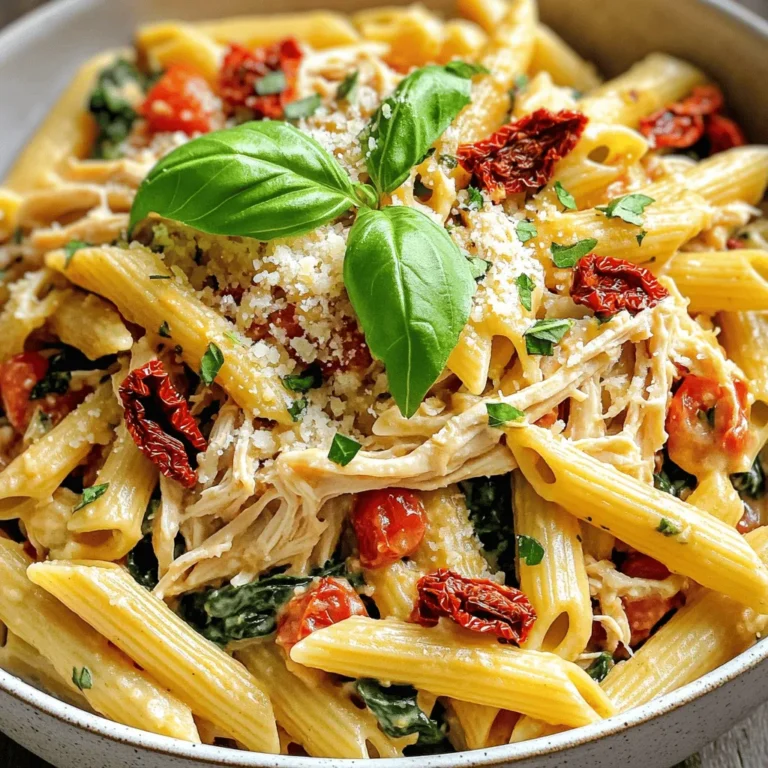 - Chicken - 2 boneless, skinless chicken breasts - Seasonings - 1 teaspoon Italian seasoning - Salt and pepper to taste - 3 cloves garlic, minced - Vegetables - 1 can (14 oz) diced tomatoes, undrained - 1 cup low-sodium chicken broth - 1 cup baby spinach, roughly chopped - 1/2 cup sun-dried tomatoes, chopped - Pasta and Dairy Ingredients - 8 oz penne pasta - 1 cup heavy cream - 1/2 cup grated Parmesan cheese - Fresh basil leaves for garnish This recipe uses simple, fresh ingredients. Each one plays a key role in making the dish rich and savory. The chicken adds protein, while the seasonings bring in Italian flavors. The vegetables keep the dish vibrant and healthy. The pasta and dairy create a creamy texture that makes this meal comforting. Remember, using high-quality ingredients makes a big difference. Fresh basil and good Parmesan elevate the dish. When you combine these ingredients in the slow cooker, you create a wonderful aroma that fills your kitchen. Enjoy the process, and let each ingredient shine! Seasoning the Chicken Start with two boneless, skinless chicken breasts. Place them at the bottom of your slow cooker. Sprinkle one teaspoon of Italian seasoning on the chicken. Add salt and pepper to taste. This simple step brings out the flavors. Adding Ingredients to Slow Cooker Next, add three minced garlic cloves. Pour in one can of diced tomatoes, including their juice. Then, add one cup of low-sodium chicken broth. This broth adds moisture and rich flavor. Cooking Time and Techniques Cover your slow cooker and set it to low. Cook for five to six hours. Check the chicken to ensure it’s tender and fully cooked. This slow cooking method helps the flavors meld together beautifully. Shredding the Cooked Chicken Once the chicken is cooked, take it out of the slow cooker. Use two forks to shred the chicken into bite-sized pieces. This adds a nice texture to the dish. Incorporating Sauce and Pasta Return the shredded chicken to the slow cooker. Now, stir in one cup of heavy cream. Add one cup of roughly chopped baby spinach and half a cup of chopped sun-dried tomatoes. Finally, mix in eight ounces of uncooked penne pasta. Make sure everything is well combined. Cooking on High Cover the slow cooker again. Set it to high and cook for an additional 30 to 40 minutes. Stir occasionally to keep the pasta from sticking. Check if the pasta is cooked al dente. Adjusting Seasonings Once the pasta is ready, mix in half a cup of grated Parmesan cheese. Taste and adjust the seasoning with salt and pepper as needed. This step ensures every bite is packed with flavor. - Selecting the Right Cut For this recipe, use boneless, skinless chicken breasts. They cook evenly and stay tender. You can also use thighs if you want more flavor. Just adjust the cooking time slightly. - Ensuring Moisture in Cooking Keep your chicken moist by adding broth and tomatoes. The slow cooker helps by trapping steam. Check the chicken towards the end to ensure it does not dry out. - Preventing Sticking To stop pasta from sticking, stir it well after adding. Use a bit of olive oil if needed. Make sure the pasta is submerged in sauce for even cooking. - Cooking Times for Al Dente Pasta Cook the pasta on high for 30-40 minutes. Check it at the 30-minute mark. You want it to be firm but not hard. - Garnishing Ideas Fresh basil leaves make a great garnish. Add extra grated Parmesan on top for a rich finish. You can also sprinkle some black pepper for added flavor. - Pairing Options Serve this pasta with a light salad or garlic bread. A crisp white wine complements the dish well. Enjoy it with friends for a cozy meal! {{image_2}} If you want a change from chicken, you can use turkey or tofu. Turkey gives a similar taste, while tofu adds a plant-based option. Both can soak up the flavors well. For seafood lovers, shrimp works nicely too. Just add it later to avoid overcooking. To make this dish dairy-free, swap heavy cream for coconut cream or a dairy-free cream. You can use nutritional yeast instead of Parmesan. This keeps the flavor rich and creamy without dairy. Adding fresh herbs can elevate your dish. Try using fresh basil, oregano, or parsley. These add bright flavors. You can also sprinkle in some red pepper flakes for a hint of heat. This gives your pasta a little kick. While penne works great, feel free to switch to any pasta you love. Rotini or farfalle can add a fun twist. Whole wheat or gluten-free pasta can work too. Just adjust cooking times based on your choice. To keep your Slow Cooker Tuscan Chicken Pasta fresh, store it in an airtight container. Let it cool down before packing. Refrigerate it within two hours of cooking. This helps avoid bacteria growth. Your dish will stay good in the fridge for up to four days. If you want to keep it longer, freeze the leftovers. Use freezer-safe bags or containers. Make sure to label them with the date. Your pasta will last in the freezer for about three months. Just remember, pasta can get mushy when frozen. When you’re ready to enjoy those leftovers, reheating is key. The best method is using the stove. Put the pasta in a pot with a splash of water or broth. Heat it on low, stirring often. This prevents sticking and keeps it moist. You can also use the microwave. Place the pasta in a microwave-safe bowl. Add a little water, cover it loosely, and heat in short bursts. Stir in between to ensure even heating. Avoid overcooking, as this can ruin the texture. Heat just until warm, not boiling. Enjoy your delicious dish without losing its charm! Can I make this recipe without a slow cooker? Yes, you can! You can cook this dish on the stove. Use a large pot or skillet. Start by cooking the chicken over medium heat. After it’s tender, shred it. Then, add your other ingredients to the pot. Let it simmer until the pasta is cooked through. How long does this dish last in the fridge? This dish stays good for about three to four days in the fridge. Store it in an airtight container. Let it cool before sealing. If you want to keep it longer, consider freezing it. What can I serve with Slow Cooker Tuscan Chicken Pasta? This pasta pairs well with a fresh salad or garlic bread. A light green salad adds a nice crunch. You can also serve it with a glass of white wine. This balance makes for a delightful meal. This blog post covered how to make a delicious Slow Cooker Tuscan Chicken Pasta. We looked at the main ingredients, preparation steps, cooking tips, and variations. Understanding these details will help you create this tasty dish every time. Remember to adjust the seasonings to match your taste. Enjoy experimenting with different ingredients and serving styles. With practice, you'll master this recipe and impress your family or friends. Happy cooking!