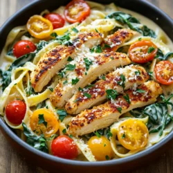 - 2 boneless, skinless chicken breasts - 1 tablespoon Cajun seasoning - Salt and pepper to taste - 2 tablespoons olive oil - 3 cups chicken broth - 8 ounces fettuccine pasta - 1 cup heavy cream - 1 cup grated Parmesan cheese - 1 cup cherry tomatoes, halved - 2 cups fresh spinach - Fresh parsley for garnish In this dish, we start with two boneless, skinless chicken breasts. These provide a great base for flavor. You’ll season them with Cajun seasoning, salt, and pepper. This mix gives the chicken a spicy kick. Next, we need cooking essentials. You’ll use two tablespoons of olive oil to cook the chicken. It helps to create a nice sear. For the pasta, three cups of chicken broth brings in a rich flavor. This broth cooks the fettuccine, making it tasty. For the pasta and sauces, eight ounces of fettuccine pasta is key. It holds the sauce well. Adding one cup of heavy cream gives the dish its creamy texture. One cup of grated Parmesan cheese adds depth and richness. Lastly, we have fresh ingredients. One cup of halved cherry tomatoes adds a pop of color and sweetness. Two cups of fresh spinach bring in nutrition and a vibrant touch. Don’t forget fresh parsley for garnish; it makes the dish look beautiful! These ingredients come together to create a delightful one-pan meal. Each bite is a mix of creamy, spicy, and fresh flavors. First, season the chicken breasts with Cajun seasoning, salt, and pepper. Use enough seasoning to coat both sides well. Next, heat olive oil in a large skillet over medium-high heat. Once hot, add your seasoned chicken. Cook each side for 5 to 7 minutes until golden brown. Ensure that the chicken is cooked through. After cooking, remove the chicken from the skillet and let it rest on a plate. In the same skillet, pour in the chicken broth and bring it to a boil. Once boiling, lower the heat to medium and stir in the fettuccine pasta. Cook for about 10 minutes, stirring occasionally. You want the pasta to be al dente, which means it should be firm to the bite but cooked through. Lower the heat again and add the heavy cream to the skillet. Stir it well to combine with the broth. Gradually mix in the grated Parmesan cheese. Keep stirring until the sauce becomes creamy and smooth. The cheese will melt and thicken the sauce nicely. Next, add the halved cherry tomatoes and fresh spinach to the skillet. Cook for an additional 2 to 3 minutes until the spinach wilts down. While this is cooking, slice the chicken breasts into strips. Add the chicken back into the skillet, mixing it with the pasta and sauce. Allow everything to heat through for about one minute. Give the dish a taste and adjust the seasoning as needed. You can add more Cajun seasoning, salt, or pepper based on your preference. Serve the dish warm. Enjoy the rich flavors and creamy texture of your One-Pan Creamy Cajun Chicken Alfredo! To keep your chicken juicy, start with even seasoning. Use Cajun seasoning, salt, and pepper on both sides. This helps lock in flavor. Cook the chicken in hot olive oil for a nice sear. Aim for about 5-7 minutes on each side. The chicken should be golden and cooked all the way through. When done, set it aside to rest. This lets the juices settle back in. You want a creamy sauce that coats the pasta well. Start by adding heavy cream to the chicken broth mixture. Stir it in slowly. Gradually add the grated Parmesan cheese. Mix until smooth and creamy. If the sauce is too thick, use pasta cooking water to adjust. Just add a little at a time until you reach the right consistency. To make your dish even more special, try adding spices. A pinch of smoked paprika or garlic powder can elevate the flavor. For garnishing, sprinkle fresh parsley on top. It adds a pop of color and freshness. You can also add extra Parmesan cheese for a cheesy finish. Serve in a large bowl for a beautiful presentation. {{image_2}} You can switch up the protein in your dish. If you want to use shrimp, start with 1 pound of peeled shrimp. Cook the shrimp in olive oil until pink. This adds a nice seafood flair. You can also use sausage. Choose a spicy sausage for a kick. Slice it and cook it until browned. For a vegetarian option, use plant-based proteins. Tofu or tempeh works well. Cube the tofu and cook it until golden. It soaks up the flavors nicely. Feel free to play with flavor. You can swap the Cajun seasoning for other spices. Try Italian herbs, taco seasoning, or even curry powder. This changes the taste in fun ways. Adding garlic or onion gives more depth. Sauté chopped onion and minced garlic in olive oil before adding broth. This builds a strong base for your sauce. You can also add a pinch of cayenne for extra heat. Fettuccine is great, but you can use other pasta types. Penne or rigatoni hold the sauce well. If you prefer a lighter option, try zucchini noodles. For gluten-free needs, use gluten-free pasta. It cooks similarly, so you won’t lose out on taste. Just check the cooking time on the package. You can enjoy a creamy dish no matter your diet. To keep your One-Pan Creamy Cajun Chicken Alfredo fresh, store it in an airtight container. Make sure it cools completely before sealing. You can refrigerate it for up to three days. After that, the pasta might get mushy and lose flavor. When reheating, your goal is to bring back the creaminess and flavor. You can use a microwave or stove. For the microwave, heat in short bursts of 30 seconds. Stir between each burst to avoid hot spots. On the stove, use low heat and add a splash of chicken broth or cream. This keeps your dish moist and tasty. If you want to prepare in advance, cook the chicken and pasta separately. You can freeze the chicken and sauce together in a freezer-safe container. This way, when you’re ready to eat, just reheat and mix with fresh pasta. It’s a great way to save time and enjoy a quick meal later! Yes, you can switch pasta types. Fettuccine is great, but you can try: - Penne - Rigatoni - Spaghetti - Gluten-free pasta These options work well with the creamy sauce. Just keep an eye on cooking times. The Cajun seasoning gives it a nice kick. If you want less heat, adjust the spice: - Use less Cajun seasoning. - Add a pinch of sugar to balance flavors. - Serve with a side of sour cream to cool it down. This way, you can enjoy the flavors without too much spice. You can definitely make this dish dairy-free. Here are some ideas: - Use coconut cream instead of heavy cream. - Swap Parmesan cheese for nutritional yeast or a dairy-free cheese. - Use a dairy-free milk like almond or oat milk. These substitutes keep the dish creamy and delicious. Yes, you can prepare this dish ahead of time. Here’s how: - Cook the chicken and pasta, then let them cool. - Store them separately in the fridge for up to 2 days. - Reheat in a skillet, adding extra broth to keep it creamy. This makes meal prep easy and saves time during the week. Many sides go well with this dish. Here are some tasty ideas: - Garlic bread for a crunchy bite. - A fresh green salad with lemon vinaigrette. - Roasted vegetables like broccoli or asparagus. These sides complement the creamy flavors and add balance to your meal. This recipe combines chicken, pasta, and fresh ingredients. You can customize it easily. Use shrimp, sausage, or go vegetarian. Adjust seasonings to your taste and enjoy creamy goodness. Store leftovers well and reheat for future meals. With simple steps, you can serve a hearty dish that impresses. Cook it today and savor the flavors you create.