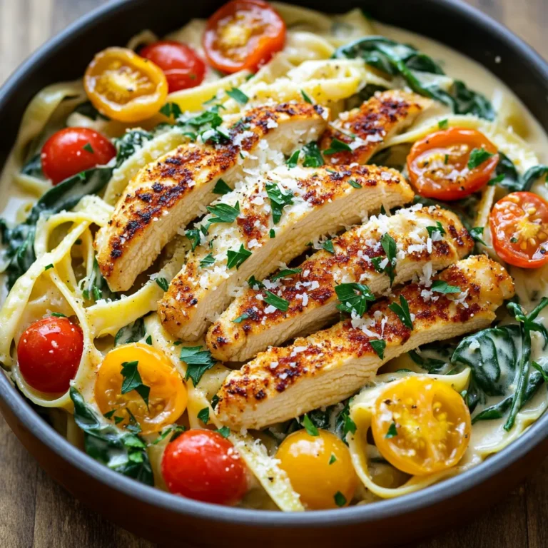 - 2 boneless, skinless chicken breasts - 1 tablespoon Cajun seasoning - Salt and pepper to taste - 2 tablespoons olive oil - 3 cups chicken broth - 8 ounces fettuccine pasta - 1 cup heavy cream - 1 cup grated Parmesan cheese - 1 cup cherry tomatoes, halved - 2 cups fresh spinach - Fresh parsley for garnish In this dish, we start with two boneless, skinless chicken breasts. These provide a great base for flavor. You’ll season them with Cajun seasoning, salt, and pepper. This mix gives the chicken a spicy kick. Next, we need cooking essentials. You’ll use two tablespoons of olive oil to cook the chicken. It helps to create a nice sear. For the pasta, three cups of chicken broth brings in a rich flavor. This broth cooks the fettuccine, making it tasty. For the pasta and sauces, eight ounces of fettuccine pasta is key. It holds the sauce well. Adding one cup of heavy cream gives the dish its creamy texture. One cup of grated Parmesan cheese adds depth and richness. Lastly, we have fresh ingredients. One cup of halved cherry tomatoes adds a pop of color and sweetness. Two cups of fresh spinach bring in nutrition and a vibrant touch. Don’t forget fresh parsley for garnish; it makes the dish look beautiful! These ingredients come together to create a delightful one-pan meal. Each bite is a mix of creamy, spicy, and fresh flavors. First, season the chicken breasts with Cajun seasoning, salt, and pepper. Use enough seasoning to coat both sides well. Next, heat olive oil in a large skillet over medium-high heat. Once hot, add your seasoned chicken. Cook each side for 5 to 7 minutes until golden brown. Ensure that the chicken is cooked through. After cooking, remove the chicken from the skillet and let it rest on a plate. In the same skillet, pour in the chicken broth and bring it to a boil. Once boiling, lower the heat to medium and stir in the fettuccine pasta. Cook for about 10 minutes, stirring occasionally. You want the pasta to be al dente, which means it should be firm to the bite but cooked through. Lower the heat again and add the heavy cream to the skillet. Stir it well to combine with the broth. Gradually mix in the grated Parmesan cheese. Keep stirring until the sauce becomes creamy and smooth. The cheese will melt and thicken the sauce nicely. Next, add the halved cherry tomatoes and fresh spinach to the skillet. Cook for an additional 2 to 3 minutes until the spinach wilts down. While this is cooking, slice the chicken breasts into strips. Add the chicken back into the skillet, mixing it with the pasta and sauce. Allow everything to heat through for about one minute. Give the dish a taste and adjust the seasoning as needed. You can add more Cajun seasoning, salt, or pepper based on your preference. Serve the dish warm. Enjoy the rich flavors and creamy texture of your One-Pan Creamy Cajun Chicken Alfredo! To keep your chicken juicy, start with even seasoning. Use Cajun seasoning, salt, and pepper on both sides. This helps lock in flavor. Cook the chicken in hot olive oil for a nice sear. Aim for about 5-7 minutes on each side. The chicken should be golden and cooked all the way through. When done, set it aside to rest. This lets the juices settle back in. You want a creamy sauce that coats the pasta well. Start by adding heavy cream to the chicken broth mixture. Stir it in slowly. Gradually add the grated Parmesan cheese. Mix until smooth and creamy. If the sauce is too thick, use pasta cooking water to adjust. Just add a little at a time until you reach the right consistency. To make your dish even more special, try adding spices. A pinch of smoked paprika or garlic powder can elevate the flavor. For garnishing, sprinkle fresh parsley on top. It adds a pop of color and freshness. You can also add extra Parmesan cheese for a cheesy finish. Serve in a large bowl for a beautiful presentation. {{image_2}} You can switch up the protein in your dish. If you want to use shrimp, start with 1 pound of peeled shrimp. Cook the shrimp in olive oil until pink. This adds a nice seafood flair. You can also use sausage. Choose a spicy sausage for a kick. Slice it and cook it until browned. For a vegetarian option, use plant-based proteins. Tofu or tempeh works well. Cube the tofu and cook it until golden. It soaks up the flavors nicely. Feel free to play with flavor. You can swap the Cajun seasoning for other spices. Try Italian herbs, taco seasoning, or even curry powder. This changes the taste in fun ways. Adding garlic or onion gives more depth. Sauté chopped onion and minced garlic in olive oil before adding broth. This builds a strong base for your sauce. You can also add a pinch of cayenne for extra heat. Fettuccine is great, but you can use other pasta types. Penne or rigatoni hold the sauce well. If you prefer a lighter option, try zucchini noodles. For gluten-free needs, use gluten-free pasta. It cooks similarly, so you won’t lose out on taste. Just check the cooking time on the package. You can enjoy a creamy dish no matter your diet. To keep your One-Pan Creamy Cajun Chicken Alfredo fresh, store it in an airtight container. Make sure it cools completely before sealing. You can refrigerate it for up to three days. After that, the pasta might get mushy and lose flavor. When reheating, your goal is to bring back the creaminess and flavor. You can use a microwave or stove. For the microwave, heat in short bursts of 30 seconds. Stir between each burst to avoid hot spots. On the stove, use low heat and add a splash of chicken broth or cream. This keeps your dish moist and tasty. If you want to prepare in advance, cook the chicken and pasta separately. You can freeze the chicken and sauce together in a freezer-safe container. This way, when you’re ready to eat, just reheat and mix with fresh pasta. It’s a great way to save time and enjoy a quick meal later! Yes, you can switch pasta types. Fettuccine is great, but you can try: - Penne - Rigatoni - Spaghetti - Gluten-free pasta These options work well with the creamy sauce. Just keep an eye on cooking times. The Cajun seasoning gives it a nice kick. If you want less heat, adjust the spice: - Use less Cajun seasoning. - Add a pinch of sugar to balance flavors. - Serve with a side of sour cream to cool it down. This way, you can enjoy the flavors without too much spice. You can definitely make this dish dairy-free. Here are some ideas: - Use coconut cream instead of heavy cream. - Swap Parmesan cheese for nutritional yeast or a dairy-free cheese. - Use a dairy-free milk like almond or oat milk. These substitutes keep the dish creamy and delicious. Yes, you can prepare this dish ahead of time. Here’s how: - Cook the chicken and pasta, then let them cool. - Store them separately in the fridge for up to 2 days. - Reheat in a skillet, adding extra broth to keep it creamy. This makes meal prep easy and saves time during the week. Many sides go well with this dish. Here are some tasty ideas: - Garlic bread for a crunchy bite. - A fresh green salad with lemon vinaigrette. - Roasted vegetables like broccoli or asparagus. These sides complement the creamy flavors and add balance to your meal. This recipe combines chicken, pasta, and fresh ingredients. You can customize it easily. Use shrimp, sausage, or go vegetarian. Adjust seasonings to your taste and enjoy creamy goodness. Store leftovers well and reheat for future meals. With simple steps, you can serve a hearty dish that impresses. Cook it today and savor the flavors you create.