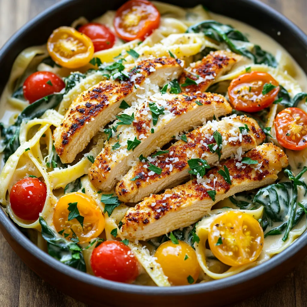 - 2 boneless, skinless chicken breasts - 1 tablespoon Cajun seasoning - Salt and pepper to taste - 2 tablespoons olive oil - 3 cups chicken broth - 8 ounces fettuccine pasta - 1 cup heavy cream - 1 cup grated Parmesan cheese - 1 cup cherry tomatoes, halved - 2 cups fresh spinach - Fresh parsley for garnish In this dish, we start with two boneless, skinless chicken breasts. These provide a great base for flavor. You’ll season them with Cajun seasoning, salt, and pepper. This mix gives the chicken a spicy kick. Next, we need cooking essentials. You’ll use two tablespoons of olive oil to cook the chicken. It helps to create a nice sear. For the pasta, three cups of chicken broth brings in a rich flavor. This broth cooks the fettuccine, making it tasty. For the pasta and sauces, eight ounces of fettuccine pasta is key. It holds the sauce well. Adding one cup of heavy cream gives the dish its creamy texture. One cup of grated Parmesan cheese adds depth and richness. Lastly, we have fresh ingredients. One cup of halved cherry tomatoes adds a pop of color and sweetness. Two cups of fresh spinach bring in nutrition and a vibrant touch. Don’t forget fresh parsley for garnish; it makes the dish look beautiful! These ingredients come together to create a delightful one-pan meal. Each bite is a mix of creamy, spicy, and fresh flavors. First, season the chicken breasts with Cajun seasoning, salt, and pepper. Use enough seasoning to coat both sides well. Next, heat olive oil in a large skillet over medium-high heat. Once hot, add your seasoned chicken. Cook each side for 5 to 7 minutes until golden brown. Ensure that the chicken is cooked through. After cooking, remove the chicken from the skillet and let it rest on a plate. In the same skillet, pour in the chicken broth and bring it to a boil. Once boiling, lower the heat to medium and stir in the fettuccine pasta. Cook for about 10 minutes, stirring occasionally. You want the pasta to be al dente, which means it should be firm to the bite but cooked through. Lower the heat again and add the heavy cream to the skillet. Stir it well to combine with the broth. Gradually mix in the grated Parmesan cheese. Keep stirring until the sauce becomes creamy and smooth. The cheese will melt and thicken the sauce nicely. Next, add the halved cherry tomatoes and fresh spinach to the skillet. Cook for an additional 2 to 3 minutes until the spinach wilts down. While this is cooking, slice the chicken breasts into strips. Add the chicken back into the skillet, mixing it with the pasta and sauce. Allow everything to heat through for about one minute. Give the dish a taste and adjust the seasoning as needed. You can add more Cajun seasoning, salt, or pepper based on your preference. Serve the dish warm. Enjoy the rich flavors and creamy texture of your One-Pan Creamy Cajun Chicken Alfredo! To keep your chicken juicy, start with even seasoning. Use Cajun seasoning, salt, and pepper on both sides. This helps lock in flavor. Cook the chicken in hot olive oil for a nice sear. Aim for about 5-7 minutes on each side. The chicken should be golden and cooked all the way through. When done, set it aside to rest. This lets the juices settle back in. You want a creamy sauce that coats the pasta well. Start by adding heavy cream to the chicken broth mixture. Stir it in slowly. Gradually add the grated Parmesan cheese. Mix until smooth and creamy. If the sauce is too thick, use pasta cooking water to adjust. Just add a little at a time until you reach the right consistency. To make your dish even more special, try adding spices. A pinch of smoked paprika or garlic powder can elevate the flavor. For garnishing, sprinkle fresh parsley on top. It adds a pop of color and freshness. You can also add extra Parmesan cheese for a cheesy finish. Serve in a large bowl for a beautiful presentation. {{image_2}} You can switch up the protein in your dish. If you want to use shrimp, start with 1 pound of peeled shrimp. Cook the shrimp in olive oil until pink. This adds a nice seafood flair. You can also use sausage. Choose a spicy sausage for a kick. Slice it and cook it until browned. For a vegetarian option, use plant-based proteins. Tofu or tempeh works well. Cube the tofu and cook it until golden. It soaks up the flavors nicely. Feel free to play with flavor. You can swap the Cajun seasoning for other spices. Try Italian herbs, taco seasoning, or even curry powder. This changes the taste in fun ways. Adding garlic or onion gives more depth. Sauté chopped onion and minced garlic in olive oil before adding broth. This builds a strong base for your sauce. You can also add a pinch of cayenne for extra heat. Fettuccine is great, but you can use other pasta types. Penne or rigatoni hold the sauce well. If you prefer a lighter option, try zucchini noodles. For gluten-free needs, use gluten-free pasta. It cooks similarly, so you won’t lose out on taste. Just check the cooking time on the package. You can enjoy a creamy dish no matter your diet. To keep your One-Pan Creamy Cajun Chicken Alfredo fresh, store it in an airtight container. Make sure it cools completely before sealing. You can refrigerate it for up to three days. After that, the pasta might get mushy and lose flavor. When reheating, your goal is to bring back the creaminess and flavor. You can use a microwave or stove. For the microwave, heat in short bursts of 30 seconds. Stir between each burst to avoid hot spots. On the stove, use low heat and add a splash of chicken broth or cream. This keeps your dish moist and tasty. If you want to prepare in advance, cook the chicken and pasta separately. You can freeze the chicken and sauce together in a freezer-safe container. This way, when you’re ready to eat, just reheat and mix with fresh pasta. It’s a great way to save time and enjoy a quick meal later! Yes, you can switch pasta types. Fettuccine is great, but you can try: - Penne - Rigatoni - Spaghetti - Gluten-free pasta These options work well with the creamy sauce. Just keep an eye on cooking times. The Cajun seasoning gives it a nice kick. If you want less heat, adjust the spice: - Use less Cajun seasoning. - Add a pinch of sugar to balance flavors. - Serve with a side of sour cream to cool it down. This way, you can enjoy the flavors without too much spice. You can definitely make this dish dairy-free. Here are some ideas: - Use coconut cream instead of heavy cream. - Swap Parmesan cheese for nutritional yeast or a dairy-free cheese. - Use a dairy-free milk like almond or oat milk. These substitutes keep the dish creamy and delicious. Yes, you can prepare this dish ahead of time. Here’s how: - Cook the chicken and pasta, then let them cool. - Store them separately in the fridge for up to 2 days. - Reheat in a skillet, adding extra broth to keep it creamy. This makes meal prep easy and saves time during the week. Many sides go well with this dish. Here are some tasty ideas: - Garlic bread for a crunchy bite. - A fresh green salad with lemon vinaigrette. - Roasted vegetables like broccoli or asparagus. These sides complement the creamy flavors and add balance to your meal. This recipe combines chicken, pasta, and fresh ingredients. You can customize it easily. Use shrimp, sausage, or go vegetarian. Adjust seasonings to your taste and enjoy creamy goodness. Store leftovers well and reheat for future meals. With simple steps, you can serve a hearty dish that impresses. Cook it today and savor the flavors you create.