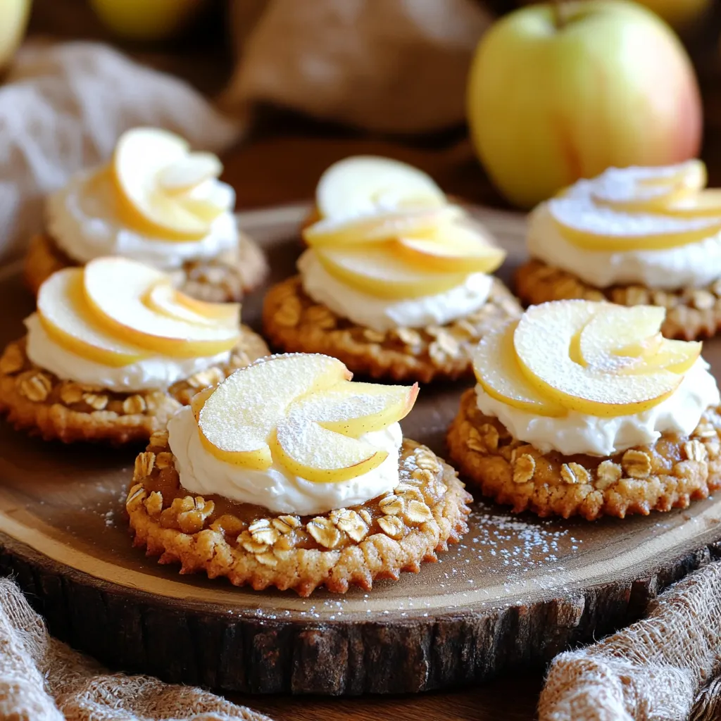 - 1 ½ cups rolled oats - 1 cup all-purpose flour - ¾ cup apple butter Rolled oats give these pies a chewy texture. They soak up flavors well. All-purpose flour binds everything, making the dough sturdy. Apple butter adds a sweet, fruity twist to each bite. - 1 cup cream cheese - 1 cup powdered sugar - 1 teaspoon vanilla extract Cream cheese makes the filling rich and creamy. Powdered sugar sweetens it and gives a smooth texture. Vanilla extract adds warmth and depth, making the filling extra tasty. - 1 teaspoon baking soda - ½ teaspoon cinnamon - ¼ teaspoon nutmeg - ½ teaspoon salt - ½ cup unsalted butter, softened - ½ cup brown sugar, packed - ¼ cup granulated sugar - 1 large egg - 1 teaspoon vanilla extract (for dough) Baking soda helps the cookies rise. Spices like cinnamon and nutmeg bring warmth and flavor. Salt balances the sweetness. Butter adds richness. The sugars create a lovely, caramelized taste. The egg binds the dough together, giving it structure. 1. Preheat your oven to 350°F (175°C). Make sure to line two baking sheets with parchment paper. This keeps the cookies from sticking. 2. In a medium bowl, mix the rolled oats, all-purpose flour, baking soda, cinnamon, nutmeg, and salt. Set this bowl aside while you work on the wet ingredients. 3. In a large mixing bowl, cream together the softened butter, brown sugar, and granulated sugar. Mix until the mixture is light and fluffy. This should take about 3 minutes. 4. Now, add in the egg and vanilla extract to the butter-sugar mix. Mix until everything is well combined. 5. Gradually add the dry mix to the wet mixture. Stir until just incorporated. Be careful not to overmix; this keeps the cookies soft. 6. Fold in the apple butter gently. It adds moisture and a lovely flavor to the dough. 7. Using a cookie scoop or a tablespoon, drop spoonfuls of dough onto the prepared baking sheets. Leave enough space between each for spreading during baking. 8. Bake the cookies in the preheated oven for 10-12 minutes. They are done when the edges turn lightly golden. 9. Allow the cookies to cool on the baking sheet for 5 minutes. Then, transfer them to a wire rack to cool completely. 10. For the cream filling, beat together the softened cream cheese and powdered sugar in a bowl. Mix until smooth. 11. Add in the vanilla extract and stir until it is fully blended. This filling is rich and adds a nice contrast to the cookies. 12. Once the cookies are cooled, pair them up by size. Spread a generous layer of cream filling on the flat side of one cookie. 13. Lastly, sandwich it with the other cookie. Press gently to secure. Repeat this step until all cookies are filled and sandwiched. Now, you have delightful and soft Apple Butter Oatmeal Cream Pies ready to enjoy! How to know when cookies are done? You can tell when cookies are done by looking at their edges. The edges should be lightly golden. The centers might look a bit soft but will firm up as they cool. Preventing cookies from spreading too much To stop cookies from spreading, chill the dough for 30 minutes before baking. You can also use parchment paper to help keep their shape. Make sure you leave space between each cookie on the baking sheet. Achieving the perfect texture For a smooth filling, beat the cream cheese until soft. Then, add the powdered sugar slowly. This step helps create a creamy, fluffy filling that is easy to spread. Flavor variations for the filling You can change the flavor of the filling by adding a bit of cinnamon or nutmeg. You could also mix in some lemon zest for a fresh taste. Garnishing ideas Dust the tops of the cream pies with powdered sugar for a lovely look. You can also place a few apple slices on top for a nice touch. Serving suggestions with apple slices Serve your pies with thin apple slices on the side. This adds color and a fresh crunch. You can even pair them with a small bowl of caramel sauce for dipping. {{image_2}} For those with dietary needs, there are great options. - Gluten-free alternatives: Swap all-purpose flour for gluten-free flour. Many brands offer blends that work well. Just make sure to check the label for starches or gums. - Vegan modifications: Replace butter with vegan butter. Use flaxseed meal mixed with water as an egg substitute. This keeps the texture light and soft. You can easily switch things up to make these pies your own. - Adding nuts or chocolate chips: Try adding chopped walnuts or pecans for a crunchy bite. Dark chocolate chips also add a rich flavor. Just fold them in when you mix in the apple butter. - Using different types of fruit butter: Not a fan of apple butter? Use pear or peach butter instead. Each adds a unique sweetness that still feels cozy. Seasonal flavors can make these pies even more special. - Making with pumpkin butter in fall: In autumn, use pumpkin butter for a festive twist. It pairs well with cinnamon and nutmeg. - Incorporating spices for holiday flavors: Add ginger or allspice to the dough for a warm holiday taste. These spices turn your cookies into a seasonal treat that everyone will love. To keep your Apple Butter Oatmeal Cream Pies fresh, store them in an airtight container. Place parchment paper between layers to avoid sticking. They taste best when eaten within five days. If you want to save them for later, freezing is a great option. You can freeze the dough before baking. Scoop the dough onto a baking sheet and freeze until firm, about an hour. Then, transfer the dough balls to a freezer bag. They will stay fresh for up to three months. If you prefer, you can freeze the assembled pies. Just wrap each pie in plastic wrap and place them in a freezer bag. To thaw the frozen dough, leave it in the fridge overnight. If you freeze the assembled pies, take them out and let them sit at room temperature for about 30 minutes. This will help keep their soft texture after freezing. Enjoy your delicious pies! Apple butter is a sweet spread made from cooked apples. It has a smooth, thick texture and a rich flavor. You can use apple butter in many ways. Spread it on toast, mix it into oatmeal, or use it in baking. It adds moisture and flavor to recipes, making it perfect for these oatmeal cream pies. Yes, you can substitute cream cheese. Use Greek yogurt for a lighter option. Mascarpone cheese works well too, as it has a similar taste. If you're looking for a dairy-free choice, consider coconut cream. Each option gives a different flavor, so choose what you like best. Look for golden edges on the cookies. They should feel soft yet set in the middle. If you press lightly, they should spring back. Baking usually takes about 10-12 minutes. Keep an eye on them, as ovens can vary. Remove them from the oven once they reach that perfect golden color. Absolutely! You can prepare the cookie dough a day in advance. Just wrap it tightly and chill it in the fridge. You can also bake the cookies ahead and store them in an airtight container. As for the cream filling, make it a day ahead too. Just keep it in the fridge until you're ready to assemble the pies. These cookie pies combine rolled oats, apple butter, and a creamy filling. You now know how to prepare the dough, bake the cookies, and make that delicious cream filling. Remember to try all the tips for baking and presentation. Feel free to explore variations, too. Whether you want gluten-free options or tasty seasonal twists, these pies can fit your needs. Store them well to enjoy later. With these ideas, you'll make delightful treats that impress everyone. Now, it's time to bake and savor!
