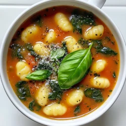 To make this soup, gather these key ingredients: - 1 tablespoon olive oil - 1 medium onion, diced - 2 garlic cloves, minced - 4 cups vegetable broth - 1 can (14 oz) crushed tomatoes - 2 cups fresh spinach, chopped - 1 teaspoon dried oregano - 1 teaspoon dried basil - Salt and pepper, to taste - 1 package (16 oz) potato gnocchi - 1 cup heavy cream or coconut cream Each ingredient plays a big part in the flavor. Olive oil adds richness, while onion and garlic give a sweet base. The vegetable broth brings warmth, and crushed tomatoes add a tangy depth. Fresh spinach adds color and nutrition, making the soup feel fresh and light. The dried oregano and basil enhance the Italian flavors we crave. Gnocchi adds a tender bite, and cream gives a smooth finish. You can enhance your soup with these toppings: - Fresh basil leaves - Grated Parmesan cheese Fresh basil leaves add a bright note and a lovely aroma. Grated Parmesan cheese offers a salty, nutty flavor that pairs well with the soup. These simple touches can make a big difference in your dish. They add flavor and visual appeal, making each bowl look and taste gourmet. To start, I heat the olive oil in a large pot over medium heat. Once hot, I add the diced onion. I sauté it for about 3-4 minutes until it becomes soft and clear. Next, I stir in the minced garlic and cook it for one more minute. This step adds a nice, fragrant touch. After the onion and garlic are ready, I pour in the vegetable broth and crushed tomatoes. I mix them well to combine. This base sets the stage for the soup's rich flavor. Now, I add the chopped spinach, dried oregano, and dried basil to the pot. I sprinkle in some salt and pepper, too. I bring this mixture to a gentle boil. Once it’s boiling, I add the potato gnocchi. I reduce the heat to a simmer and let it cook for 2-3 minutes. I watch for the gnocchi to float to the top. When they do, it means they are cooked. Once the gnocchi are ready, I stir in the heavy cream. For a dairy-free option, I use coconut cream instead. This makes the soup nice and thick. I then taste the soup and adjust the seasoning. A little more salt or pepper can really make a difference. Finally, I remove the pot from the heat and let it sit for 5 minutes. This waiting time helps all the flavors mix perfectly. When ready to serve, I garnish with fresh basil leaves and a sprinkle of grated Parmesan cheese if desired. To get the best texture in your soup, use fresh ingredients. Fresh spinach adds a nice crunch. Cook your gnocchi just right. When they float, they are ready. This means they cooked enough and are soft. Don’t let them cook too long; they can turn mushy. For seasoning, taste as you go. Start with salt and pepper. Add a little at a time, so you don’t overdo it. The crushed tomatoes give a great base. You can also add more dried oregano or basil for a richer flavor. Fresh basil at the end boosts the taste too. When you’re short on time, prep ahead. Chop your onion and garlic the night before. Store them in the fridge. You can also measure your broth and tomatoes in advance. This saves time when you cook. For busy weeknights, this soup is a lifesaver. It cooks fast, in just 25 minutes. You can make it in one pot, which means less cleanup. If you need more protein, add cooked chicken or beans. They heat up fast and make the soup even heartier. {{image_2}} Dairy-free options For a creamy, dairy-free soup, use coconut cream instead of heavy cream. This gives the soup a rich texture and a hint of sweetness. Coconut cream adds great flavor and works well with the tomatoes. You still get that comforting feel without dairy. Gluten-free adjustments To make this soup gluten-free, choose gluten-free potato gnocchi. Many brands offer gluten-free options made with rice or corn flour. This way, everyone can enjoy a warm bowl of soup without worry. Just check the packaging to ensure it fits your needs. Adding protein Want to make your soup heartier? You can add cooked chicken or shrimp. Simply sauté them before adding to the soup. Chicken adds a nice texture, while shrimp cooks quickly and gives a seafood twist. You can also use cooked sausage for a spicy kick! Spice it up with red pepper flakes If you like heat, sprinkle in some red pepper flakes. Just a pinch can make a big difference! It adds warmth and depth to the soup. Adjust the amount based on your spice level preference. This small step makes the soup even more delightful! To keep your Tomato Basil Gnocchi Soup fresh, store it in the fridge. Use an airtight container. This keeps the flavors locked in. The soup stays good for about 3 to 4 days. For longer storage, you can freeze the soup. However, do not add the cream before freezing. Cream can separate when frozen. Instead, freeze the soup base, and add cream when you reheat. Use freezer-safe containers and leave some space for expansion. The soup can last up to 3 months in the freezer. When you are ready to enjoy your leftovers, reheat slowly on the stove. Use medium heat and stir often. This helps the soup warm evenly. To avoid separation of the cream, add it towards the end of reheating. Heat the soup until it's hot but not boiling. If you see any bits of cream separating, stir gently to combine. This keeps your soup smooth and creamy. Enjoy your delightful soup just like the first time! Yes, you can use different types of gnocchi. If you want a twist, try butternut squash or spinach gnocchi. These add a new flavor and color to your soup. If you can't find gnocchi, you can use small pasta like orecchiette or mini shells. These options work well too and will soak up the soup's taste. You can store this soup in the fridge for about three days. Make sure to put it in an airtight container. If you want to keep it longer, freeze it. In the freezer, this soup can last for up to three months. Just remember to thaw it in the fridge before reheating. Yes, you can make this soup in advance. It tastes even better after the flavors meld together. To meal prep, cook the soup and let it cool. Then, store it in the fridge or freezer. Just keep the gnocchi separate if you plan to freeze it. Add the gnocchi just before serving to keep it soft and fluffy. To sum up, this post covered how to make a tasty Tomato Basil Gnocchi Soup. We talked about the key ingredients like olive oil, onions, and gnocchi. I shared step-by-step instructions to kill any confusion. You learned tips to perfect your soup and variations for special diets. In the end, this soup is easy to make and enjoyable. Keep it in your recipe box for cold days or busy nights. Happy cooking!