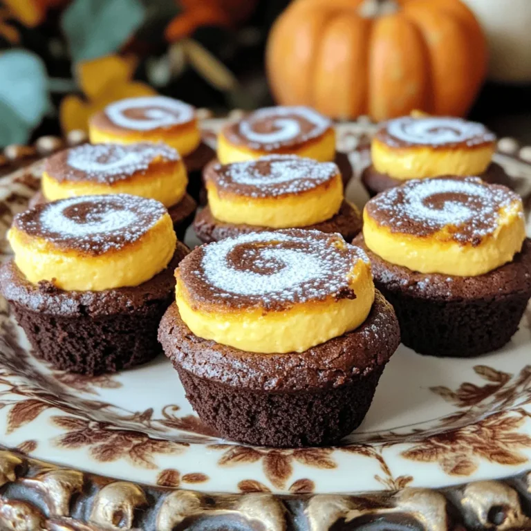 - 1 cup unsalted butter, melted - 2 cups granulated sugar - 1 cup light brown sugar, packed - 4 large eggs - 1 teaspoon vanilla extract - 1 cup all-purpose flour - 1 cup unsweetened cocoa powder - 1 teaspoon baking powder - 1/2 teaspoon salt - 1 cup semi-sweet chocolate chips - 1 cup pumpkin puree - 8 ounces cream cheese, softened - 1/2 cup powdered sugar - 1 teaspoon pumpkin pie spice - 1 teaspoon ground cinnamon To create these tasty Pumpkin Cheesecake Brownie Cupcakes, you need a mix of sweet and rich flavors. The melted butter gives a nice base. The blend of granulated and brown sugars adds depth. Eggs help bind everything together while giving moisture. Next, the all-purpose flour and cocoa powder bring the brownie texture. Baking powder and salt balance the sweetness. Semi-sweet chocolate chips add a delightful chocolate burst. The pumpkin puree provides creaminess and a seasonal flavor. Cream cheese, mixed with powdered sugar, makes the cheesecake layer smooth. Pumpkin pie spice and cinnamon add warmth and aroma. Gather these ingredients for a delightful treat that blends two favorites: brownie and cheesecake! - Step 1: Preheat the Oven Start by preheating your oven to 350°F (175°C). Line a muffin tin with cupcake liners. This helps the cupcakes come out easily. - Step 2: Make the Brownie Base In a large bowl, mix melted butter, granulated sugar, and brown sugar until smooth. Add the eggs, one by one, mixing well after each one. Finally, stir in the vanilla extract. - Step 3: Combine Dry Ingredients In another bowl, whisk together flour, cocoa powder, baking powder, and salt. Slowly fold this dry mix into the wet mix until just combined. Then, stir in the chocolate chips. - Step 4: Prepare the Cheesecake Mixture In a separate bowl, beat softened cream cheese with powdered sugar until smooth. Then, add pumpkin puree, pumpkin pie spice, and ground cinnamon. Mix until creamy and well blended. - Step 5: Assemble Cupcakes Divide the brownie batter into the lined muffin cups, filling each halfway. Spoon the pumpkin cheesecake mixture on top. Use a toothpick to swirl the two mixtures together for a lovely marbled look. - Step 6: Bake Bake the cupcakes in the oven for 20-25 minutes. Check them by inserting a toothpick into the brownie part. If it comes out clean, they are done. The cheesecake may look a bit soft, and that's okay. Bake your cupcakes for 20-25 minutes at 350°F. After baking, let them cool in the pan for about 10 minutes. Then, move them to a wire rack to cool completely. For a nice touch, dust them with powdered sugar before serving. To ensure a perfect brownie texture, start with melted butter. It helps create a moist and fudgy base. Mix the sugars well with the butter. This step adds air to your batter. Beat in the eggs one at a time. This keeps the mixture smooth. For the best cheesecake swirl, use softened cream cheese. It blends well with the other ingredients. Mix until smooth before adding the pumpkin. Swirl it gently into the brownie batter. A toothpick works well for this. Don’t overmix; you want a marbled look. For optional presentation, serve your cupcakes on a decorative platter. It adds a nice touch. Dust them lightly with powdered sugar before serving. This gives a lovely contrast to the color. Garnish with a sprinkle of cinnamon for flavor. A dollop of whipped cream also looks great. These small touches make your cupcakes shine. They will impress your family and friends. {{image_2}} You can change up the taste of your Pumpkin Cheesecake Brownie Cupcakes with fun flavors. Try adding spices like nutmeg or ginger. Each spice brings a new twist. You can also use different types of chocolate. Dark chocolate or white chocolate can work great. Each chocolate type adds its own flavor and richness to the brownies. Experimenting with these options can make your cupcakes even more exciting. If you need gluten-free options, swap regular flour for a gluten-free blend. Make sure the blend has a good texture. For dairy-free alternatives, use vegan cream cheese. You can also replace butter with coconut oil. Check labels to ensure all ingredients match your needs. These swaps let everyone enjoy these tasty treats without worry. To keep your Pumpkin Cheesecake Brownie Cupcakes fresh, store them in an airtight container. This method helps prevent them from drying out. You can use a plastic or glass container with a tight lid. Place parchment paper between layers if stacking them. This keeps the frosting intact and prevents sticking. If you want to freeze these tasty cupcakes, first let them cool completely. Wrap each cupcake in plastic wrap. Then place them in a freezer-safe bag or container. This keeps them safe from freezer burn. To enjoy later, take them out and thaw in the fridge overnight. For the best taste, eat them within three months. Enjoy the pumpkin flavor as if they were fresh! Pumpkin Cheesecake Brownie Cupcakes last about 3 to 5 days when stored correctly. Store them in an airtight container at room temperature. For longer freshness, keep them in the fridge. Yes, you can make these cupcakes in advance. Bake and cool them, then store them in the fridge for up to 2 days. You can also freeze them for up to a month. Just thaw before serving. If you need a substitute for pumpkin puree, use mashed sweet potato or butternut squash. Both options provide a similar texture and flavor. You can also use applesauce for a different taste. You can use ricotta cheese or mascarpone cheese instead of cream cheese. Both will give a creamy texture. However, the taste may differ slightly from the classic cheesecake flavor. Absolutely! These cupcakes are perfect for kids. The brownie base and sweet pumpkin cheesecake mix create a fun treat. They are great for parties or family gatherings. Kids will love them! This blog post showed you how to make Pumpkin Cheesecake Brownie Cupcakes step by step. We covered the ingredients, preparation, baking tips, and storage methods. You now have the tools to impress with this tasty treat. Remember, the blend of chocolate and pumpkin is a winner. Don't hesitate to get creative with flavors or presentations. These cupcakes are not just delicious; they are fun to make. Enjoy them fresh or store them for later. Happy baking!