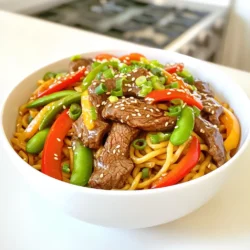 To make Beef Teriyaki Noodles, you need fresh and tasty ingredients. Each one plays a key role in the dish’s flavor and texture. - 400g beef sirloin, thinly sliced - 200g egg noodles - 2 tablespoons vegetable oil - 1 red bell pepper, sliced - 1 cup snap peas - 3 green onions, chopped - 3 cloves garlic, minced - 1 tablespoon ginger, grated - ¼ cup soy sauce - 2 tablespoons honey - 1 tablespoon rice vinegar - 1 teaspoon sesame oil - Sesame seeds for garnish - Salt and pepper to taste When you shop, look for bright colors in your vegetables. The bell pepper should be firm and shiny. Snap peas should snap easily when bent. For beef, choose sirloin with a rich red color and good marbling. This fat gives flavor and keeps the meat juicy. Always check the sell-by date for freshness. First, bring a large pot of salted water to a boil. This step is key. Add 200g of egg noodles to the pot. Cook them according to the package instructions. Usually, this takes about 5-7 minutes. Once cooked, drain the noodles. Rinse them under cold water to stop the cooking process. This keeps them from getting mushy. Set them aside while you prepare the other ingredients. In a small bowl, mix together the teriyaki sauce. Combine ¼ cup of soy sauce, 2 tablespoons of honey, 1 tablespoon of rice vinegar, and 1 teaspoon of sesame oil. Stir well until all the ingredients blend. This sauce will give your dish that rich, sweet flavor. Set it aside for later use. Now, it’s time to cook the beef. Heat 1 tablespoon of vegetable oil in a large skillet or wok over medium-high heat. Add 400g of thinly sliced beef sirloin. Cook it for about 2-3 minutes, until it browns nicely. Season it with salt and pepper for flavor. Once cooked, remove the beef from the skillet and set it aside. Next, add the remaining tablespoon of oil to the same skillet. Add 3 cloves of minced garlic and 1 tablespoon of grated ginger. Sauté for about 30 seconds. Then, add 1 sliced red bell pepper and 1 cup of snap peas. Cook for another 3-4 minutes. You want them tender but still crisp. Now, return the cooked beef to the skillet. Add the reserved noodles next. Pour the teriyaki sauce over the beef and noodles. Toss everything well to combine. Cook for an additional 2-3 minutes. This allows the sauce to heat through and thicken slightly. Finally, remove the dish from heat. Garnish with 3 chopped green onions and sesame seeds before serving. Enjoy your delicious meal that’s better than takeout! To keep your beef tender, slice it thinly against the grain. This breaks down the muscle fibers. Marinating the beef for 15-30 minutes in soy sauce can also help. The salt in the soy sauce works to soften the meat. Use a hot skillet to quickly sear the beef. This locks in juices and keeps it moist. Avoid overcooking; just a few minutes on each side is enough. For perfectly cooked egg noodles, follow the package instructions closely. Start with boiling salted water. This adds flavor to the noodles. Cook them until they are al dente, which means firm to the bite. Drain the noodles and rinse them under cold water. This stops the cooking process and prevents sticking. Toss them with a little oil if you like. This helps keep them separate. You can add more flavor by including different veggies. Try mushrooms, broccoli, or carrots for extra crunch and taste. Adding chili flakes gives a spicy kick. You can also mix in sesame seeds for a nutty flavor. If you love a bit of sweetness, throw in pineapple chunks. This balances well with the salty teriyaki sauce. Adjust these add-ins based on your taste. Feel free to get creative! {{image_2}} You can switch out the beef for other proteins. Chicken, shrimp, or tofu work great. Just slice them thin for even cooking. Each option gives a unique flavor. For example, shrimp adds a sweet taste. Tofu brings a soft texture that soaks up the sauce well. Feel free to change the veggies based on what you like. Broccoli, carrots, or zucchini can fit perfectly. You can even toss in mushrooms for an earthy flavor. Make sure to cut them into bite-sized pieces. This keeps the stir-fry quick and easy. To make this dish gluten-free, swap the soy sauce for tamari. Tamari has a similar taste but is safe for gluten-free diets. You can also use rice noodles instead of egg noodles. This keeps the dish tasty and healthy for everyone. To keep your beef teriyaki noodles fresh, store them in an airtight container. Let the dish cool to room temperature before sealing. This helps avoid moisture build-up, which can make your noodles soggy. Place the container in the fridge. Your leftovers will stay good for up to three days. When you’re ready to enjoy your leftovers, use a skillet for best results. Heat a bit of oil over medium heat, then add the noodles. Stir them gently to warm through. This way, you keep the texture nice and avoid overcooking. You can also add a splash of water for steam if needed. Microwaving is fine too; just cover the dish and heat in short bursts, stirring in between. If you want to make extra for later, freezing is a good option. First, let the dish cool. Then, portion it into freezer-safe bags or containers. Remove as much air as possible from the bags to prevent freezer burn. Label each bag with the date. Beef teriyaki noodles can last in the freezer for about three months. When you’re ready to eat, thaw overnight in the fridge and follow the reheating tips above. Yes, you can use other noodles. Rice noodles or soba noodles work great. Each type adds a unique taste and texture. Just remember to adjust the cooking time. Always check the package for instructions. Making teriyaki sauce is simple. You need soy sauce, honey, rice vinegar, and sesame oil. - Ingredients: - ¼ cup soy sauce - 2 tablespoons honey - 1 tablespoon rice vinegar - 1 teaspoon sesame oil Mix these in a bowl and stir until combined. This sauce adds a sweet and savory taste to your dish. You can serve many sides with beef teriyaki noodles. Here are a few ideas: - Steamed broccoli - Fried rice - A fresh cucumber salad These sides add color and balance to your meal. You can easily change this recipe for different diets. Here are some tips: - Gluten-Free: Use gluten-free soy sauce. - Low-Carb: Swap noodles for zucchini noodles or cauliflower rice. - Vegetarian/Vegan: Replace beef with tofu or tempeh. These changes still keep the dish tasty and satisfying. To make beef teriyaki noodles, I shared key ingredients, cooking steps, and storage tips. You learned how to pick fresh beef and veggies. I covered noodle cooking, sauce prep, and stir-frying techniques. You can enjoy fun variations with different proteins or gluten-free options. If you store and reheat leftovers right, your dish stays tasty. Now, get cooking! Enjoy this simple yet delicious meal at home. Happy eating!