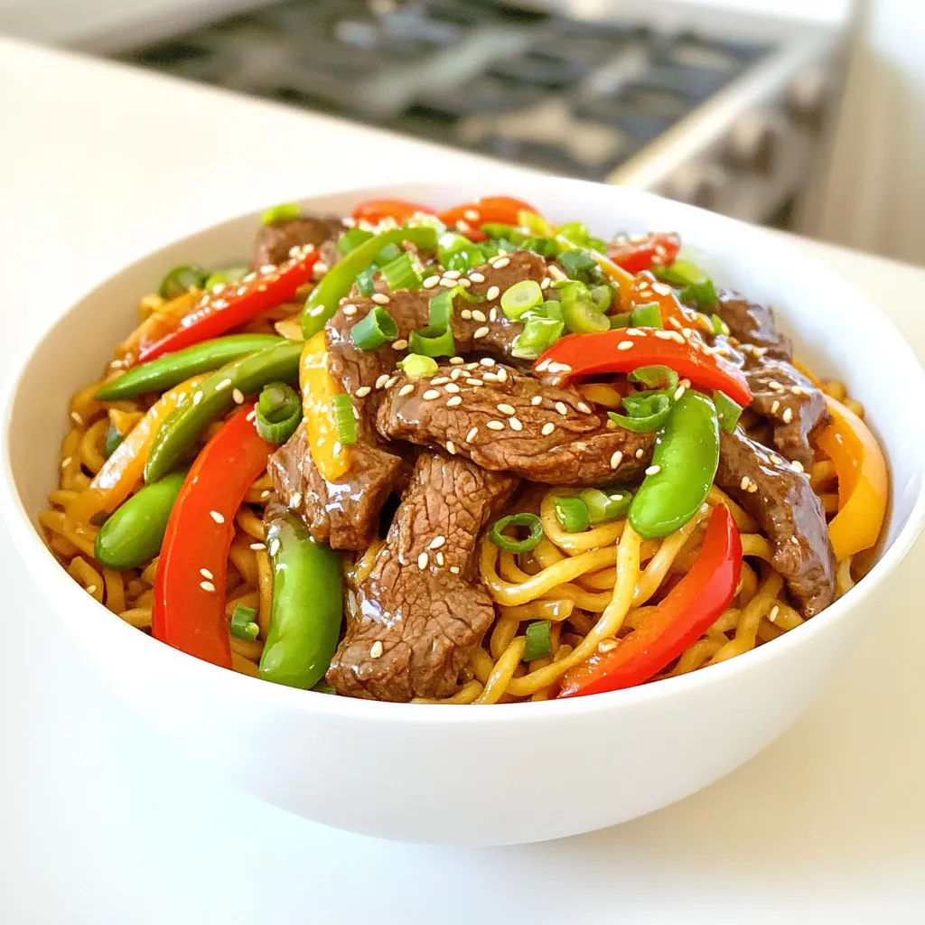 To make Beef Teriyaki Noodles, you need fresh and tasty ingredients. Each one plays a key role in the dish’s flavor and texture. - 400g beef sirloin, thinly sliced - 200g egg noodles - 2 tablespoons vegetable oil - 1 red bell pepper, sliced - 1 cup snap peas - 3 green onions, chopped - 3 cloves garlic, minced - 1 tablespoon ginger, grated - ¼ cup soy sauce - 2 tablespoons honey - 1 tablespoon rice vinegar - 1 teaspoon sesame oil - Sesame seeds for garnish - Salt and pepper to taste When you shop, look for bright colors in your vegetables. The bell pepper should be firm and shiny. Snap peas should snap easily when bent. For beef, choose sirloin with a rich red color and good marbling. This fat gives flavor and keeps the meat juicy. Always check the sell-by date for freshness. First, bring a large pot of salted water to a boil. This step is key. Add 200g of egg noodles to the pot. Cook them according to the package instructions. Usually, this takes about 5-7 minutes. Once cooked, drain the noodles. Rinse them under cold water to stop the cooking process. This keeps them from getting mushy. Set them aside while you prepare the other ingredients. In a small bowl, mix together the teriyaki sauce. Combine ¼ cup of soy sauce, 2 tablespoons of honey, 1 tablespoon of rice vinegar, and 1 teaspoon of sesame oil. Stir well until all the ingredients blend. This sauce will give your dish that rich, sweet flavor. Set it aside for later use. Now, it’s time to cook the beef. Heat 1 tablespoon of vegetable oil in a large skillet or wok over medium-high heat. Add 400g of thinly sliced beef sirloin. Cook it for about 2-3 minutes, until it browns nicely. Season it with salt and pepper for flavor. Once cooked, remove the beef from the skillet and set it aside. Next, add the remaining tablespoon of oil to the same skillet. Add 3 cloves of minced garlic and 1 tablespoon of grated ginger. Sauté for about 30 seconds. Then, add 1 sliced red bell pepper and 1 cup of snap peas. Cook for another 3-4 minutes. You want them tender but still crisp. Now, return the cooked beef to the skillet. Add the reserved noodles next. Pour the teriyaki sauce over the beef and noodles. Toss everything well to combine. Cook for an additional 2-3 minutes. This allows the sauce to heat through and thicken slightly. Finally, remove the dish from heat. Garnish with 3 chopped green onions and sesame seeds before serving. Enjoy your delicious meal that’s better than takeout! To keep your beef tender, slice it thinly against the grain. This breaks down the muscle fibers. Marinating the beef for 15-30 minutes in soy sauce can also help. The salt in the soy sauce works to soften the meat. Use a hot skillet to quickly sear the beef. This locks in juices and keeps it moist. Avoid overcooking; just a few minutes on each side is enough. For perfectly cooked egg noodles, follow the package instructions closely. Start with boiling salted water. This adds flavor to the noodles. Cook them until they are al dente, which means firm to the bite. Drain the noodles and rinse them under cold water. This stops the cooking process and prevents sticking. Toss them with a little oil if you like. This helps keep them separate. You can add more flavor by including different veggies. Try mushrooms, broccoli, or carrots for extra crunch and taste. Adding chili flakes gives a spicy kick. You can also mix in sesame seeds for a nutty flavor. If you love a bit of sweetness, throw in pineapple chunks. This balances well with the salty teriyaki sauce. Adjust these add-ins based on your taste. Feel free to get creative! {{image_2}} You can switch out the beef for other proteins. Chicken, shrimp, or tofu work great. Just slice them thin for even cooking. Each option gives a unique flavor. For example, shrimp adds a sweet taste. Tofu brings a soft texture that soaks up the sauce well. Feel free to change the veggies based on what you like. Broccoli, carrots, or zucchini can fit perfectly. You can even toss in mushrooms for an earthy flavor. Make sure to cut them into bite-sized pieces. This keeps the stir-fry quick and easy. To make this dish gluten-free, swap the soy sauce for tamari. Tamari has a similar taste but is safe for gluten-free diets. You can also use rice noodles instead of egg noodles. This keeps the dish tasty and healthy for everyone. To keep your beef teriyaki noodles fresh, store them in an airtight container. Let the dish cool to room temperature before sealing. This helps avoid moisture build-up, which can make your noodles soggy. Place the container in the fridge. Your leftovers will stay good for up to three days. When you’re ready to enjoy your leftovers, use a skillet for best results. Heat a bit of oil over medium heat, then add the noodles. Stir them gently to warm through. This way, you keep the texture nice and avoid overcooking. You can also add a splash of water for steam if needed. Microwaving is fine too; just cover the dish and heat in short bursts, stirring in between. If you want to make extra for later, freezing is a good option. First, let the dish cool. Then, portion it into freezer-safe bags or containers. Remove as much air as possible from the bags to prevent freezer burn. Label each bag with the date. Beef teriyaki noodles can last in the freezer for about three months. When you’re ready to eat, thaw overnight in the fridge and follow the reheating tips above. Yes, you can use other noodles. Rice noodles or soba noodles work great. Each type adds a unique taste and texture. Just remember to adjust the cooking time. Always check the package for instructions. Making teriyaki sauce is simple. You need soy sauce, honey, rice vinegar, and sesame oil. - Ingredients: - ¼ cup soy sauce - 2 tablespoons honey - 1 tablespoon rice vinegar - 1 teaspoon sesame oil Mix these in a bowl and stir until combined. This sauce adds a sweet and savory taste to your dish. You can serve many sides with beef teriyaki noodles. Here are a few ideas: - Steamed broccoli - Fried rice - A fresh cucumber salad These sides add color and balance to your meal. You can easily change this recipe for different diets. Here are some tips: - Gluten-Free: Use gluten-free soy sauce. - Low-Carb: Swap noodles for zucchini noodles or cauliflower rice. - Vegetarian/Vegan: Replace beef with tofu or tempeh. These changes still keep the dish tasty and satisfying. To make beef teriyaki noodles, I shared key ingredients, cooking steps, and storage tips. You learned how to pick fresh beef and veggies. I covered noodle cooking, sauce prep, and stir-frying techniques. You can enjoy fun variations with different proteins or gluten-free options. If you store and reheat leftovers right, your dish stays tasty. Now, get cooking! Enjoy this simple yet delicious meal at home. Happy eating!