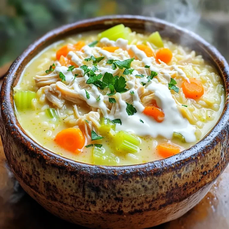 - 1 lb boneless, skinless chicken breasts - 1 cup long-grain white rice, rinsed - 1 medium onion, diced - 2 cloves garlic, minced - 3 carrots, sliced - 2 celery stalks, sliced For this soup, I use boneless, skinless chicken breasts. They cook well and shred nicely. The long-grain white rice adds a great texture. Rinsing the rice helps remove excess starch, keeping it fluffy. I love using a medium onion for flavor. Garlic gives that extra punch, while carrots and celery add great taste and color. - 4 cups chicken broth - 1 cup heavy cream (or coconut cream for dairy-free) You can choose chicken broth from a box or make your own. Homemade broth has a rich taste. For creaminess, I often use heavy cream. If you want a dairy-free option, coconut cream works well, too. Both choices create a silky texture that feels comforting. - 1 teaspoon dried thyme - 1 teaspoon dried parsley - Salt and pepper to taste - Optional: Fresh parsley for garnish Herbs like thyme and parsley add depth to the soup. I always taste and adjust the salt and pepper before serving. For that beautiful pop of color, I sprinkle fresh parsley on top. It makes the soup not just tasty but also pretty. First, rinse 1 cup of long-grain white rice under cold water. This removes extra starch and keeps your soup smooth. Next, chop 1 medium onion, 2 cloves of garlic, 3 carrots, and 2 celery stalks. Cut them into small pieces. This helps them cook evenly and adds flavor to the soup. Once your chicken is cooked, remove it from the slow cooker. Use two forks to shred the chicken into bite-sized pieces. This makes it easy to mix back into the soup later. Start by placing the chicken breasts at the bottom of your slow cooker. Then, layer the diced onion, minced garlic, sliced carrots, and sliced celery on top. Next, pour the rinsed rice over the veggies. This way, the rice cooks perfectly in the broth. Now, pour in 4 cups of chicken broth. Add 1 teaspoon of dried thyme and 1 teaspoon of dried parsley. Season with salt and pepper to taste. Stir gently to mix everything together without breaking the rice. You can set your slow cooker to low or high. If you use low, cook for 6-7 hours. If you choose high, cook for 4 hours. Both ways will make the chicken tender and juicy. To check if the chicken is done, use a meat thermometer. It should read at least 165°F. This ensures it is safe to eat. After cooking, remember to shred the chicken before adding the cream. Let it cook for an extra 15-30 minutes on low after adding the cream. This helps all the flavors come together. To make your soup extra creamy, consider using coconut cream. This option is rich and dairy-free. If you want a thick texture, try adding more rice. You can also mix in some blended cauliflower for a creamy base without the extra calories. To amp up the flavor, add spices. I love using garlic powder and a pinch of paprika. Fresh herbs, like thyme or basil, bring a bright taste. For fun toppings, try crispy bacon bits or crunchy croutons. They add texture and flavor to each bite. Serve your soup hot in deep bowls. A sprinkle of fresh parsley adds color and freshness. For a lovely touch, drizzle some extra cream on top. Pair the soup with crusty bread or a side salad. This makes a complete meal that everyone will enjoy. {{image_2}} For those needing gluten-free options, use gluten-free broth and rice. Many brands make rice that’s safe for gluten-free diets. You can also swap in quinoa or cauliflower rice for a different twist. If you want low-carb substitutions, try using cauliflower rice instead of white rice. This change cuts carbs and adds fiber. You can also skip the cream and use a low-carb milk alternative. Add vegetables or legumes to boost nutrition. Try spinach, peas, or green beans for color and taste. You can also toss in beans for extra protein. They will cook well in the slow cooker and add a nice texture. Experimenting with different meats can keep things exciting. Use turkey, pork, or even beef for a new flavor. Shredded rotisserie chicken works great too. Just add it in the last hour of cooking. Incorporating flavors from different cuisines can be fun. Add ginger and soy sauce for an Asian twist. You could also use cumin and lime for a Mexican flair. Adding spices is a simple way to get a global feel. Try curry powder for warmth or smoked paprika for depth. A pinch of saffron can add richness and a lovely color. To store soup leftovers, let the soup cool first. Pour the soup into suitable storage containers. I recommend using airtight containers to keep the soup fresh. Glass or BPA-free plastic containers work well. Label the containers with the date you stored them for easy tracking. For proper freezing methods, allow the soup to cool completely. Pour it into freezer-safe bags or containers. Remove as much air as possible before sealing. This helps prevent freezer burn. When you are ready to eat, thaw the soup in the fridge overnight. To reheat, warm it on the stove or in the microwave. Stir occasionally to ensure even heating. The soup lasts about 3-4 days in the fridge. In the freezer, it can stay good for up to 3 months. Watch for signs of spoilage like off odors, discoloration, or a change in texture. If you see any of these signs, it’s best to toss it out. Yes, you can use frozen chicken breasts for this soup. It saves time and is easy. Just place the frozen chicken at the bottom of the slow cooker. The chicken will cook well over the long cooking time. It will stay juicy and tender. Tips on cooking with frozen chicken breasts: - Add a few extra minutes to your cooking time. - Ensure the chicken reaches 165°F for safety. - Check the chicken near the end of cooking to see if it’s done. You can easily make this soup dairy-free. Instead of heavy cream, use coconut cream. It gives a creamy texture and a subtle sweetness. Alternatives to heavy cream: - Almond milk can also work, but it will be less creamy. - Cashew cream is another great option for richness. - Always taste and adjust seasonings after adding dairy-free options. This soup pairs well with many sides. You can serve it with crusty bread or a fresh salad. Complementary side dishes and bread options: - Garlic bread adds nice flavor and texture. - A simple green salad with a light dressing works great too. - Crackers or breadsticks are fun for dipping. This blog post shared the great recipe for Slow Cooker Creamy Chicken and Rice Soup. You learned about the main ingredients, the broth and cream base, and seasoning tips. I also covered step-by-step instructions for cooking and serving suggestions. Feel free to adjust flavors or make it your own with different ingredients. Try adding new spices or make it dairy-free. Remember, this recipe is easy to store and lasts well. Enjoy making your soup and sharing it with the people you love.