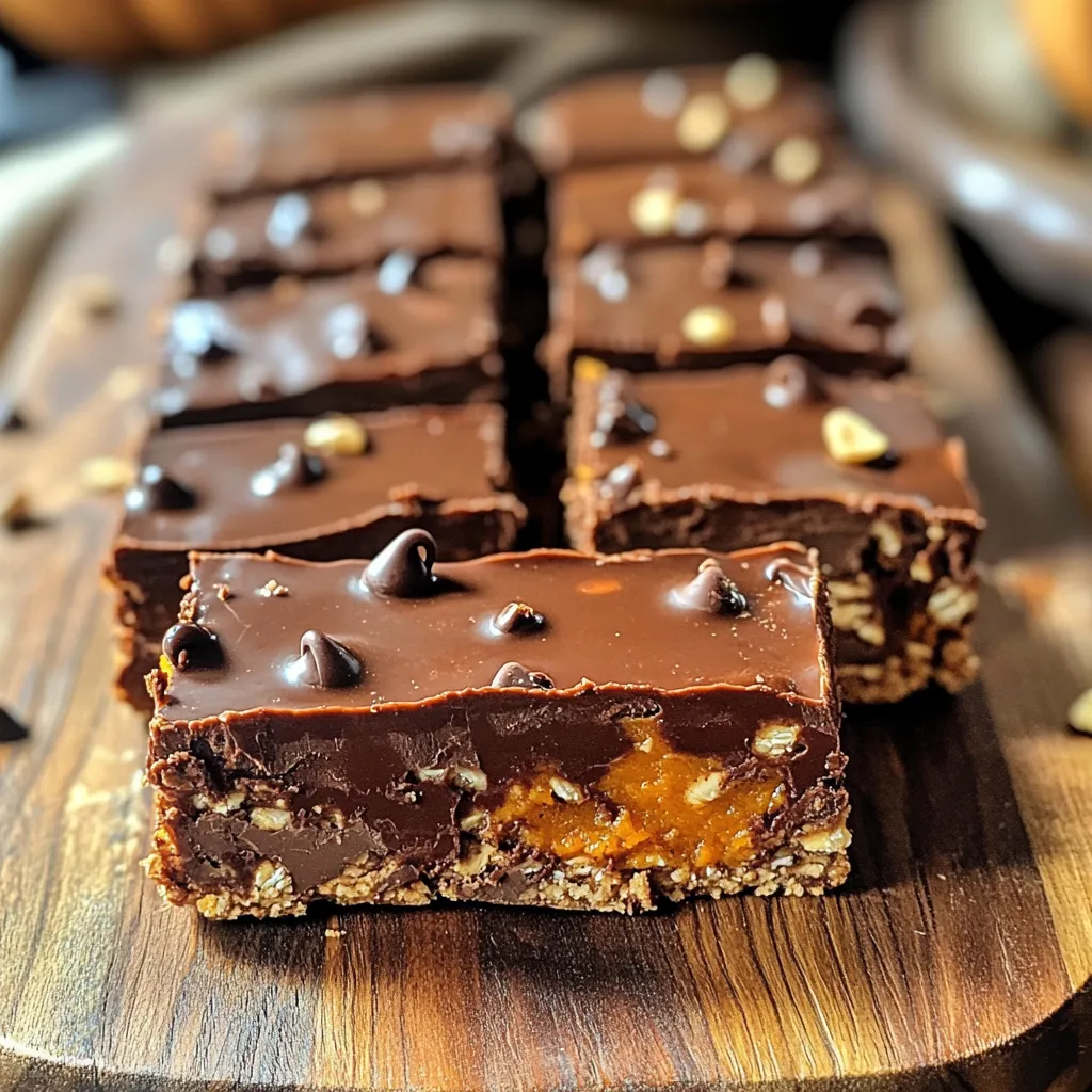 Here is the list of ingredients you will need for these delicious Chocolate Pumpkin Oat Bars: - 1 cup rolled oats - 1/2 cup pumpkin puree - 1/2 cup almond butter (or any nut butter) - 1/4 cup honey or maple syrup - 1/4 cup unsweetened cocoa powder - 1/2 teaspoon vanilla extract - 1/4 teaspoon cinnamon - 1/4 teaspoon salt - 1/4 cup chocolate chips (or dark chocolate chunks) - 1/4 cup chopped nuts (optional, such as walnuts or pecans) Using quality ingredients makes a big difference in taste. The rolled oats give great texture, while pumpkin puree adds moisture and flavor. Almond butter or any nut butter provides healthy fats. Honey or maple syrup offers natural sweetness. Unsweetened cocoa powder gives a rich, chocolatey taste without extra sugar. Vanilla extract and cinnamon enhance the flavor profile. Finally, salt balances the sweetness, and chocolate chips provide a delightful treat. Feel free to get creative! You can swap out nut butters or sweeteners. Adding chopped nuts can give a nice crunch. This recipe is flexible, making it fun to adjust to your taste! First, gather all your ingredients. In a large bowl, mix rolled oats, pumpkin puree, and almond butter. Next, add honey, cocoa powder, vanilla extract, cinnamon, and salt. Use a spatula to blend everything together. The mixture should be thick and sticky, like dough. If it feels too dry, add a bit more pumpkin puree. If it’s too wet, add extra oats. This base is the heart of your bars. Now, it’s time to add some fun! Fold in the chocolate chips gently. If you want a crunch, mix in chopped nuts like walnuts or pecans. Make sure to spread them evenly throughout the mixture. This step adds flavor and texture, making each bite exciting. Next, prepare to transfer your mixture. Line an 8x8 inch pan with parchment paper, leaving some paper hanging over the sides. This makes it easy to lift out later. Pour your mixture into the pan. Use your hands or the back of a spatula to press it down firmly. This step is key for even distribution. Make sure it’s compact so the bars hold together. Now comes the important part: chilling. Place the pan in the fridge for at least 2 hours. This helps the bars set and firm up. If you skip this step, your bars may crumble. Trust me, waiting is worth it for a great texture! Once the bars are firm, it’s time to cut them. Carefully lift the mixture out of the pan using the parchment paper. Place it on a cutting board. Use a sharp knife to cut it into squares or rectangles. Aim for about 12 bars for perfect serving sizes. Enjoy your tasty treats! To get the right texture in your bars, the nut butter plays a big role. If you want a creamier mix, use almond butter. For a firmer texture, try a thicker nut butter like peanut butter. When mixing, make sure everything blends well. The mix should feel thick and sticky, not runny. To achieve firmness, chilling is key. After pressing the mixture into the pan, let it set in the fridge for at least two hours. This helps the bars hold their shape when you cut them. If your bars are too soft, consider adding more oats or nut butter next time. Spices can take your bars to the next level. A pinch of nutmeg or ginger adds warmth. If you like a sweeter treat, adjust the honey or maple syrup. Start with the amount in the recipe, then taste. If you want it sweeter, add a bit more. You can also try adding extracts. A touch of almond or peppermint extract can surprise your taste buds. Just remember that a little goes a long way. These bars pair well with yogurt or fresh fruit. For a fun twist, serve them with a drizzle of honey or a sprinkle of nuts on top. For presentation, slice the bars into fun shapes. Use cookie cutters for stars or hearts. This makes them more appealing, especially for kids. You can also stack them for a lovely display. {{image_2}} You can easily change up the flavor of your Chocolate Pumpkin Oat Bars. One fun option is to create a pumpkin spice version. Just add a bit more cinnamon and a pinch of nutmeg. This small change boosts the fall flavors! Another great idea is to add fruit purées. You can try using mashed banana or applesauce. These add natural sweetness and moisture. If you want some crunch, consider adding chopped nuts. Walnuts or pecans work well here. They give texture and extra flavor. If you have dietary needs, you can still enjoy these bars. For a vegan option, swap honey for maple syrup. This makes your bars fully plant-based. If you need a nut-free recipe, use sunflower seed butter instead of almond butter. This keeps the bars creamy without nuts. You can also look for low-sugar options. Use a sugar substitute that measures like sugar. This way, you can lower the sugar content without losing taste. To keep your chocolate pumpkin oat bars fresh, store them in an airtight container. This helps avoid moisture and keeps them from drying out. Place a piece of parchment paper between layers if you stack them. These bars stay fresh in the fridge for up to one week. If you want to enjoy these bars longer, freezing is a great option. First, cut the bars into desired sizes. Wrap each piece tightly in plastic wrap. Then, place them in a freezer-safe bag or container. This method keeps them tasty and prevents freezer burn. To thaw, simply take out a bar and let it sit at room temperature for about 15 minutes. You can also microwave it for 10-15 seconds. Serve chilled or at room temperature for the best taste. Yes, you can use other options. Sweet potato puree works well and has a similar taste. You can also try applesauce for a lighter texture. Using these options may change the flavor slightly. Sweet potatoes add a richer taste, while applesauce brings more sweetness. These bars stay fresh for about one week in the fridge. Store them in an airtight container to keep them from drying out. If you freeze them, they can last up to three months. Just make sure to wrap them well to prevent freezer burn. Absolutely! Adding protein powder is easy. Use about 1/4 cup for a protein boost. You may need to adjust the liquid in the recipe to keep it moist. This can make the bars a bit denser but still tasty. Now you know how to make tasty, healthy bars with simple ingredients. We covered everything from mixing oat and pumpkin puree to adding chocolate. I shared tips on making them just right and how to store or freeze them for later. You can easily change flavors or keep them vegan. Enjoy experimenting with these bars in various ways. Each bite will be simple and satisfying. Happy snacking!