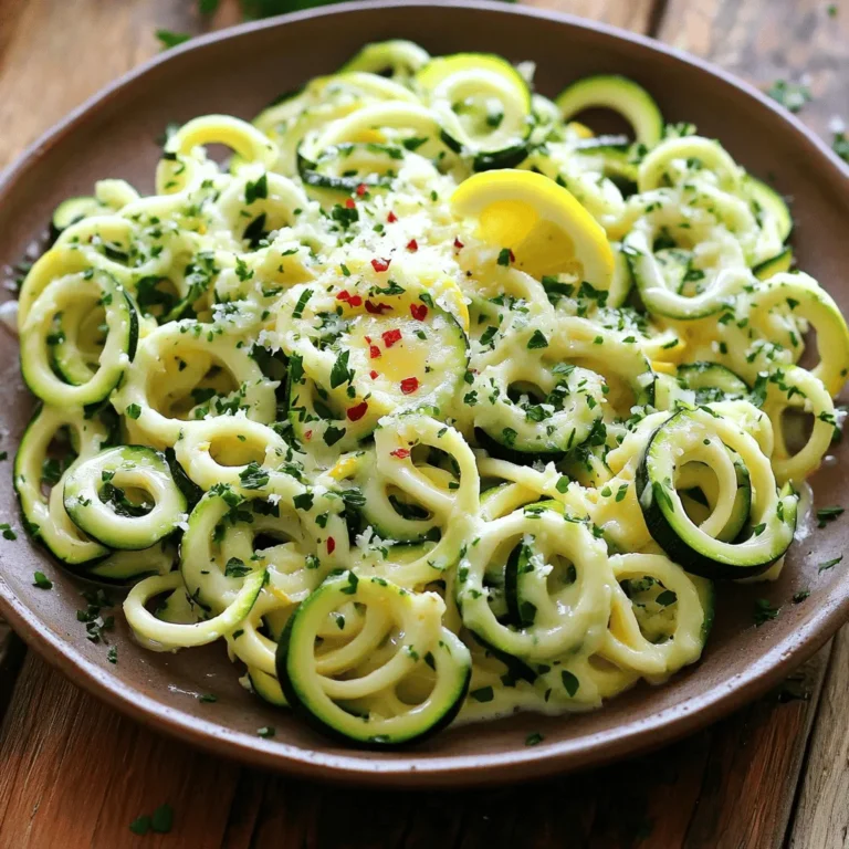 - 4 medium zucchinis - 4 tablespoons unsalted butter - 4 cloves garlic, minced - 1 teaspoon red pepper flakes - Zest and juice of 1 lemon - 1/4 cup grated Parmesan cheese or nutritional yeast - Salt and pepper to taste - Fresh parsley, chopped In this dish, the zucchinis serve as the star. I love using medium zucchinis because they have a nice balance of flavor. The unsalted butter adds richness, while the minced garlic brings a punch of flavor. Garlic is key; it makes everything better! You can spice things up with red pepper flakes. Just one teaspoon can add warmth. If you want more heat, feel free to add more. The lemon zest and juice brighten the dish, making it fresh. They also help cut through the richness of the butter. For creaminess, I often use Parmesan cheese. It melts beautifully into the sauce. If you need a vegan option, nutritional yeast works well too. Finally, I sprinkle salt and pepper to taste. Fresh parsley adds color and freshness. It’s a simple way to dress up the dish. To start, you will need four medium zucchinis. Use a spiralizer to make zoodles. If you don’t have one, a vegetable peeler works too. Just peel thin ribbons from the zucchini. Once you have your zoodles, set them aside in a bowl. Next, grab a large skillet. Heat it over medium heat. Add four tablespoons of unsalted butter to the skillet. Let the butter melt completely. Then, add four cloves of minced garlic and one teaspoon of red pepper flakes. Stir often to keep the garlic from burning. Cook this mix for about one to two minutes until you smell a nice garlic aroma. Now, add the zoodles to the skillet with the garlic butter. Toss them gently to coat all the zoodles. Make sure they get a nice garlic flavor. Sauté for about three to five minutes. The zoodles should soften but still have a little crunch. This gives the dish a great texture. It’s time to add some brightness. Pour in the juice and zest of one lemon. Stir well to mix it in. Then, add a quarter cup of grated Parmesan cheese. Mix until the cheese melts and becomes creamy. Taste and add salt and pepper as needed. Remove the skillet from the heat. Transfer the zoodles to plates. For a pretty touch, garnish with chopped fresh parsley. If you like, sprinkle a bit more Parmesan on top. Enjoy your quick and tasty Min Garlic Butter Zoodles! To get the right doneness for zoodles, cook them just enough. You want them soft but not mushy. I suggest sautéing for about 3-5 minutes. This keeps a nice bite. Overcooking makes them watery. Always keep an eye on them! To avoid mushy zoodles, remember to salt them lightly before cooking. This helps draw out excess moisture. You can also try using a clean kitchen towel to squeeze out some liquid. These steps help keep your dish fresh and vibrant. If you like a kick, add red pepper flakes. Start with one teaspoon and adjust to your taste. It adds a nice heat without overpowering the garlic. For those who prefer less heat, leave it out altogether. You can swap Parmesan cheese for nutritional yeast if you're vegan. Nutritional yeast gives a cheesy flavor without dairy. It’s a great way to keep the dish creamy and rich. Efficiently spiralizing zucchinis can save you time. Use a spiralizer for quick zoodles. If you don’t have one, a vegetable peeler works too. Just make sure your ribbons are thin enough to cook well. Prepping your ingredients ahead of time is key. You can spiralize the zucchinis and mince the garlic in advance. Store them in the fridge until you’re ready to cook. This makes the cooking process quick and easy, especially on busy days. {{image_2}} You can add cherry tomatoes to your zoodles for a fresh burst of flavor. Slice them in half and toss them in with the zoodles. Spinach is another great choice. It wilts quickly and adds nice color. Just throw it in the pan at the end to keep it bright. Roasted bell peppers also work well. They add sweetness and depth. Chop them into strips and mix them in for a tasty twist. For a heartier meal, consider adding protein. Chicken is a classic choice. Cook it in the skillet first, then set it aside. Add the garlic butter and zoodles after. Shrimp cooks fast and works well too. Just sauté it until pink, then add zoodles. If you prefer a plant-based option, tofu is perfect. Cube it and sauté until golden. Each protein brings its own unique flavor to the dish. If you're gluten-free, you can still enjoy this recipe. Try gluten-free pasta as a base for your garlic butter sauce. It holds up well with the zoodles. You can also experiment with other vegetable noodles. Carrot or butternut squash noodles are tasty options. They add a bit of sweetness and color to your plate. Enjoy your meal and feel good about your choices! To keep your Min Garlic Butter Zoodles fresh, store them in the fridge. Use an airtight container. This helps prevent moisture loss and keeps flavors intact. Make sure to cool the dish before sealing it. It can stay fresh for 2-3 days in the fridge. Reheat your zoodles on the stove for the best texture. Warm them over low heat. Stir often to avoid sticking. This method keeps them from getting soggy. Heat for about 3-5 minutes until warm. If using a microwave, place them in a bowl. Heat in short bursts of 30 seconds, stirring in between. Freezing zoodles is easy but requires some prep. First, blanch them in boiling water for 1-2 minutes. This helps maintain their color and texture. Drain and cool them quickly in ice water. Pat dry, then place in freezer bags. Squeeze out air before sealing. When ready to use, thaw them in the fridge overnight. Cook them straight from frozen in your dish, adding a few extra minutes to the cooking time. You can use a vegetable peeler to make zoodles. Just slice the zucchini into thin ribbons. This method gives you a similar shape but takes a bit longer. Another option is to use a box grater. Grate the zucchini using the wide holes for a different texture. Yes, you can prepare zoodles in advance. Store cooked zoodles in an airtight container in the fridge. They stay fresh for about two days. For best taste, make the garlic butter sauce just before serving. This keeps everything flavorful and bright. If you want a vegan option, use nutritional yeast. It has a cheesy flavor and is rich in nutrients. You can also try other cheeses like feta or goat cheese. They add a nice twist to the dish. Yes, zoodles are lower in calories and carbs than regular pasta. They are rich in vitamins and fiber, making them a great choice for a healthy meal. Eating zoodles can help you feel full without adding too many calories. Enjoying them can support a balanced diet too! This guide covered how to make delicious garlic butter zoodles using simple ingredients. We discussed the key steps, from preparing zoodles to serving them hot. I shared tips to perfect their texture and suggested variations to suit your tastes. You can enjoy this fresh, nutritious dish any time. Remember, cooking is about trying new things. Don’t hesitate to experiment with flavors and ingredients. Happy cooking!