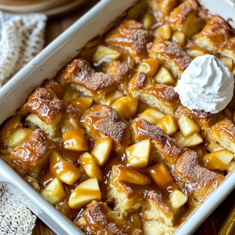 To make caramel apple bread pudding, gather these simple ingredients: - 6 cups day-old bread (brioche or challah), cubed - 3 medium apples (like Granny Smith or Honeycrisp), peeled, cored, and diced - 1 cup granulated sugar - 1 cup milk - 1 cup heavy cream - 4 large eggs - 1 teaspoon vanilla extract - 1 teaspoon ground cinnamon - 1/2 teaspoon nutmeg - 1/4 teaspoon salt - 1 cup caramel sauce (store-bought or homemade) - Optional: Whipped cream for serving Each ingredient plays a key role in creating the perfect dessert. For a rich pudding, use: - Bread: 6 cups of cubed day-old bread helps it soak up the custard. - Apples: 3 medium apples add tartness and sweetness. - Sugar: 1 cup of granulated sugar sweetens the dish. - Milk and cream: 1 cup each gives a creamy texture. - Eggs: 4 large eggs bind everything together. - Spices: 1 teaspoon vanilla, 1 teaspoon cinnamon, 1/2 teaspoon nutmeg, and 1/4 teaspoon salt enhance the flavors. - Caramel sauce: 1 cup creates that sweet finish. Feel free to adjust ingredients based on what you have. For bread, use any stale bread. Brioche and challah work great because of their rich texture. For apples, you can mix different varieties for unique flavors. Don’t forget, you can also make your caramel sauce at home! If you want a lighter option, swap heavy cream for more milk. For an extra touch, add nuts or chocolate chips to the mix. This recipe is flexible and can fit your taste. Start by gathering all your ingredients. You will need: - 6 cups day-old bread (brioche or challah works best) - 3 medium apples (Granny Smith or Honeycrisp are great choices) - 1 cup granulated sugar - 1 cup milk - 1 cup heavy cream - 4 large eggs - 1 teaspoon vanilla extract - 1 teaspoon ground cinnamon - 1/2 teaspoon nutmeg - 1/4 teaspoon salt - 1 cup caramel sauce - Optional: whipped cream for serving Next, preheat your oven to 350°F (175°C). Grease a 9x13 inch baking dish with butter or cooking spray to prevent sticking. In a large bowl, combine the cubed bread and diced apples. Toss them gently so they mix well. Pour this mixture into your greased baking dish. In another bowl, whisk together the granulated sugar, milk, heavy cream, eggs, vanilla extract, cinnamon, nutmeg, and salt. Mix until the mixture is smooth. Now, pour the custard mixture evenly over the bread and apples. Press down gently to make sure all the bread soaks up the liquid. Let it sit for about 15-20 minutes. Drizzle half of the caramel sauce over the top. Use a spatula to swirl it in lightly. Place the baking dish in the preheated oven. Bake for 40-45 minutes. The top should turn golden brown, and the pudding must set. Once done, take it out and let the bread pudding cool for about 10 minutes. Serve it warm, drizzled with more caramel sauce and topped with whipped cream if you like. Enjoy the cozy flavors! To get the best texture in your caramel apple bread pudding, use day-old bread. Fresh bread can be too soft. Brioche or challah works well. Cut the bread into cubes about one inch in size. This helps it soak up the custard. After mixing the bread and apples, let it sit for a bit. This allows the bread to absorb more liquid. For a creamy texture, do not skip the heavy cream. It adds richness that makes every bite special. One common mistake is not letting the mixture soak. If you skip this step, the bread may turn out dry. Another mistake is baking too long. Keep an eye on the pudding. It should be golden brown on top and set in the middle. Also, be sure to use enough caramel. It adds the sweet flavor that makes this dessert shine. Lastly, don’t forget to cool it a bit before serving. This helps prevent burns and makes it easier to slice. To serve, drizzle more caramel sauce over each slice. You can also add whipped cream on top for extra creaminess. For a fun twist, sprinkle chopped nuts or toffee bits. They add crunch and flavor. If you want a fruity touch, serve with fresh apple slices. You can even pair it with vanilla ice cream. The warmth of the bread pudding and the cold ice cream create a delightful mix. Enjoy this cozy dessert with family and friends for a sweet end to any meal. {{image_2}} You can use many types of bread for this recipe. Brioche and challah are my favorites. They soak up the custard well. You can also try sourdough or French bread. Each type gives a new taste and texture. While I love Granny Smith and Honeycrisp apples, feel free to mix it up. You can use Fuji or Gala apples for sweetness. For a twist, add dried fruit like raisins or cranberries. Pears also work well and add a nice flavor. Cinnamon and nutmeg are classic spices for this dish. You can add ginger or cardamom for a warm kick. Try a splash of almond or maple extract for a new taste. Each change can make your bread pudding unique and fun. To keep your caramel apple bread pudding fresh, follow these tips. First, let it cool completely. Then, cover it tightly with plastic wrap or foil. You can also use an airtight container. Store it in the fridge for up to three days. This will help keep it moist and tasty. Reheating your bread pudding is easy. Preheat your oven to 350°F (175°C). Place the bread pudding in an oven-safe dish. Add a splash of milk to keep it moist. Cover it with foil to prevent it from drying out. Heat for about 15-20 minutes, or until warm. You can also use the microwave. Heat it in short bursts of 30 seconds. Stir in between to make sure it heats evenly. If you want to freeze your bread pudding, it’s simple. First, let it cool completely. Cut it into portions for easy thawing. Wrap each piece in plastic wrap, then foil. This will prevent freezer burn. You can freeze it for up to two months. When ready to eat, thaw it overnight in the fridge. Reheat it as mentioned above for a warm, cozy dessert. Yes, you can make caramel apple bread pudding ahead of time. Prepare it fully, then cover it and store it in the fridge. This way, the flavors blend well. You can bake it the next day. Just add a few extra minutes to the baking time. The best bread for bread pudding is day-old bread. I love using brioche or challah. Both provide a rich flavor and soft texture. They soak up the custard nicely. Avoid fresh bread as it may get too soggy. To know when your bread pudding is done, look for a golden-brown top. It should be set and not jiggly in the middle. You can also insert a knife into the center. If it comes out clean, it’s ready to serve. This post covered key steps for making caramel apple bread pudding. We explored ingredients, measurements, and variations. I shared tips for the best texture and common mistakes to avoid. You learned about storage, reheating, and how to serve. Now, you have the knowledge to create a delightful dish that impresses. Enjoy your time in the kitchen, and let each bite remind you of your hard work.