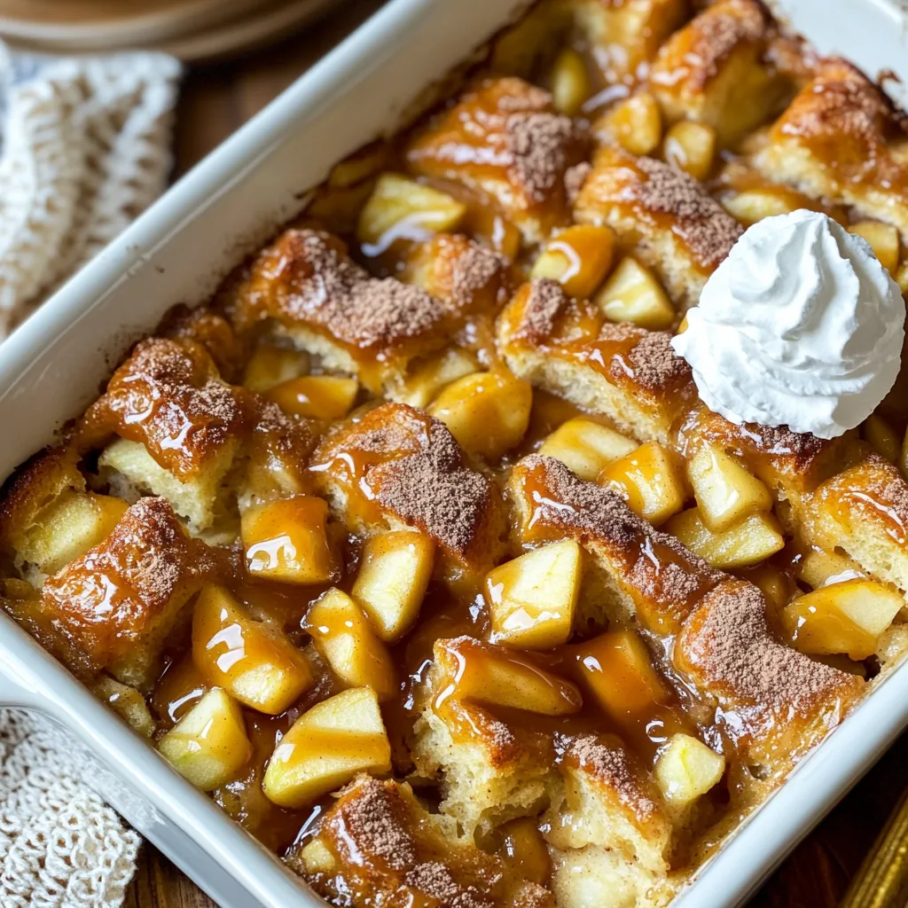 To make caramel apple bread pudding, gather these simple ingredients: - 6 cups day-old bread (brioche or challah), cubed - 3 medium apples (like Granny Smith or Honeycrisp), peeled, cored, and diced - 1 cup granulated sugar - 1 cup milk - 1 cup heavy cream - 4 large eggs - 1 teaspoon vanilla extract - 1 teaspoon ground cinnamon - 1/2 teaspoon nutmeg - 1/4 teaspoon salt - 1 cup caramel sauce (store-bought or homemade) - Optional: Whipped cream for serving Each ingredient plays a key role in creating the perfect dessert. For a rich pudding, use: - Bread: 6 cups of cubed day-old bread helps it soak up the custard. - Apples: 3 medium apples add tartness and sweetness. - Sugar: 1 cup of granulated sugar sweetens the dish. - Milk and cream: 1 cup each gives a creamy texture. - Eggs: 4 large eggs bind everything together. - Spices: 1 teaspoon vanilla, 1 teaspoon cinnamon, 1/2 teaspoon nutmeg, and 1/4 teaspoon salt enhance the flavors. - Caramel sauce: 1 cup creates that sweet finish. Feel free to adjust ingredients based on what you have. For bread, use any stale bread. Brioche and challah work great because of their rich texture. For apples, you can mix different varieties for unique flavors. Don’t forget, you can also make your caramel sauce at home! If you want a lighter option, swap heavy cream for more milk. For an extra touch, add nuts or chocolate chips to the mix. This recipe is flexible and can fit your taste. Start by gathering all your ingredients. You will need: - 6 cups day-old bread (brioche or challah works best) - 3 medium apples (Granny Smith or Honeycrisp are great choices) - 1 cup granulated sugar - 1 cup milk - 1 cup heavy cream - 4 large eggs - 1 teaspoon vanilla extract - 1 teaspoon ground cinnamon - 1/2 teaspoon nutmeg - 1/4 teaspoon salt - 1 cup caramel sauce - Optional: whipped cream for serving Next, preheat your oven to 350°F (175°C). Grease a 9x13 inch baking dish with butter or cooking spray to prevent sticking. In a large bowl, combine the cubed bread and diced apples. Toss them gently so they mix well. Pour this mixture into your greased baking dish. In another bowl, whisk together the granulated sugar, milk, heavy cream, eggs, vanilla extract, cinnamon, nutmeg, and salt. Mix until the mixture is smooth. Now, pour the custard mixture evenly over the bread and apples. Press down gently to make sure all the bread soaks up the liquid. Let it sit for about 15-20 minutes. Drizzle half of the caramel sauce over the top. Use a spatula to swirl it in lightly. Place the baking dish in the preheated oven. Bake for 40-45 minutes. The top should turn golden brown, and the pudding must set. Once done, take it out and let the bread pudding cool for about 10 minutes. Serve it warm, drizzled with more caramel sauce and topped with whipped cream if you like. Enjoy the cozy flavors! To get the best texture in your caramel apple bread pudding, use day-old bread. Fresh bread can be too soft. Brioche or challah works well. Cut the bread into cubes about one inch in size. This helps it soak up the custard. After mixing the bread and apples, let it sit for a bit. This allows the bread to absorb more liquid. For a creamy texture, do not skip the heavy cream. It adds richness that makes every bite special. One common mistake is not letting the mixture soak. If you skip this step, the bread may turn out dry. Another mistake is baking too long. Keep an eye on the pudding. It should be golden brown on top and set in the middle. Also, be sure to use enough caramel. It adds the sweet flavor that makes this dessert shine. Lastly, don’t forget to cool it a bit before serving. This helps prevent burns and makes it easier to slice. To serve, drizzle more caramel sauce over each slice. You can also add whipped cream on top for extra creaminess. For a fun twist, sprinkle chopped nuts or toffee bits. They add crunch and flavor. If you want a fruity touch, serve with fresh apple slices. You can even pair it with vanilla ice cream. The warmth of the bread pudding and the cold ice cream create a delightful mix. Enjoy this cozy dessert with family and friends for a sweet end to any meal. {{image_2}} You can use many types of bread for this recipe. Brioche and challah are my favorites. They soak up the custard well. You can also try sourdough or French bread. Each type gives a new taste and texture. While I love Granny Smith and Honeycrisp apples, feel free to mix it up. You can use Fuji or Gala apples for sweetness. For a twist, add dried fruit like raisins or cranberries. Pears also work well and add a nice flavor. Cinnamon and nutmeg are classic spices for this dish. You can add ginger or cardamom for a warm kick. Try a splash of almond or maple extract for a new taste. Each change can make your bread pudding unique and fun. To keep your caramel apple bread pudding fresh, follow these tips. First, let it cool completely. Then, cover it tightly with plastic wrap or foil. You can also use an airtight container. Store it in the fridge for up to three days. This will help keep it moist and tasty. Reheating your bread pudding is easy. Preheat your oven to 350°F (175°C). Place the bread pudding in an oven-safe dish. Add a splash of milk to keep it moist. Cover it with foil to prevent it from drying out. Heat for about 15-20 minutes, or until warm. You can also use the microwave. Heat it in short bursts of 30 seconds. Stir in between to make sure it heats evenly. If you want to freeze your bread pudding, it’s simple. First, let it cool completely. Cut it into portions for easy thawing. Wrap each piece in plastic wrap, then foil. This will prevent freezer burn. You can freeze it for up to two months. When ready to eat, thaw it overnight in the fridge. Reheat it as mentioned above for a warm, cozy dessert. Yes, you can make caramel apple bread pudding ahead of time. Prepare it fully, then cover it and store it in the fridge. This way, the flavors blend well. You can bake it the next day. Just add a few extra minutes to the baking time. The best bread for bread pudding is day-old bread. I love using brioche or challah. Both provide a rich flavor and soft texture. They soak up the custard nicely. Avoid fresh bread as it may get too soggy. To know when your bread pudding is done, look for a golden-brown top. It should be set and not jiggly in the middle. You can also insert a knife into the center. If it comes out clean, it’s ready to serve. This post covered key steps for making caramel apple bread pudding. We explored ingredients, measurements, and variations. I shared tips for the best texture and common mistakes to avoid. You learned about storage, reheating, and how to serve. Now, you have the knowledge to create a delightful dish that impresses. Enjoy your time in the kitchen, and let each bite remind you of your hard work.