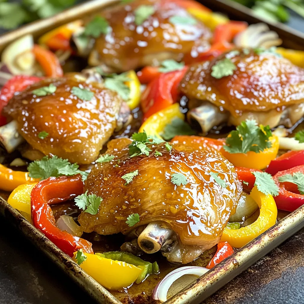 - 4 chicken thighs, bone-in and skin-on - 2 bell peppers (red and yellow), sliced - 1 large onion, sliced - 4 garlic cloves, minced - 1/4 cup honey - 2 tablespoons soy sauce (low-sodium) - 1 tablespoon apple cider vinegar - 2 tablespoons olive oil - 1 teaspoon smoked paprika - 1/2 teaspoon black pepper - 1/2 teaspoon salt The main ingredients for this dish are simple yet flavorful. The chicken thighs give a rich taste and juicy texture. The bell peppers and onion add sweetness and color. Garlic brings a nice aroma to the mix. - Olive oil - Low-sodium soy sauce - Honey - Apple cider vinegar - Smoked paprika - Black pepper - Salt These staples create a savory glaze. Honey mixes with soy sauce for sweetness. Apple cider vinegar adds a touch of tang. Smoked paprika gives a warm, smoky flavor, while black pepper and salt season everything nicely. - Fresh cilantro or parsley Garnishing with cilantro or parsley brightens the dish. It adds a fresh element that balances the sweetness and savory notes. You can sprinkle the herbs right before serving for a pop of color and taste. First, gather all your ingredients. You need chicken thighs, bell peppers, onion, garlic, honey, soy sauce, apple cider vinegar, olive oil, smoked paprika, black pepper, and salt. 1. Preheat your oven to 400°F (200°C). 2. In a small bowl, mix honey, soy sauce, apple cider vinegar, minced garlic, smoked paprika, black pepper, and salt. This mix becomes your marinade. 3. Place the chicken thighs in a large bowl. Pour half of the marinade over the chicken. Coat it well. Let it sit for 15 to 20 minutes. This step helps the chicken soak up flavor. Now, let’s get cooking! 1. On a large sheet pan, arrange the sliced bell peppers and onions. Drizzle them with olive oil. Sprinkle a pinch of salt and pepper on top. Toss to combine. 2. Place the marinated chicken thighs skin-side up on the veggies. Drizzle the rest of the marinade over the chicken. 3. Bake in the oven for 30 to 35 minutes. The chicken should reach 165°F (75°C). The skin should be golden brown. The veggies will be tender. Once cooked, remove the pan from the oven. Let it rest for 5 minutes before serving. This helps keep the chicken juicy. For a great look, serve the chicken and veggies directly from the sheet pan. You can also plate them individually. Drizzle some sauce from the pan over the top for extra flavor. If you like, garnish with fresh cilantro or parsley for a pop of color. To get the most flavor in your chicken, marinate it well. Use half of the marinade to coat the chicken thighs. Let them sit for 15-20 minutes. This short time helps the flavors soak in without making the chicken tough. If you have more time, you can marinate the chicken for a few hours in the fridge. This will create a deeper taste. For great veggies, cut the bell peppers and onions into even slices. This helps them cook at the same rate. Drizzle olive oil over them and season with salt and pepper. Toss well so they are coated. Place the veggies on the sheet pan first. The chicken will roast on top, keeping the veggies moist and full of flavor. Using the right tools makes cooking easier. A large sheet pan is key for this dish. It allows the chicken and veggies to cook evenly. A good mixing bowl is needed for the marinade. I also recommend a meat thermometer. This tool helps you check if the chicken is cooked to the right temperature of 165°F (75°C). {{image_2}} To make this dish gluten-free, swap soy sauce for tamari. Tamari is a great choice and tastes similar. Always check labels to ensure no gluten is hidden in other ingredients. Most honey is gluten-free. Make sure you choose the right one! If you're watching carbs, skip the honey. Use a sugar-free sweetener instead. You can use coconut aminos in place of soy sauce for a lower-carb option too. This keeps the flavors while cutting down on carbs. Feel free to get creative with vegetables. Zucchini, broccoli, or carrots work well. You can also use chicken breast or even shrimp for a different protein. Just adjust cooking times as needed. After you enjoy your meal, let the leftovers cool. Place the chicken and vegetables in an airtight container. This helps keep the flavors fresh. Store them in the fridge for up to three days. If you plan to eat them later, store them right away. To reheat, take the leftovers out of the fridge. Preheat your oven to 350°F (175°C). Place the chicken and peppers on a baking sheet. Cover them with foil to keep them moist. Heat for about 15-20 minutes or until hot. You can also use a microwave. Place the food on a microwave-safe plate and cover it. Heat for about 2-3 minutes, checking every minute. If you want to freeze the dish, cool it first. Place the chicken and peppers in a freezer-safe bag or container. Remove as much air as possible before sealing. Label it with the date. You can freeze it for up to three months. To eat, thaw it overnight in the fridge before reheating. Yes, you can swap chicken thighs for breasts. Chicken breasts cook faster than thighs. Be careful not to overcook them. Check the internal temperature; it should be 165°F (75°C). Using thighs gives a richer taste, but breasts will work too. To add heat, use red pepper flakes or diced jalapeños. You can mix these into the marinade. Another option is to add hot sauce to the honey and soy mix. Adjust the amount based on your spice level. Taste as you go to find your perfect heat. This dish pairs well with rice or quinoa. You can also serve it with a fresh salad for crunch. Garlic bread is a great side too. For a healthy option, steamed broccoli or green beans work nicely. Enjoy mixing and matching your sides! This blog post covered all you need for a great sheet pan honey garlic chicken. We looked at key ingredients, cooking steps, and helpful tips. You learned how to adapt the recipe and store leftovers effectively. Remember, cooking is a fun way to explore new flavors. Try out these ideas and enjoy your kitchen time! With practice, you'll make this dish your new favorite.