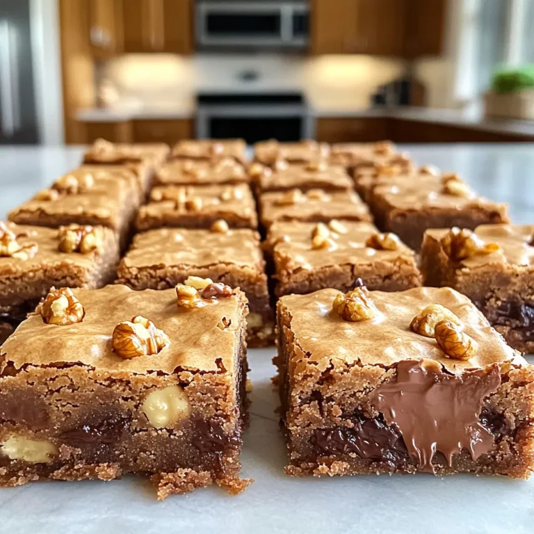 To make delicious brown sugar blondies, you need simple yet key ingredients. Here’s what you’ll need: - 1 cup unsalted butter, melted - 1 ½ cups brown sugar - 2 large eggs - 1 teaspoon vanilla extract - 2 cups all-purpose flour - 1 teaspoon baking powder - ½ teaspoon baking soda - ½ teaspoon salt - 1 cup chocolate chips - ½ cup chopped walnuts (optional) Each ingredient plays an important role. The melted butter gives a rich flavor and moist texture. Brown sugar adds sweetness and a hint of caramel. Eggs bind the mixture, creating a soft, chewy bite. Vanilla extract brings warmth and depth. The flour provides structure, while baking powder and baking soda help the blondies rise. Salt balances sweetness, enhancing all the flavors. Chocolate chips add indulgence, and walnuts can bring a nice crunch, if you like them. Gather these items, and you’re ready to create a sweet treat that everyone will love! - Preheat oven to 350°F (175°C). - Grease or line a 9x13 inch baking pan. Start by preheating your oven. This ensures even baking. Greasing your pan helps the blondies come out easily. Lining with parchment paper also makes clean-up a breeze. - Combine melted butter and brown sugar. - Beat in eggs and vanilla extract. - Mix dry ingredients separately. In a large bowl, mix melted butter and brown sugar. Stir until smooth. Then, add the eggs one by one, mixing in the vanilla next. This makes your batter fluffy! In another bowl, whisk the flour, baking powder, baking soda, and salt. Mixing dry and wet ingredients separately helps blend well. - Combine wet and dry ingredients. - Fold in chocolate chips and walnuts. - Bake for 25-30 minutes. Now, gently add the dry mix to the wet mix. Be careful not to overmix; this keeps them soft. Next, fold in chocolate chips and walnuts for extra texture. Pour the batter in your pan and spread it out evenly. Bake for 25-30 minutes. Look for golden edges. A toothpick should come out with a few moist crumbs, not wet batter. Enjoy your baking! To get that chewy, soft texture, avoid overmixing the batter. Mix until the dry and wet ingredients just come together. Overmixing can lead to tough blondies. Check for doneness using a toothpick. Insert it into the center after 25 minutes. If it comes out with a few moist crumbs, it’s perfect. If it has wet batter, bake a bit longer. You can boost flavor with sea salt or espresso powder. Just a pinch can really elevate the taste. For rich flavor, I recommend semi-sweet or dark chocolate chips. They melt beautifully and add depth to the blondies. These blondies pair well with coffee or ice cream. The warm, sweet bars match perfectly with a cold scoop. For a nice presentation, cut them into even squares. You can dust them with powdered sugar for a pretty touch. Arrange them on a plate for a delicious display. {{image_2}} You can change the nuts in your blondies. Pecans and almonds make great swaps. They add a nice crunch and flavor. If you want a nut-free version, just leave them out. Your blondies will still taste amazing without nuts. Swap chocolate chips for butterscotch or white chocolate. This change brings a fun twist to the taste. You can also add dried fruit, like raisins or cranberries, for extra sweetness. These additions give your blondies new flavors and textures. To make gluten-free blondies, use a gluten-free flour blend. This works well in place of all-purpose flour. You might need to adjust the baking time. Start checking for doneness a few minutes earlier. Your gluten-free blondies will be just as tasty! To keep your blondies fresh, store them in an airtight container. This prevents air from drying them out. You can also wrap them tightly in plastic wrap. Place them in a cool, dry place. Avoid exposing them to heat or sunlight. This helps maintain their soft texture and sweet flavor. If you want to save some blondies for later, freezing works great. First, let them cool completely. Cut them into squares, then wrap each square in plastic wrap. Place them in a freezer-safe bag or container. Remember to squeeze out any air before sealing. To thaw, take them out and let them sit at room temperature for about an hour. You can also warm them in the oven for a few minutes if you like them warm. At room temperature, blondies last about 3 to 5 days. If you keep them in the fridge, they can last up to a week. However, they may dry out faster in the fridge. For the best taste and texture, enjoy them within a few days. Blondies and brownies differ mainly in their ingredients and flavor. Brownies use cocoa powder, which gives them a deep chocolate taste. Blondies, on the other hand, use brown sugar and butter, creating a sweet, caramel-like flavor. The texture also varies; brownies tend to be denser, while blondies are often chewier and softer. Both are delicious, but their taste and texture set them apart. Yes, you can make blondies without eggs! Try using one of these substitutes: - 1/4 cup unsweetened applesauce - 1/4 cup mashed banana - 1 tablespoon ground flaxseed mixed with 3 tablespoons water (let it sit for 5 minutes) These substitutes will help bind the ingredients together while keeping the blondies moist. To check if your blondies are done, look for these signs: - The edges should be golden brown. - The center should be set but still slightly soft. - Insert a toothpick into the center; it should come out with a few moist crumbs but not wet batter. If you see wet batter, bake for another few minutes and check again. Yes, you can double the blondie recipe! When doubling, use a larger pan, like a 12x18 inch pan. This will ensure even baking. Keep an eye on baking time; it may take an extra 5-10 minutes. Test for doneness using the toothpick method mentioned earlier. Enjoy the extra deliciousness! In this post, I shared how to make delicious blondies from scratch. We covered the key ingredients, step-by-step instructions, and tips for success. I also shared different variations to suit your tastes and storage tips to keep them fresh. Baking blondies is easy and fun. With the right techniques, you can create a treat everyone will enjoy. So gather your ingredients and start baking! You won’t regret it.