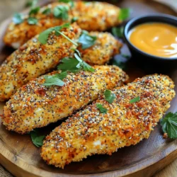 - 1 lb chicken tenderloins - 1 cup buttermilk - 1 cup all-purpose flour - 1 cup panko breadcrumbs - 2 tablespoons everything bagel seasoning - 1 teaspoon garlic powder - 1 teaspoon onion powder - Salt and pepper to taste - Cooking spray Gathering the right ingredients is key for Air Fryer Everything Bagel Chicken Tenders. First, you need chicken tenderloins. They are juicy and cook quickly. Next, buttermilk helps tenderize the chicken. It also adds a nice flavor. All-purpose flour is your first step in the breading process. It helps the next layer stick. Panko breadcrumbs give a great crunch. They are lighter and crispier than regular breadcrumbs. Everything bagel seasoning brings a lot of flavors. It has bits of onion, garlic, and sesame. Garlic powder and onion powder add depth. Salt and pepper will enhance all flavors. Finally, cooking spray keeps everything from sticking in the air fryer. With these ingredients, you will create a tasty dish that everyone will love. Start by soaking the chicken tenderloins in buttermilk. This helps make the chicken tender and juicy. I recommend soaking for at least 30 minutes. If you have more time, an hour is even better. The buttermilk not only flavors the chicken but also helps the breading stick better. Next, set up your breading station. Use three shallow dishes. In the first dish, add the all-purpose flour. In the second dish, beat a few eggs. This step is optional but it adds extra crunch. In the third dish, mix panko breadcrumbs with everything bagel seasoning, garlic powder, onion powder, salt, and pepper. Make sure everything is well combined. Now, it’s time to prepare the air fryer. Preheat it to 400°F (200°C). This high heat ensures a crispy outside. While the air fryer heats, lightly spray the basket with cooking spray. This prevents the chicken from sticking. Once the air fryer is preheated, it's time to cook. Take each tenderloin from the buttermilk and let the excess drip off. First, dredge it in flour, shaking off the extra. Then dip it in the beaten egg, if you chose to use it. Finally, coat it in the panko mixture, pressing down to help it stick. Arrange the breaded chicken tenders in a single layer in the air fryer basket. Spray the tops lightly with cooking spray. Air fry for 8-10 minutes. Flip them halfway through for even cooking. The tenders should be golden brown and reach an internal temp of 165°F (75°C). After cooking, let the chicken tenders rest for a few minutes. This helps keep them juicy. Serve them on a platter. You can garnish with fresh parsley or sprinkle some extra everything bagel seasoning on top. Pair with your favorite dipping sauce, like honey mustard or ranch, for extra flavor. - Achieving maximum crispiness: For the crispiest chicken tenders, make sure to use panko breadcrumbs. They give a light and airy crunch. Also, spray a bit of cooking spray on the tenders before air frying. This helps them brown nicely. - Alternative soaking methods: If you want a quick soak, use yogurt instead of buttermilk. Yogurt also adds flavor and keeps the chicken juicy. You can let it sit for 15 to 30 minutes. - Refrigeration procedures: Store any leftover chicken tenders in an airtight container. They can last in the fridge for up to three days. Make sure they cool down before sealing. - Reheating methods: To reheat, use the air fryer again at 350°F (175°C) for about 5-7 minutes. This keeps them crispy. You can also use a microwave, but they won’t be as crunchy. {{image_2}} You can change the flavors of your chicken tenders easily. Here are some fun ideas: - Adding different seasonings: Try using spicy seasoning for a kick. You can add paprika for a smoky flavor. Lemon zest gives a fresh taste. Mix in some cumin for warmth. - Changing breading options: Instead of panko breadcrumbs, use crushed cornflakes for a crunchier bite. You can also try almond flour for a nutty flavor. For a gluten-free option, use ground oats instead of flour. Looking for a healthier twist? Here are some options to consider: - Using whole wheat flour: Swap all-purpose flour with whole wheat flour. This gives you extra fiber and nutrients. It still works great for breading! - Air fryer substitute options: If you want to cut calories, skip the cooking spray. Instead, brush the chicken lightly with oil using a pastry brush. This will still help your tenders crisp up nicely without the added calories. If your chicken is not crispy, try a few simple tricks. First, ensure you coat the chicken well with panko. Press the breadcrumbs firmly onto the chicken. This helps them stick better. Also, make sure to spray the tops with cooking spray before cooking. This adds extra crunch. If you prefer even more crispiness, try adding cornstarch to your flour. A mix of half flour and half cornstarch works wonders for texture. Air fryers can be tricky. One common issue is overcrowding the basket. If you pack too many tenders in, they won’t cook evenly. Always arrange them in a single layer with space in between. This allows hot air to circulate around each piece. If you find your chicken is undercooked, check the temperature. Use a meat thermometer to ensure it reaches 165°F (75°C). If it’s not done, simply put it back in the air fryer and cook for a few more minutes. It’s better to check early than to overcook. With these tips, you can enjoy perfectly crispy everything bagel chicken tenders every time. Soak the chicken in buttermilk for at least 30 minutes. This step helps the chicken stay juicy and tender. For best results, you can soak it for up to 2 hours. The longer it soaks, the more flavor it absorbs. Yes, you can use frozen chicken tenderloins. Just make sure to thaw them first for even cooking. You can thaw them overnight in the fridge or use the defrost setting on your microwave. Once thawed, soak them in buttermilk as you would fresh chicken. Several sauces work well with these chicken tenders. Here are some tasty options: - Honey mustard - Ranch dressing - BBQ sauce - Spicy mayo - Garlic aioli Feel free to try different sauces to find your favorite! This blog post covered everything you need to make crispy everything bagel chicken tenders. We explored key ingredients, step-by-step instructions, helpful tips, and variations to suit your taste. Remember to soak the chicken for the best flavor and texture. Don’t hesitate to experiment with seasonings or try healthier alternatives. If you run into issues, our troubleshooting section can help. With these simple steps, you can create a dish that impresses. Enjoy every bite!