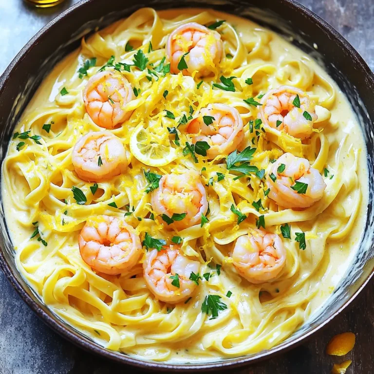 To make this dish, you need the following ingredients: - 8 oz (225 g) fettuccine pasta - 1 lb (450 g) medium shrimp, peeled and deveined - 2 tablespoons olive oil - 4 cloves garlic, minced - 1 cup chicken broth - 1 cup heavy cream - 1 cup freshly grated Parmesan cheese - Zest and juice of 1 lemon - Salt and pepper to taste - Fresh parsley, chopped (for garnish) Each ingredient plays a key role in creating the creamy sauce and rich flavor. The fettuccine serves as a lovely base for the dish. The shrimp gives it a nice protein boost, while garlic adds a wonderful aroma. Lemon brings a bright taste that balances the creaminess. When measuring the pasta and shrimp, use a kitchen scale for accuracy. This helps ensure the right texture and flavor. For the garlic, fresh is best. Mince it finely to release more flavor. Use a good quality chicken broth. It enhances the overall taste of the dish. Cook the pasta until it's al dente. This means it should be firm to the bite. If you overcook it, it can become mushy in the sauce. When adding the heavy cream, keep the heat low. This helps prevent it from curdling. You can use either fresh or frozen shrimp. Fresh shrimp offers a sweet and tender bite. However, frozen shrimp is often just as good. It is usually frozen right after being caught. This keeps it fresh for longer. If you choose frozen shrimp, thaw it in the fridge overnight. You can also run it under cold water for a quick thaw. Both options work well. Choose what is most convenient for you. Just make sure to peel and devein them before cooking. This step is vital for a clean taste. To start, heat two tablespoons of olive oil in a large pot over medium heat. Once the oil is hot, add four minced garlic cloves. Sauté the garlic for about one minute. You want it fragrant but not brown. Next, add one pound of peeled and deveined shrimp. Season the shrimp with salt and pepper. Cook them for 2-3 minutes until they turn pink and opaque. This step adds flavor to your dish. After cooking, remove the shrimp from the pot and set them aside. In the same pot, pour in one cup of chicken broth and bring it to a simmer. Then, add eight ounces of fettuccine pasta directly into the broth. Make sure the pasta is fully submerged for even cooking. Stir occasionally to prevent sticking. Cook according to the package instructions, usually about 8-10 minutes, until the pasta is al dente. This means it should be firm yet cooked through. Once done, the pasta will soak up all that delicious broth. Now, reduce the heat to low. Stir in one cup of heavy cream, along with the zest and juice of one lemon. Mixing these ingredients creates a bright, creamy sauce. Gradually add one cup of freshly grated Parmesan cheese. Stir until the cheese melts completely and the sauce becomes creamy. Finally, return the shrimp to the pot. Toss everything gently until well mixed and heated through. Adjust the seasoning with more salt and pepper if needed. Serve your dish hot, garnished with fresh parsley for a pop of color. Enjoy this easy delight! To make a creamy sauce, start with good heavy cream. This helps create a rich base. Stir in the cream slowly after cooking the pasta. Add the lemon zest and juice next. This adds brightness to the sauce. Finally, mix in the Parmesan cheese gradually. This keeps the sauce smooth and creamy. When cooking shrimp, use medium heat. This way, the shrimp cook evenly. Add them to the pot after the garlic is fragrant. Season them well with salt and pepper. Cook for just 2-3 minutes until they turn pink. Overcooking shrimp makes them tough. Remove them from the pot once cooked and set aside. Serve this pasta with a side salad for freshness. A simple green salad with lemon vinaigrette works well. You can also pair it with garlic bread for extra flavor. A glass of white wine can enhance the meal too. For a pop of color, sprinkle extra chopped parsley on top before serving. {{image_2}} You can easily boost this dish's nutrition by adding vegetables. Spinach, broccoli, or bell peppers work great. Just add them when you sauté the garlic. Cook them until they are bright and tender. This way, you get more vitamins and a pop of color. If you want to switch things up, try different pasta shapes. Penne, spaghetti, or even whole wheat pasta can be used. Each type brings its unique texture. Just remember to adjust cooking times based on the pasta you choose. Always check the package for best results. For those who love heat, adding red pepper flakes is the way to go. Start with a pinch and add more if you like it spicy. Stir it in with the garlic for a warm kick. It adds a nice contrast to the creamy sauce, making every bite exciting. I always recommend putting leftovers in an airtight container. This keeps the pasta fresh. Let the dish cool down first before sealing it. Store it in the fridge for up to three days. If you want to enjoy it later, follow these simple steps. When reheating, add a splash of chicken broth or cream. This helps revive the creamy sauce. Heat it gently on the stove over low heat. Stir it often to avoid burning. You can also use the microwave. Heat it in short bursts, stirring in between, to keep it tasty. To freeze, let the dish cool completely. Place it in a freezer-safe container. You can freeze it for up to two months. When ready to eat, thaw it in the fridge overnight. Reheat it on the stove, adding a bit of liquid to restore the creaminess. This way, you can enjoy a quick meal anytime! Yes, you can use whole wheat pasta. Whole wheat pasta adds fiber and a nutty flavor. The cooking time may vary, so check the package instructions. It may not be as creamy, but it will be healthier. You can use half-and-half or coconut cream. Both options give a nice creaminess. If you want a lighter choice, use Greek yogurt mixed with milk. This keeps the dish rich without too many calories. The dish lasts about 3 to 4 days in the fridge. Store it in an airtight container to keep it fresh. Reheat it gently on the stove or in the microwave. Add a little water or broth to keep it creamy. This article showed you how to make One-Pot Creamy Lemon Garlic Shrimp Pasta. We explored essential ingredients and tips for cooking shrimp and pasta perfectly. I shared ideas on adding veggies or spice for extra flavor. You learned how to store leftovers and reheat them well. Enjoy your cooking journey and the tasty results. This dish is easy, fun, and delicious. It's sure to become a favorite at your table. Now, go and create your own creamy pasta masterpiece!