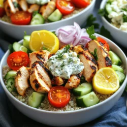 - 2 boneless, skinless chicken breasts - 2 tablespoons olive oil - 3 cloves garlic, minced - 2 teaspoons dried oregano - 1 teaspoon paprika - Salt and pepper to taste - 1 lemon, juice and zest - 1 cup cooked quinoa - 1 cup cherry tomatoes, halved - 1 cucumber, diced - ½ red onion, thinly sliced You start with chicken breasts. They are the star of the dish. The marinade adds great flavor. Olive oil, garlic, and herbs work together to make each bite tasty. Next, you need fresh vegetables. Cherry tomatoes, cucumber, and red onion add color and crunch. They balance the savory chicken and make the bowl vibrant. - 1 cup Greek yogurt - 1 tablespoon fresh dill, chopped - ½ teaspoon garlic powder - 1 lemon, juice For the tzatziki sauce, Greek yogurt is key. It gives a creamy texture. Fresh dill adds a burst of flavor. Garlic powder and lemon juice give it a nice zing. This sauce brings everything together. - Feta cheese - Fresh parsley for garnish Feta cheese adds saltiness and richness. A sprinkle of fresh parsley makes it look pretty. You can also mix in other toppings if you like. The choice is yours! To start, mix the marinade ingredients in a bowl. You will need olive oil, minced garlic, dried oregano, paprika, lemon juice, lemon zest, salt, and pepper. This mix adds great flavor to the chicken. Once mixed, add the chicken breasts and coat them well. Let it sit for at least 30 minutes. If you have more time, refrigerate it for up to 2 hours. The longer it marinates, the more flavor it will have. You can cook the chicken on a grill or in a skillet. Preheat your grill or skillet over medium-high heat. Place the marinated chicken on the grill and cook it for about 6-7 minutes per side. You want the chicken to reach an internal temperature of 165°F (75°C). This ensures it is fully cooked. After cooking, let the chicken rest for a few minutes. This helps keep it juicy. Then, slice it into strips. Tzatziki sauce adds a cool touch to your bowls. In a bowl, combine Greek yogurt, chopped fresh dill, garlic powder, and a pinch of salt. Squeeze a little lemon juice into the mix. Stir until everything is well combined. Taste the sauce and adjust the flavors if needed. You might want to add more salt or dill based on your preference. Now it's time to put everything together. Start with a layer of cooked quinoa in each serving bowl. Then, add the sliced grilled chicken on top. Next, add halved cherry tomatoes, diced cucumber, and thinly sliced red onion. For the final touch, drizzle the tzatziki sauce over the top. Sprinkle feta cheese for extra flavor and garnish with fresh parsley. This colorful presentation makes your gyro bowls look as good as they taste. Enjoy! To get the best flavor in your chicken, marinate it well. Mix olive oil, garlic, oregano, paprika, lemon juice, salt, and pepper. Let the chicken soak in the marinade for at least 30 minutes. For more flavor, refrigerate it for up to 2 hours. This longer time helps the spices blend deeply into the meat. Be careful not to overcook the chicken. Grill it for about 6-7 minutes on each side. Use a meat thermometer to check the inside. It should reach 165°F (75°C). Once it's done, let it rest for a few minutes before slicing. This keeps the juices in, making it juicy and tender. To make a creamy tzatziki, start with thick Greek yogurt. Mix it with fresh dill, garlic powder, salt, and a squeeze of lemon. Stir well until it’s smooth. If you want a lighter sauce, use low-fat yogurt or a plant-based yogurt. If you cannot find Greek yogurt, regular yogurt works too. Just strain it through a cheesecloth to remove some liquid. This gives it a thicker texture similar to Greek yogurt. Pair your gyro bowls with sides like warm pita, a Greek salad, or roasted veggies. These add more flavor and nutrition to your meal. You can also enjoy these bowls for meal prep. They store well in the fridge and taste great for days. Just keep the tzatziki sauce separate until serving. This keeps everything fresh and flavorful. {{image_2}} You can switch the chicken with lamb, beef, or even tofu. Each choice adds its own flavor. Lamb gives a rich taste that pairs well with the spices. Beef offers a hearty option, while tofu is great for a plant-based meal. Simply marinate and cook the same way as the chicken. This keeps the dish fun and fresh. If you want to try something new, use other grains or greens. Brown rice or farro can work well, adding a nutty flavor. You can also use lettuce as a base. Just layer the toppings on the leaves for a lighter option. This change keeps the meal exciting and healthy. Boost your bowls with extra toppings. Fresh vegetables like bell peppers or spinach add color and crunch. Olives bring a salty kick, while avocado adds creaminess. You can mix and match these extras to suit your taste. These add-ins make your bowl more flavorful and satisfying. To store your Greek Chicken Gyro Bowls, first let them cool. Place the chicken, quinoa, and veggies in airtight containers. This keeps them fresh and free from odors. You can store them in the fridge for up to three days. Be sure to keep the tzatziki sauce separate until you serve it. This keeps the sauce from getting watery. When you're ready to enjoy your leftovers, reheating is key. Use a skillet over low heat for the chicken. Add a splash of water or broth to keep it juicy. You can also microwave the chicken for about one minute. Check the temperature to ensure it reaches 165°F (75°C). This way, your chicken remains tender and full of flavor. For the tzatziki sauce, store it in a sealed container. It can last in the fridge for about four days. If you notice excess liquid, simply drain it. This keeps the sauce creamy, just as it should be. If you want to make it last longer, you can freeze it for up to two months. Just remember to thaw it in the fridge when you’re ready to use it. Yes, you can use pre-cooked chicken. This saves time for busy days. Just shred or chop the chicken. You can add it to the marinade for extra flavor. Simply warm it in a skillet or microwave before serving. This makes the recipe quick and easy. Yes, this recipe can be gluten-free. Quinoa is naturally gluten-free. Just ensure that any added toppings are also gluten-free. Check labels on pre-made sauces or condiments. This way, you can enjoy your gyro bowls worry-free. You can store leftovers in the fridge for up to three days. Make sure to keep them in an airtight container. The chicken and vegetables will still taste great. If you plan to keep them longer, freeze the chicken and quinoa. This helps maintain freshness and flavor. Making Greek chicken gyro bowls is a rewarding experience. You learned how to prepare the chicken with a flavorful marinade and the creamy tzatziki sauce. Adding fresh veggies and optional toppings gives these bowls a personal touch. In closing, these gyro bowls are perfect for meal prep or a crowd-pleasing dinner. Feel free to customize them with your favorite proteins and grains. Enjoy your cooking adventure and dig into a delicious meal!