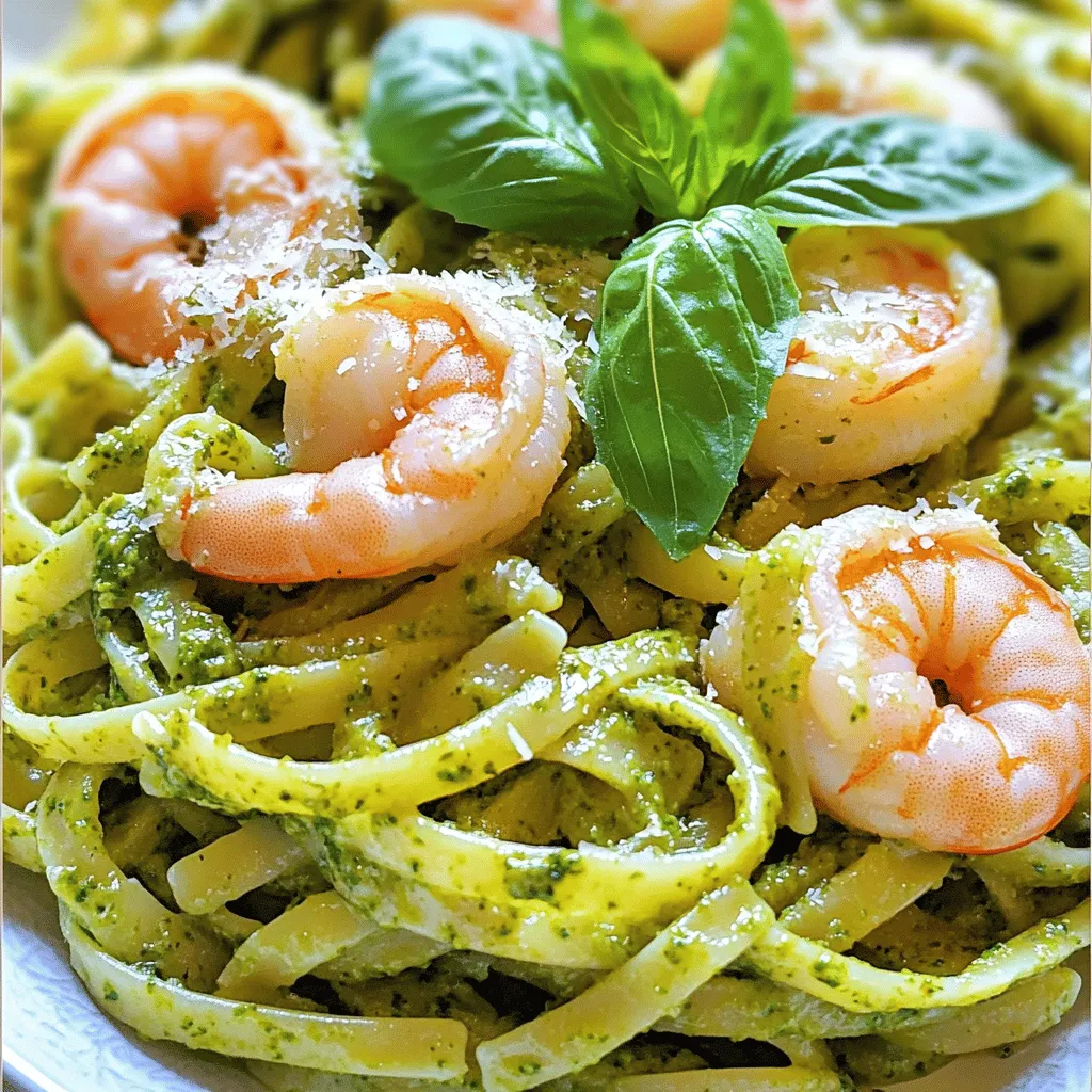- 8 oz linguine pasta - 1 lb large shrimp, peeled and deveined - 1 cup heavy cream - 1/2 cup basil pesto (store-bought or homemade) - 2 tablespoons olive oil - 2 cloves garlic, minced - 1/4 teaspoon red pepper flakes (optional) - Salt and black pepper to taste - Fresh basil leaves - Grated Parmesan cheese The main ingredients in this dish create a rich and creamy experience. Linguine pasta serves as the perfect base. It captures the sauce well, giving each bite a burst of flavor. The large shrimp adds a lovely texture and taste. I recommend using fresh shrimp for the best results. The heavy cream brings a luscious texture, while the basil pesto provides a herby kick. For the additional ingredients, olive oil and garlic add depth to the dish. Sautéing garlic in olive oil gives a warm aroma to the kitchen. Feel free to adjust the red pepper flakes for heat. Salt and black pepper enhance the overall flavor. Finally, garnishing with fresh basil leaves and grated Parmesan cheese adds a nice touch. This not only looks beautiful but also boosts flavor. The fresh basil is like a breath of fresh air in every bite. Trust me; this creamy pesto shrimp linguine will impress everyone at the table! To start, you need to boil the linguine. Fill a large pot with water and add salt. Bring the water to a rolling boil. Add your 8 ounces of linguine pasta into the pot. Cook it according to the package instructions. You want the pasta to be al dente, which means it should be firm when you bite into it. This usually takes about 8 to 10 minutes. Once cooked, drain the pasta in a colander and set it aside. Next, it’s time to sauté the shrimp. In a large skillet, pour 2 tablespoons of olive oil and heat it over medium heat. Add 2 cloves of minced garlic. Sauté the garlic for about 1 minute until it smells great. Be careful not to let it burn. Now, add 1 pound of large shrimp to the pan. Season them with salt, black pepper, and a pinch of red pepper flakes if you want some heat. Cook the shrimp for about 2 to 3 minutes on each side. They will turn pink and opaque when done. Once cooked, remove the shrimp from the skillet and set them aside. Now, let’s make the sauce. In the same skillet, pour in 1 cup of heavy cream. Bring it to a gentle simmer over low heat. Next, stir in 1/2 cup of basil pesto. Mix it well until the two are combined. Let the sauce thicken for about 2 to 3 minutes. You want it to be creamy but not too thick. After that, return the cooked shrimp to the skillet. Toss them in the creamy pesto sauce. Finally, add the drained linguine to the skillet and gently mix everything together. Taste the dish and add more salt or pepper if needed. Serve it hot, garnished with fresh basil leaves and grated Parmesan cheese. To avoid overcooked shrimp, watch the cooking time. Cook the shrimp for just 2-3 minutes on each side. They should turn pink and opaque. If you see them curling too much, they are overcooked. For a creamy sauce, use heavy cream. Let it simmer gently before adding pesto. Stir it well for a smooth mix. You want it to thicken a bit, but not too much. This keeps the sauce rich without being too thick. Pair this dish with fresh side salads or garlic bread. A simple green salad works well. The crunch balances the creaminess of the pasta. For wine, a crisp white wine is best. A Sauvignon Blanc or Pinot Grigio will shine. Their lightness complements the flavors without overpowering them. Use a large pot for boiling the linguine. A non-stick skillet is great for cooking shrimp and sauce. It helps prevent sticking and makes cleaning easier. Make sure the skillet is wide enough to hold all the shrimp. A sturdy wooden spoon or spatula is perfect for mixing the sauce. These tools help you create a delicious meal with ease. {{image_2}} You can change the pasta if you want. Try whole wheat pasta or gluten-free options. Both work well with the creamy pesto sauce. If you need a dairy-free option, use coconut cream or cashew cream. These can add a unique flavor. They help keep the dish rich and creamy. Want to boost the flavor? Add sautéed spinach, cherry tomatoes, or bell peppers. These vegetables add color and nutrients. If you like heat, sprinkle in some extra red pepper flakes. For a milder taste, skip the spice. Adjust it based on your taste. You can put a twist on this dish. For an Italian flair, add sun-dried tomatoes and olives. This makes it even more vibrant and flavorful. Try a fusion idea: mix in some lime juice and cilantro for a Mexican twist. This gives your linguine a fresh, zesty kick. To keep your Creamy Pesto Shrimp Linguine fresh, let it cool first. Once cool, place it in an airtight container. This keeps moisture in and odors out. Store it in the fridge. Your leftovers will stay good for up to three days. When you're ready to enjoy the leftovers, use gentle heat. The best way is to warm it on the stove. Add a splash of cream or water to keep it creamy. Stir often to avoid sticking. Heat until it's warm all the way through. You can also use the microwave, but cover it to keep moisture in. If you want to freeze it, do so before adding the cream. The sauce can change texture when frozen. Freeze the cooked pasta and shrimp separately. Use freezer-safe bags or containers. When ready to eat, thaw in the fridge overnight. Then, add the cream and heat it up. This will keep the dish fresh and tasty. Can I use frozen shrimp? Yes, you can use frozen shrimp. Just make sure to thaw them first. Place them in the fridge overnight or run them under cold water. This keeps them safe and helps them cook evenly. Is it possible to make this dish ahead of time? You can make parts of this dish ahead of time. Cook the pasta and shrimp, then store them separately. When you're ready to eat, combine them with the creamy pesto sauce. This keeps everything fresh and tasty. This dish serves four people. Each serving has about 600 calories. It includes healthy fats from the cream and shrimp. To balance your meal, serve it with a side salad or some veggies. Can I make it gluten-free? Yes, you can make this dish gluten-free. Just use gluten-free linguine instead of regular pasta. It cooks in a similar way, so you won't lose any flavor. What are the best herbs to add? Fresh herbs can enhance the flavors. Basil is a great choice, but you can also try parsley or oregano. Just chop them finely and mix them in before serving. This adds a fresh touch to your creamy pesto shrimp linguine. This blog post covered how to make creamy pesto shrimp linguine with ease. You learned about key ingredients like shrimp, linguine, and pesto sauce. I shared steps for cooking and tips to perfect your dish. Variations and storage methods enhance your meal prep. This recipe is simple yet tasty. Enjoy trying out your own twists and sharing it with others. Happy cooking!
