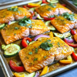 - 4 salmon fillets - 2 tablespoons olive oil - 2 tablespoons lime juice - 1 tablespoon chili powder - 1 teaspoon garlic powder - 1 teaspoon paprika - 1 teaspoon salt - 1/2 teaspoon black pepper The main star of this dish is the salmon. It’s rich in healthy fats and protein. The olive oil adds a smooth texture, while lime juice gives a fresh, zesty kick. The seasoning blend creates a bold flavor profile. Chili powder brings the heat, garlic powder adds depth, and paprika imparts a sweet touch. - 1 red bell pepper, sliced - 1 yellow bell pepper, sliced - 1 zucchini, sliced - 1 red onion, cut into wedges The vegetables add color and crunch. Red and yellow bell peppers are sweet and juicy. Zucchini brings a mild flavor and soft texture. Red onion adds a slight sharpness, balancing the dish. Together, they soak up the chili lime mixture well. - Fresh cilantro Cilantro is optional, but it adds a bright, fresh taste. It enhances the dish's overall flavor. You can sprinkle it on top just before serving. This little touch makes your meal look even more inviting. 1. First, preheat your oven to 400°F (200°C). This will help cook the salmon and veggies evenly. 2. Next, line a large baking sheet with parchment paper. This makes cleanup easy. 3. In a small bowl, whisk together olive oil, lime juice, chili powder, garlic powder, paprika, salt, and black pepper. Mix until smooth. 1. Place the salmon fillets on one side of the prepared baking sheet. 2. Brush half of the chili lime mixture over the salmon fillets. Make sure they are well coated. 3. In a large bowl, combine the sliced red and yellow bell peppers, zucchini, and red onion. 4. Drizzle the remaining chili lime mixture over the veggies. Toss them until they are fully coated. 5. Spread the seasoned vegetables on the other side of the baking sheet. Keep them evenly spaced for even cooking. 1. Bake your dish in the preheated oven for 15-18 minutes. 2. Check the salmon after 15 minutes. It should flake easily with a fork. The veggies should be tender and slightly caramelized. 3. Once done, take the baking sheet out of the oven. Let it rest for a few minutes before serving. To make great salmon, avoid overcooking. Salmon cooks quickly. Check for doneness after 15 minutes. The fish should flake easily with a fork. If it looks dry, it may be overcooked. Choose the right thickness for fillets. Fillets about 1 inch thick cook best. Thinner fillets can dry out faster. If your salmon is thicker, add a few minutes to the cooking time. You can mix up the veggies. Try broccoli, asparagus, or carrots. These choices add color and taste. For best texture, cut vegetables into even pieces. This helps them cook at the same rate. Spread them out on the sheet pan. Overcrowding leads to steaming instead of roasting. Add herbs and spices for extra flavor. Fresh cilantro adds a nice touch after cooking. You can also try dill or parsley. For a kick, add some red pepper flakes. Serving suggestions can elevate your meal. Serve with rice or quinoa for a complete dish. A side salad can balance flavors and textures. Enjoy your Chili Lime Salmon with family and friends! {{image_2}} You can switch up the fish. Trout and tilapia work well. They have a nice texture and flavor. If you want something different, try chicken or tofu. Both options absorb the chili lime mix well. This keeps the meal tasty and fun. Want more heat? Add fresh chili or a splash of hot sauce. You can mix in diced jalapeños too. If you like it milder, reduce the chili powder. Adjust it to fit your taste. This makes the dish perfect for everyone. Grilling adds a smoky flavor to the salmon and veggies. Just preheat your grill. Place everything on a grill pan to avoid mess. Another easy method is using foil packets. This keeps all the juices in and makes clean-up a breeze. Both techniques give a nice twist to the dish. Store the leftover chili lime salmon and veggies in an airtight container. Place it in the fridge right away. This will keep it fresh and safe to eat. It lasts about 3 to 4 days. Make sure to cool the dish before sealing it. This helps prevent moisture buildup. You can freeze the salmon and veggies for longer storage. Wrap each piece in plastic wrap, then place them in a freezer bag. This keeps them from getting freezer burn. It can stay in the freezer for up to 3 months. When you are ready to eat, thaw it in the fridge overnight. To reheat, place the salmon and veggies on a baking sheet. Bake at 350°F (175°C) for about 15 minutes. You want them warm but not dried out. Prepare the ingredients in advance for quick meals. Chop the veggies and store them in separate bags. You can also mix the chili lime marinade and keep it ready. On busy weeknights, assembling is easy. Just lay the salmon and veggies on the baking sheet, brush with the marinade, and bake. This saves time and effort while keeping dinner delicious. You can try several fish if you don’t want salmon. Here are some good options: - Trout - Tilapia - Cod If you want a non-fish option, chicken works well. Just adjust the cooking time. Tofu is also a great choice for a plant-based dish. It absorbs flavors well and cooks quickly. Yes, you can prepare this dish ahead of time. Here are some tips: - Marinate the salmon: You can mix the chili lime sauce and coat the salmon a few hours before cooking. - Chop the veggies: Slice the peppers, zucchini, and onion a day before. Store them in the fridge in an airtight container. When you’re ready to cook, just assemble and bake. This makes weeknight meals easy. Using parchment paper is not a must, but it has benefits: - Easy cleanup: It prevents food from sticking to the pan. - Even cooking: It helps distribute heat evenly. If you don’t have parchment paper, you can use a non-stick spray or oil the pan. Just keep an eye on the salmon and veggies to avoid sticking. This blog post offers a simple recipe for tasty salmon with veggies. You learned about the key ingredients, like salmon, olive oil, and spices. I shared step-by-step instructions for preparation, cooking, and tips to perfect the dish. You also discovered how to store leftovers and meal prep for busy nights. Incorporate these insights into your cooking. Experiment with different proteins and spices. Enjoy making this dish your own with your favorite flavors!