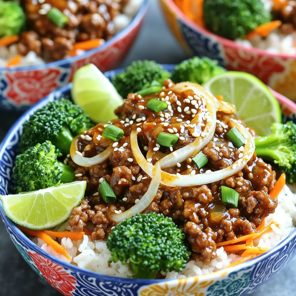 - 1 lb ground beef or sliced beef sirloin - 1 tablespoon sesame oil - 1 medium onion, sliced - 3 cloves garlic, minced - 1 tablespoon ginger, grated - 2 tablespoons gochujang (Korean chili paste) - 1 tablespoon soy sauce - 1 teaspoon brown sugar - 1 cup broccoli florets - 1 cup shredded carrots - 2 green onions, chopped - 2 cups cooked rice (white or brown) - Sesame seeds for garnish - Lime wedges for serving For this dish, you want to gather fresh ingredients. Start with the beef. Ground beef or sliced beef sirloin works great. The sesame oil adds a lovely nutty taste. Use a medium onion, sliced to add sweetness. Fresh garlic and ginger are key for flavor. Gochujang gives the heat and spice. Next, you’ll need soy sauce for saltiness and brown sugar for a touch of sweetness. Broccoli florets and shredded carrots add color and crunch. Green onions give a fresh finish. Serve over cooked rice for a hearty meal. Don't forget sesame seeds and lime wedges for garnish! These make your dish pop with flavor and style. 1. Heat the sesame oil: Start by adding one tablespoon of sesame oil to a large skillet. Turn the heat to medium-high. Let the oil get hot. 2. Stir-fry the onion: Slice one medium onion. Add it to the hot oil. Stir-fry for about 2-3 minutes. You want it to soften. 3. Add garlic and ginger: Next, take three cloves of minced garlic and one tablespoon of grated ginger. Add these to the onion. Cook for one more minute until you smell the aromas. 4. Cook the beef: Now, increase the heat to high. Add one pound of ground beef to the skillet. Break it up with a spatula. Cook until it turns brown and is fully cooked, about 5-7 minutes. 5. Mix in sauces: Stir in two tablespoons of gochujang, one tablespoon of soy sauce, and one teaspoon of brown sugar. Make sure the beef is fully coated in this spicy mixture. 1. Add the veggies: Toss in one cup of broccoli florets and one cup of shredded carrots. Stir everything together. 2. Cook the vegetables: Let them cook for 3-4 minutes. You want the veggies to stay tender-crisp. 3. Adjust seasoning: Taste the mix. If you want more heat, add extra gochujang or soy sauce. 1. Serve the rice: Take two cups of cooked rice and place a scoop in each bowl. 2. Top with beef mix: Spoon the spicy beef and vegetable mixture over the rice. 3. Garnish: Finish by sprinkling chopped green onions and sesame seeds on top. Serve with lime wedges for a zesty touch. This dish is not just tasty; it is also vibrant and colorful! Enjoy every bite of your spicy Korean beef bowl. - Best practices for frying ground beef: Start with a hot skillet. This helps the beef brown nicely. Break the beef apart as it cooks. This keeps it from clumping. Stir often to ensure even cooking. You want it brown, not gray. - How to achieve the right vegetable texture: Add vegetables at the right time. Broccoli and carrots should stay slightly crisp. Stir-fry them for about 3-4 minutes. This keeps their color bright and fresh. - Recommended side dishes and beverages: Serve your spicy Korean beef with rice. You can choose white or brown rice. For a drink, try iced tea or a light beer. These pair well with the heat. - Ideas for presentation and garnishing: Use colorful bowls to make the dish pop. Add extra lime wedges on the side. Sprinkle more sesame seeds for a finishing touch. Chopped green onions add bright color too. - Adjusting gochujang quantity: If you want less heat, use less gochujang. Start with one tablespoon and taste it. You can always add more if you like it spicy. - Alternative spice options for different heat levels: Try sriracha for a different flavor. You can also use chili flakes for a milder kick. Adjust to your taste for the perfect spice level. {{image_2}} You can swap ground beef with ground turkey or chicken. These meats are leaner and still pack flavor. If you want a vegetarian meal, try using tofu or jackfruit. Both options absorb flavors well and make the dish hearty. To boost flavor, add more veggies like bell peppers or snap peas. You can even include fermented radish for a tangy crunch. Experiment with different sauces like teriyaki or sriracha to give your bowl a unique twist. If you're looking for rice alternatives, consider quinoa or cauliflower rice. Quinoa adds protein, while cauliflower rice keeps it low-carb. You can also use noodles for a fun twist. They soak up the sauce and add a different texture to your meal. To store your spicy Korean beef bowls, let them cool first. Place the leftovers in airtight containers. This keeps the flavors fresh and safe. Glass or plastic containers work well. Make sure to label them with the date. You can freeze the beef mixture for later use. Just pack it tightly in a freezer-safe container. Leave some space for expansion. For best results, eat it within three months. When you're ready to enjoy it, thaw it overnight in the fridge. Reheat it on the stove over low heat for even warmth. In the refrigerator, your spicy Korean beef bowls will stay fresh for about three to four days. If you freeze them, they can last up to three months. Always check for any signs of spoilage before eating. What is gochujang and where can I buy it? Gochujang is a spicy Korean chili paste. It has a sweet and spicy flavor. You can find it in Asian grocery stores or online. Look for it in the condiment aisle. Can I make this dish ahead of time? Yes, you can make this dish ahead of time. Cook the beef mixture and store it in the fridge. You can also prepare the rice in advance. Just reheat everything before serving. Is this recipe gluten-free or dairy-free? This recipe can be gluten-free. Use gluten-free soy sauce instead of regular soy sauce. It is naturally dairy-free, so it works for dairy-free diets too. Can I make a spicy Korean beef bowl vegetarian? Yes, you can make it vegetarian. Substitute ground beef with crumbled tofu or tempeh. You can also use mushrooms for a meaty texture. What’s the best way to cook ground beef? The best way to cook ground beef is over medium-high heat. Break it up with a spatula as it cooks. This helps it brown evenly and prevents clumping. How do I know when my beef is fully cooked? Your beef is fully cooked when it turns brown with no pink spots. Use a meat thermometer to check for 160°F as a safe temperature. This blog post outlined a tasty Korean beef bowl recipe. You learned about the key ingredients and step-by-step cooking methods. Cooking tips helped you improve flavor and texture. Variations offered new ideas to suit different diets. Storage information ensures your leftovers stay fresh. As you try this dish, remember to adjust spice levels to your taste. Explore different proteins and vegetables to make it your own. Enjoy this fun cooking adventure! It's a simple recipe that can impress anyone.