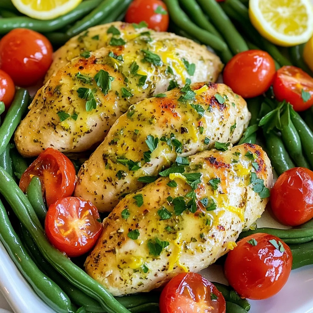 - 4 boneless, skinless chicken breasts - 2 tablespoons olive oil - 2 lemons (zested and juiced) - 4 cloves garlic, minced - 1 teaspoon dried oregano - 1 teaspoon dried thyme - 1 teaspoon paprika - Salt and pepper, to taste - 1 pound fresh green beans, trimmed - 1 cup cherry tomatoes, halved - Fresh parsley, chopped (for garnish) Gather these ingredients to make your Lemon Herb Chicken & Green Beans. The chicken gives you a tasty protein. Fresh lemons add bright flavor. Olive oil keeps everything moist. Next, the seasonings will make this dish shine. Garlic brings a savory touch. Oregano and thyme add earthy notes. Paprika gives a slight smokiness. Salt and pepper enhance the taste. Now, let's not forget the veggies! Green beans add crunch, while cherry tomatoes bring sweetness. Together, they create a colorful plate. Fresh parsley adds a bright finish. This mix makes it simple to cook a great meal. Each bite will be full of flavor. You will love how easy this is! - Preheat the oven to 400°F (200°C). - Line a large baking sheet with parchment paper. This helps with easy cleanup. - In a small bowl, whisk together these ingredients: - 2 tablespoons olive oil - Zest and juice of 2 lemons - 4 cloves garlic, minced - 1 teaspoon dried oregano - 1 teaspoon dried thyme - 1 teaspoon paprika - Salt and pepper, to taste. - Make sure everything blends well. The mix should smell bright and fresh. - Place the chicken breasts on one half of the baking sheet. - Pour half of the lemon herb mixture over the chicken. - Make sure the chicken is coated well. - In a bowl, toss the green beans and cherry tomatoes with the rest of the herb mixture. - Spread the veggies on the other half of the sheet pan. - Bake everything in the oven for 25-30 minutes. - Check that the chicken reaches an internal temperature of 165°F (74°C). The veggies should be tender but still crisp. - Once done, take the sheet pan out of the oven. - Let it cool for a couple of minutes. - Garnish the dish with fresh parsley before serving. This adds a nice touch and color. To make sure your chicken cooks just right, check its internal temperature. It should reach 165°F (74°C). You can use a meat thermometer for accuracy. Insert it into the thickest part of the chicken. If you don’t have a thermometer, look for these signs. The juices should run clear, and the meat will be firm. Avoid cutting into the chicken, as this lets the juices escape. For more flavor, try adding different seasonings. Some ideas include cumin, rosemary, or even a splash of soy sauce. These can add a nice twist to your dish. Fresh herbs can really boost taste. They give a brighter, bolder flavor than dried herbs. However, if fresh herbs aren't available, dried herbs still work well. Just use about one-third of the amount of dried herbs compared to fresh for the best results. A beautiful plate makes food more appealing. Serve the chicken on a large platter. Surround it with vibrant green beans and cherry tomatoes. This creates a colorful display. To add flavor and color, drizzle some of the herb sauce over the chicken. Use a spoon for a neat look. You can also sprinkle some fresh parsley on top for that final touch. This step makes your meal look and taste gourmet! {{image_2}} You can change the taste by adding different veggies. Seasonal vegetables work best. Try bell peppers, zucchini, or carrots. These add color and flavor. You can also roast potatoes or asparagus. They pair well with chicken. Just chop them up and toss with the herb mix. You don’t have to bake the chicken if you want a change. Grilling is a great option. It adds a smoky flavor. Just marinate the chicken as you would for baking. Cook it on medium heat until it’s done. Another quick way is cooking in a skillet. Heat a little olive oil in the pan. Add the chicken and cook for about 6-7 minutes on each side. This method saves time and keeps the chicken juicy. For a lighter dish, consider using fish or shrimp. Both cook quickly and soak up the lemon herb flavor. Season them the same way you would the chicken. If you prefer a vegetarian option, tofu or chickpeas are great choices. Marinate the tofu like the chicken. For chickpeas, toss them with the herb mix and roast until crispy. Both options are tasty and filling. To keep your Lemon Herb Chicken and green beans fresh, refrigerate them soon after serving. Place the leftovers in airtight containers. They should stay good for up to three days. Make sure to cool the food to room temperature before sealing it. For the best taste, reheat chicken and vegetables in the oven. Preheat it to 350°F (175°C) and place the food in a baking dish. Cover it with foil to keep moisture in. Heat for about 15-20 minutes, or until warm. You can also use the microwave. Heat in short bursts to avoid drying out the chicken. Stir the green beans in between to ensure even heating. Yes, you can freeze this dish! Let it cool completely, then place it in freezer-safe bags or containers. For better texture, freeze the chicken and vegetables separately. This way, you can mix and match them later. They can last for up to three months in the freezer. When ready to eat, thaw in the fridge overnight before reheating. Cooking time depends on the chicken's thickness and your oven. Typically, it takes about 25 to 30 minutes. Thicker chicken breasts may need a bit more time. Always check for doneness to ensure safety. Yes, you can prep this dish a day before. Marinate the chicken and toss the veggies in the herb mix. Store them separately in the fridge. When ready, just bake them together. This saves time and still tastes fresh. Simple sides work great with this dish. Try garlic bread, rice pilaf, or a fresh salad. These options balance the flavors and provide a complete meal. They are easy to make and add color to your plate. Chicken must reach an internal temperature of 165°F (74°C) for safety. Use a meat thermometer to check. This ensures the chicken is cooked through and safe to eat. Following this rule keeps your meal healthy and delicious. This post covered a simple recipe for Lemon Herb Chicken and Green Beans. You learned about key ingredients and step-by-step instructions for cooking. I shared tips for seasoning, presenting the dish, and variations to try. In the end, this recipe is not just easy; it's flexible and delicious. You can make it your own while enjoying great flavors. Whether you grill, bake, or choose different veggies, this dish fits any meal. Enjoy your cooking!