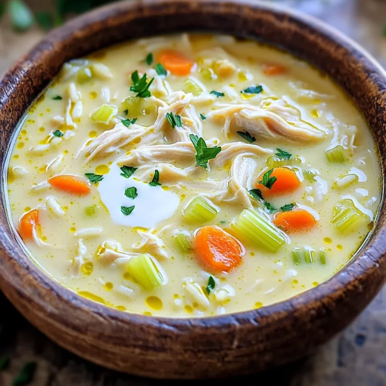 To make this creamy chicken and rice soup, you will need the following main ingredients: - 1 pound boneless, skinless chicken breasts - 1 cup long-grain white rice - 4 cups chicken broth - 1 cup carrots, diced - 1 cup celery, diced - 1 medium onion, chopped - 3 cloves garlic, minced - 1 cup heavy cream These ingredients come together to create a rich, hearty soup. The chicken adds protein, while the rice gives it a nice texture. The veggies bring freshness and flavor. Spices and herbs elevate the taste of your soup. Here are the must-haves: - 1 teaspoon dried thyme - 1 teaspoon dried parsley - Salt and pepper to taste Thyme adds an earthy note, while parsley brightens the dish. Adjust the salt and pepper to fit your taste preferences. Garnishes and add-ins can make your soup even better. Consider these options: - Fresh parsley for garnish (optional) You can also think about adding other items, like: - Cooked bacon for crunch - Lemon juice for a tangy kick - Extra veggies, such as peas or corn These add-ins can provide a fun twist to the classic recipe. Enjoy experimenting with different flavors! Start by heating 2 tablespoons of olive oil in a skillet over medium heat. Add 1 medium chopped onion, 1 cup of diced carrots, and 1 cup of diced celery. Sauté these for about 5 minutes. You want them to soften a bit but not brown. Next, add 3 cloves of minced garlic and cook for another minute. The garlic should smell nice but not burn. Now, get your slow cooker. Place 1 pound of boneless, skinless chicken breasts in the bottom. Add the sautéed vegetables on top. Then, pour in 4 cups of chicken broth and 1 cup of long-grain white rice. Sprinkle in 1 teaspoon of dried thyme and 1 teaspoon of dried parsley. Stir everything gently to mix well. Cover your slow cooker. If you set it to low, let it cook for 6 to 8 hours. If you’re in a hurry, you can cook it on high for 3 to 4 hours. The chicken should be fully cooked, and the rice should be tender when done. Once the cooking time is up, carefully remove the chicken. Use two forks to shred the chicken into bite-sized pieces. This step adds texture and makes the soup more enjoyable. Return the shredded chicken back into the slow cooker. Now, it’s time for the cream. Pour in 1 cup of heavy cream to make your soup rich and creamy. Stir well to combine. Taste the soup and add salt and pepper as needed. If the soup feels too thick, you can add an extra cup of broth or water. This will help reach the perfect consistency. Let the soup simmer on low for another 10 to 15 minutes. This ensures everything is hot and mixed well. Once ready, serve it hot. If you want, garnish with fresh parsley for a nice touch. Enjoy your creamy chicken and rice soup! To make your soup creamy, use heavy cream. Stir it in at the end. This gives the soup a rich taste. If it's too thick, add more broth or water to reach your desired creaminess. Cooking times may vary by your slow cooker. For most, cook on low for 6-8 hours. If you're in a hurry, cook on high for 3-4 hours. Always check the chicken. It should shred easily when done. You can boost flavor by adding more veggies. Try peas, corn, or bell peppers. Fresh herbs like basil or cilantro add a nice touch too. A squeeze of lemon juice can brighten the soup. Experiment to find your favorite mix! {{image_2}} You can make this creamy chicken and rice soup healthier with a few simple swaps. Try using low-fat milk instead of heavy cream. This change cuts calories but keeps the soup creamy. Another option is to use whole grain rice instead of white rice. This swap adds fiber and nutrients. Feel free to switch up the protein. Shredded rotisserie chicken works well if you’re short on time. You can also use diced turkey or even tofu for a plant-based option. If you want to change the grains, try quinoa or barley. They both add a nice texture and flavor. Adding more veggies boosts nutrition and flavor. You could toss in chopped spinach or kale for a green boost. Peas or corn add sweetness and color. You could also add bell peppers for a crunch. These additions make the soup more vibrant and filling. To store leftovers of creamy chicken and rice soup, let it cool first. Transfer the soup to an airtight container. Make sure to leave some space at the top. This allows for expansion when freezing. Label the container with the date. You can keep it in the fridge for up to three days. When you're ready to enjoy your soup again, reheat it gently. Pour the soup into a pot over low heat. Stir it often to prevent sticking. If the soup seems too thick, add a bit of chicken broth or water. Heat until it’s warm all the way through. You can also use a microwave. Place the soup in a microwave-safe bowl. Heat it in short bursts, stirring in between. For long-term storage, freezing is a great option. Pour the cooled soup into freezer-safe bags or containers. Make sure to remove as much air as possible. Seal tightly and label with the date. You can freeze the soup for up to three months. When you're ready to eat, thaw it overnight in the fridge. Then, reheat as mentioned above for the best flavor and texture. Yes, you can use brown rice. Brown rice is heartier and takes longer to cook. Adjust the cooking time to about 8-10 hours on low or 4-5 hours on high. Keep in mind that the soup may have a different texture and flavor with brown rice. You can store the soup in the fridge for up to 4 days. Make sure to keep it in an airtight container. The flavors may deepen as it sits, making it even better on the second day! Absolutely! You can skip the cream for a lighter soup. Use more broth for a thinner texture or add a splash of milk for creaminess. You can also mix in some pureed vegetables to achieve a creamy feel without cream. This blog post covers the essential ingredients for making Creamy Chicken and Rice Soup. You learned how to prepare the chicken and vegetables, followed by a step-by-step slow cooking process. I shared tips for achieving a creamy texture and suggested variations for customization. Finally, I provided storage info and answered key FAQs. Now, you have the knowledge to make this comforting soup your own. Enjoy the process and share it with others!