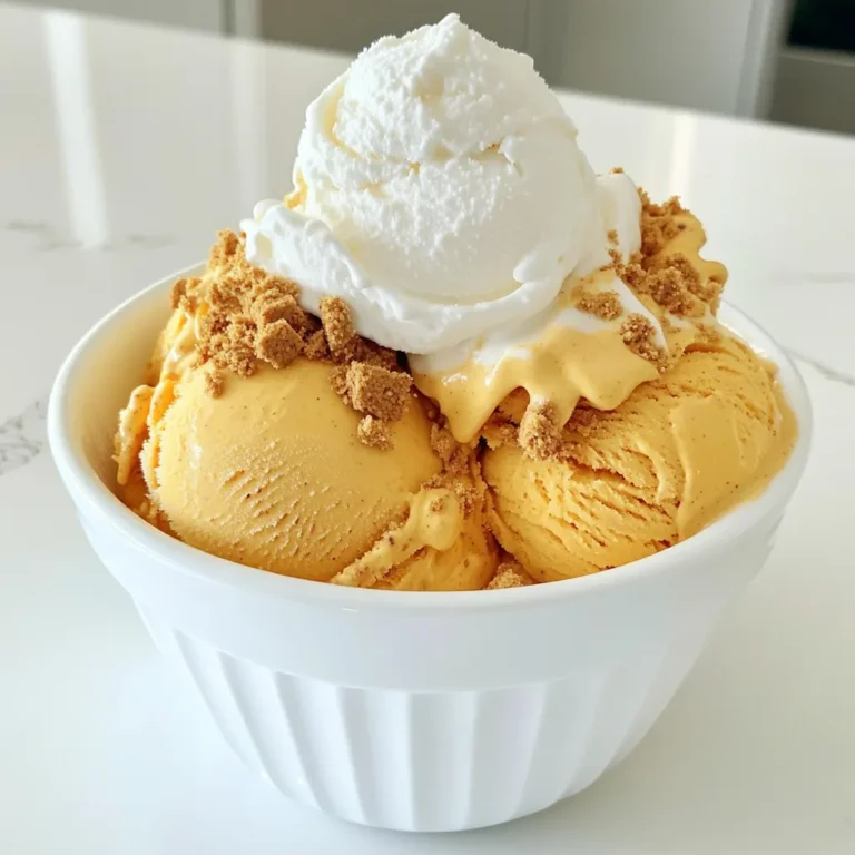 To make Pumpkin Cheesecake Ice Cream, gather these simple items: - 1 cup cream cheese, softened - 1 cup pumpkin puree - 1 cup heavy cream - 1 cup sweetened condensed milk - 1 teaspoon vanilla extract - 1 teaspoon ground cinnamon - 1/2 teaspoon ground nutmeg - 1/4 teaspoon ground ginger - 1/4 teaspoon salt - 1/2 cup graham cracker crumbs You can swap some ingredients for different flavors or diets: - Use Greek yogurt instead of cream cheese for a tangy twist. - Almond milk or coconut cream can replace heavy cream for a lighter option. - Maple syrup can work in place of sweetened condensed milk for a natural sweetener. - Try pumpkin spice instead of cinnamon, nutmeg, and ginger for a quick mix. Choosing the best ingredients makes a big difference: - For cream cheese, pick a brand you trust. It should be smooth and spreadable. - Look for bright orange pumpkin puree; it should have a thick, creamy texture. - Heavy cream needs to be fresh; check the date on the carton before buying. - For spices, look for whole or fresh ground options, as they pack more flavor. - Select graham crackers that are crisp and not stale for the best crunch in your ice cream. 1. Start with a large bowl. Beat the softened cream cheese until it is smooth and creamy. 2. Add the pumpkin puree. Mix it in well, making sure it blends completely. 3. Pour in the heavy cream and sweetened condensed milk. Mix until everything is creamy and smooth. 4. Stir in the vanilla extract, cinnamon, nutmeg, ginger, and salt. Make sure these spices are even throughout the mix. 5. Gently fold in the graham cracker crumbs. Be careful not to overmix; you want some texture. 6. If you have an ice cream maker, transfer the mixture and churn it as per the machine’s instructions. Look for a soft-serve texture. 7. No ice cream maker? No problem! Just pour the mix into a freezer-safe container. Cover it tightly and freeze for about 2 hours. After an hour, take it out and stir it well with a fork. This helps break up ice crystals. Then return it to the freezer. 8. For the best results, freeze until the ice cream is fully set. This usually takes about 4 to 6 hours. Once ready, scoop and serve it in bowls or cones. - Large mixing bowl - Hand mixer or whisk - Ice cream maker (optional) - Freezer-safe container with a tight lid - Fork for stirring (if not using an ice cream maker) - Don't skip softening the cream cheese. It must be soft for easy mixing. - Be careful not to overmix the graham cracker crumbs. This keeps them crunchy and tasty. - If using an ice cream maker, follow the instructions closely. This will give you the best texture. - Forgetting to stir the mixture while freezing can lead to ice crystals. Always remember to stir after an hour if not using a machine. To make your ice cream super creamy, use full-fat ingredients. I prefer heavy cream and cream cheese. These give a rich and smooth base. If you can, chill all your mixing bowls and tools before you start. This helps keep the mixture cool while you work. When you mix, blend the cream cheese until smooth. This step is key. If it’s lumpy, it will affect the texture. Want to kick up the flavor? Try adding a pinch of allspice or cloves. These spices add warmth and depth. You can also mix in some maple syrup for added sweetness. If you love chocolate, fold in mini chocolate chips or chunks of dark chocolate. They add a nice surprise in every bite. For the best taste, serve your ice cream just a bit softer than frozen. Wait a few minutes after taking it out of the freezer. This makes it easier to scoop. When you serve, top it with a dollop of whipped cream. Sprinkle extra graham cracker crumbs on top for a fun crunch. You can even add a drizzle of caramel sauce for extra flair. {{image_2}} You can make a dairy-free version of pumpkin cheesecake ice cream. Use vegan cream cheese and coconut milk. Replace sweetened condensed milk with a dairy-free alternative. This way, you keep the creamy texture and delicious taste. You won’t miss the dairy at all. Add fun flavors to your ice cream for a twist. Try chocolate chips or caramel swirls. Chopped nuts like pecans or walnuts add a nice crunch. You can also mix in candies, like crushed Oreos or toffee bits. These options make your ice cream even more special and fun. You can use the base recipe for more than just ice cream. Make pumpkin cheesecake bars by pouring the mixture into a baking dish. Bake it until set and chill before cutting into squares. You can also create a pumpkin cheesecake dip. Just serve the creamy mix with graham crackers or fruit. These ideas allow you to enjoy the rich and creamy flavor in new ways. To keep your pumpkin cheesecake ice cream fresh, store it in an airtight container. This helps prevent ice crystals from forming. Use a container that fits the amount of ice cream. Leave little space at the top to allow for expansion. For best results, use a metal or glass container. These materials help keep the ice cream cold. Keep ice cream in the coldest part of your freezer. Avoid placing it in the door, where temperatures vary. When serving, use a clean scoop each time. This stops bacteria from getting into the ice cream. If you notice ice crystals on top, it may still be good. Just mix it in before serving. If your ice cream has a strange smell or color, it is best to toss it. Also, if it has a grainy texture, it may have spoiled. Always check for signs of freezer burn, like dry patches. For safe disposal, seal it in a bag to avoid mess. You can still enjoy this treat without fancy tools. After mixing your ingredients, pour the mixture into a freezer-safe container. Cover it tightly. Freeze it for about 2 hours. Every hour, take it out and stir it with a fork. This helps break up ice crystals. After 4-6 hours, your ice cream will be ready to scoop! Both options are great! Canned pumpkin is easy and smooth. It also saves time. Fresh pumpkin puree offers a richer flavor. If you choose fresh, cook and blend the pumpkin until smooth. Either way, you get a tasty result in your ice cream. Homemade ice cream stays good for about 2-3 weeks in the freezer. Keep it in a tightly sealed container. This helps prevent ice crystals from forming. After a few weeks, the texture might change. It may become icy, but it will still taste good! This guide helps you make delicious pumpkin cheesecake ice cream. We covered key ingredients and how to choose fresh ones. You learned step-by-step instructions and tips to get it right. I shared tricks for a creamy texture and ways to enhance flavor. Plus, we looked at variations like dairy-free options and alternative desserts. Lastly, I addressed storage best practices and FAQs. With this knowledge, you are ready to enjoy and share your tasty creation!