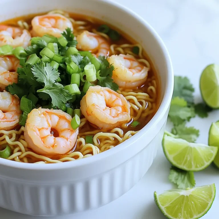 - 200g ramen noodles - 300g shrimp, peeled and deveined - 4 cloves garlic, minced - 2 tablespoons sesame oil - 1 tablespoon sriracha (adjust to taste) - 2 cups vegetable or chicken broth - 1 tablespoon soy sauce - 1 teaspoon ginger, grated In this dish, each ingredient plays a key role. The ramen noodles are the base, giving a nice chewy texture. Shrimp adds protein and a sweet flavor. Garlic and ginger bring warmth and zest, while sesame oil offers a rich, nutty taste. Sriracha adds heat, making the dish exciting. Broth and soy sauce create a savory depth, tying all the flavors together. - Green onion - Fresh cilantro - Lime wedges Garnishes can elevate your ramen. Green onion adds crunch and color. Fresh cilantro gives a bright, herbal note. Lime wedges bring a fresh tang that enhances the entire dish. Feel free to mix and match based on what you like! First, boil a pot of water. Use enough water to cover the noodles. Once the water boils, add 200g of ramen noodles. Cook them according to the package instructions, usually about 3-4 minutes. When they are done, drain the noodles and set them aside. This keeps them from sticking together. Next, grab a large skillet. Heat 2 tablespoons of sesame oil over medium heat. Once hot, add 4 cloves of minced garlic and 1 teaspoon of grated ginger. Sauté these for about 30 seconds. You want to smell the nice aroma but not burn them. Now, it’s time to add the shrimp. Place 300g of peeled and deveined shrimp in the skillet. Cook for about 2-3 minutes. The shrimp will turn pink and opaque when done. Stir in 1 tablespoon of sriracha for a spicy kick. Pour in 2 cups of vegetable or chicken broth and add 1 tablespoon of soy sauce. Stir well and bring the mixture to a gentle simmer. Once the broth is bubbling, add the cooked ramen noodles to the skillet. Gently toss everything together to combine. Heat through for about 1-2 minutes. The noodles should soak up the spicy flavors. Ladle the spicy garlic shrimp ramen into bowls. Garnish with sliced green onion and fresh cilantro if you like. Serve with lime wedges on the side to add a zesty finish. Enjoy your quick and flavorful dish! To make your spicy garlic shrimp ramen shine, adjust the sriracha. Start with one tablespoon. You can add more later if you like it spicier. Fresh ingredients matter too. Use fresh garlic and ginger for the best flavor. They make a big difference in taste. Preparation is key for a quick meal. Chop your garlic and ginger before you start cooking. This saves time. If you want to make it even faster, use pre-cooked shrimp. They only need a few minutes to warm up, cutting your cooking time. Think about what to serve with your ramen. A simple side salad or steamed veggies works well. For presentation, use a nice bowl. Garnish with green onions and cilantro. A lime wedge on the side adds a fresh touch. It looks great and tastes even better! {{image_2}} You can switch shrimp for chicken or tofu. If you use chicken, cut it into small pieces. Cook it longer until it’s no longer pink. For tofu, use firm tofu. Just cube it and sauté until golden. This keeps your ramen tasty and fun. Add greens like bok choy or spinach for more nutrition. Toss in bok choy in the last minutes of cooking. Spinach wilts quickly, so add it right before serving. You can also add carrots, bell peppers, or snap peas. These veggies add color and crunch to your dish. If you need gluten-free, use gluten-free ramen noodles. They cook just like regular noodles. Check labels for gluten-free sauces. Tamari is a great soy sauce alternative. It has a similar taste and is safely gluten-free. You can still enjoy this ramen without worrying about gluten. To keep your spicy garlic shrimp ramen fresh, follow these best practices for refrigeration: - Let the dish cool to room temperature. - Place it in an airtight container. - Store it in the fridge for up to 3 days. For reheating, use a microwave or a skillet. Heat until hot, stirring gently. Add a splash of broth if it seems dry. This will help bring back some moisture. Freezing ramen can be tricky, but you can do it successfully. Here’s how: - Allow the dish to cool completely. - Separate the shrimp and noodles from the broth. - Store them in airtight containers or freezer bags. This helps avoid mushy noodles when you thaw. For thawing, place in the fridge overnight. Reheat in a pot over low heat. Add fresh broth to bring back the flavor and texture. Spicy Garlic Shrimp Ramen lasts about 3 to 4 days in the fridge. Store it in an airtight container. To keep it fresh, let it cool before sealing. Yes, you can use different noodles. Udon, soba, or even rice noodles work well. Each noodle type brings its own texture. Make sure to follow cooking times for your chosen noodles. If you don't have sesame oil, use olive oil or canola oil. These oils will still give good flavor. You can add a sprinkle of sesame seeds for a hint of that nutty taste. Yes, this recipe is great for meal prep. You can make it ahead and store it in individual containers. Just add garnishes fresh when you're ready to eat. To make it less spicy, reduce or skip the sriracha. You can also add more broth to dilute the heat. Adding a bit of sugar can help balance flavors too. This blog post shows you how to make Spicy Garlic Shrimp Ramen. We went over key ingredients, cooking steps, and tips for flavor. You can use different proteins and veggies, too. Remember to store leftovers properly or freeze them for later. With these tips, you can create quick, tasty meals at home. Enjoy making this dish and feel free to experiment with your own flavors!