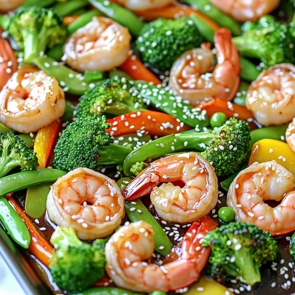 - 1 pound large shrimp, peeled and deveined - 2 cups broccoli florets - 1 bell pepper, sliced (any color) - 1 cup snap peas - 2 carrots, thinly sliced - 1/4 cup teriyaki sauce - 2 tablespoons olive oil - 2 teaspoons fresh ginger, minced - 2 cloves garlic, minced - Salt and pepper to taste - Sesame seeds for garnish - Green onions, sliced (for garnish) To make this dish shine, I focus on fresh, crisp veggies and plump shrimp. I love using large shrimp because they soak up the teriyaki sauce well. The bright colors of broccoli, bell pepper, snap peas, and carrots not only make the dish look great, but they also pack in nutrients. For the marinade, I mix teriyaki sauce with olive oil, ginger, and garlic. This blend offers a sweet, savory kick. I keep it simple with salt and pepper for seasoning. Finally, I sprinkle sesame seeds and green onions on top. These add a nice crunch and a pop of flavor. Always choose high-quality ingredients. They make a huge difference in taste. With this easy list, you can create a vibrant, tasty meal that everyone will love. 1. Preheating the oven: Start by preheating your oven to 400°F (200°C). This step is key for even cooking. 2. Preparing the marinade: In a bowl, mix together the teriyaki sauce, olive oil, minced ginger, and minced garlic. Stir until well blended. 1. Adding shrimp to the marinade: Take your peeled and deveined shrimp and add them to the bowl with the marinade. 2. Marinating time: Let the shrimp sit in the marinade for about 15 minutes. This adds a lot of flavor. 1. Preparing the veggies: On a large sheet pan, add the broccoli florets, sliced bell pepper, snap peas, and thinly sliced carrots. 2. Placing shrimp on the pan: After marinating, arrange the shrimp on top of the veggies. Spread them out so they cook evenly. 1. Cooking time and temperature: Place your sheet pan in the oven. Bake for 12-15 minutes. 2. Checking for doneness: The shrimp should turn pink and be cooked through. The veggies should be tender but still crisp. To cook shrimp just right, timing is key. Bake shrimp for 12 to 15 minutes at 400°F. Look for shrimp that turn pink and curl slightly. They should also feel firm to the touch. Overcooking can make shrimp rubbery. So, keep a close eye on them while they bake. Choosing the right veggies enhances your dish. I love using broccoli, bell peppers, snap peas, and carrots. These vegetables roast well and add great color. Slice bell peppers into thin strips. Cut carrots into thin rounds. For snap peas, just trim the ends. Toss all veggies with olive oil, salt, and pepper. This helps them cook evenly and taste amazing. To boost flavor, add more seasonings. Try a sprinkle of red pepper flakes for heat. You can also mix in a touch of soy sauce for extra depth. For garnishes, sesame seeds and green onions are perfect. They add crunch and a fresh taste. Feel free to experiment with your favorite herbs or spices for a unique twist. {{image_2}} You can swap shrimp for chicken. Chicken thighs or breasts work well. Just cut them into bite-sized pieces. Marinate the chicken the same way as shrimp. Bake until the chicken is fully cooked, about 20-25 minutes. If you want a vegetarian option, try tofu. Firm or extra-firm tofu holds up best. Press the tofu to remove extra water, then cube it. Marinate and bake just like shrimp or chicken. Feel free to mix in seasonal veggies. Asparagus, zucchini, or mushrooms add great flavor. You can also try green beans or cauliflower. The key is to choose colorful veggies. This not only makes your meal look good but also adds nutrients. Use different colored bell peppers for a vibrant dish. Mixing colors will keep your plate exciting and healthy. You can make your own teriyaki sauce. Combine soy sauce, honey, and a splash of rice vinegar. Add minced garlic and ginger for a fresh taste. Other sauces also work well. Consider sweet chili sauce for a kick. Or use a peanut sauce for a nutty flavor. Each option gives a new twist to your dish. To keep your sheet-pan teriyaki shrimp and veggies fresh, store them in the fridge. Use airtight containers to prevent spoilage. Make sure the dish cools down first. This step keeps bacteria from growing. Leftovers can last for up to three days in the fridge. Label the containers with the date, so you know when to eat them. When reheating your dish, use the oven or a skillet. Both methods help maintain the texture. If using an oven, heat it to 350°F (175°C). Place the shrimp and veggies in a baking dish. Cover it with foil to avoid drying out. Heat for about 10-15 minutes until warm. If using a skillet, add a splash of water to help steam. Stir gently until heated through. You can freeze leftovers for longer storage. Use freezer-safe containers to keep them fresh. Make sure to remove as much air as possible. This helps prevent freezer burn. Your dish can last for up to three months in the freezer. When you're ready to eat, thaw it in the fridge overnight. Reheat it using the methods above to enjoy the best flavor and texture. You can marinate shrimp for about 15 to 30 minutes. This time allows the shrimp to soak up the teriyaki flavor. If you marinate them longer, the texture may change. Yes, you can use frozen shrimp. Just thaw them first. Place them in cold water for about 15 minutes. Once thawed, peel and devein them if needed. Then, add them to your marinade. This dish pairs well with jasmine rice or quinoa. You can also serve it with a side salad for a fresh crunch. For a complete meal, consider adding some steamed rice noodles. To make this recipe gluten-free, choose a gluten-free teriyaki sauce. Many brands offer this option. Always check the label to ensure it meets your needs. The other ingredients in this recipe are naturally gluten-free. In this blog post, we explored a tasty sheet-pan teriyaki shrimp recipe. We covered the main ingredients, marinade, and seasonings for the dish. The step-by-step instructions guide you to perfect shrimp and veggies. We provided tips on cooking times and storing leftovers. You can even customize the recipe with different proteins and veggies. Remember, this dish is fun and easy to make. Enjoy your cooking and make it your own!
