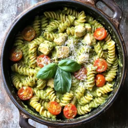 To make your One-Pot Creamy Pesto Chicken Pasta, gather these items: - 2 cups pasta (fusilli or penne works great) - 1 pound boneless, skinless chicken breast, diced - 2 tablespoons olive oil - 3 cloves garlic, minced - 1 ½ cups chicken broth - 1 cup heavy cream - ¾ cup basil pesto (store-bought or homemade) - 1 cup cherry tomatoes, halved - ½ cup grated Parmesan cheese - Salt and pepper to taste - Fresh basil leaves for garnish You can swap out some ingredients if needed: - Use whole wheat pasta for a healthier option. - Swap chicken with cooked shrimp or tofu for a different protein. - Use vegetable broth instead of chicken broth for a vegetarian base. - Replace heavy cream with coconut milk for a dairy-free version. - Try different cheeses like mozzarella or pecorino if you want variety. Choosing fresh ingredients makes a big difference: - Look for firm, bright-colored chicken. It should smell fresh, not sour. - Choose pasta with a good texture, and pick a shape that holds sauce well. - Pick basil that is vibrant and fragrant. Avoid wilted leaves. - For tomatoes, select firm ones with a rich color. They should feel heavy for their size. - Always check the expiration dates on cream and pesto. Freshness matters! First, heat the olive oil in a large pot over medium heat. Add the diced chicken. Season with salt and pepper. Cook for about 5-7 minutes. You want the chicken to be golden brown and cooked through. Once done, remove the chicken and set it aside. In the same pot, add the minced garlic. Sauté it for about 1 minute. Be careful not to burn the garlic, as it can turn bitter. Now, pour in the chicken broth and bring it to a boil. Add the pasta, stirring occasionally. This helps prevent sticking. Lower the heat and cover the pot. Let it simmer for about 10-12 minutes, until the pasta is al dente. Once the pasta is cooked, it’s time to add the heavy cream and basil pesto. Stir everything together well. Let it simmer for an additional 2-3 minutes to thicken up. Return the cooked chicken to the pot. Add the halved cherry tomatoes too. Stir everything together and cook for another 2 minutes, just until heated through. Remove the pot from heat. Stir in the grated Parmesan cheese until it melts and makes the dish creamy. Taste it and adjust seasoning with more salt or pepper if needed. Dish out the creamy pesto chicken pasta onto plates or bowls. Garnish with fresh basil leaves. Add an extra sprinkle of Parmesan if you like. Enjoy your meal! To cook pasta just right, follow a few steps. Use a large pot filled with water. Add a pinch of salt to the water before boiling. This step adds flavor. Once the water boils, add the pasta. Stir it often to keep it from sticking. Cook until it is al dente, which means it should be firm yet tender. Taste it to check if it is done. This way, you avoid overcooking. To boost the flavor of your one-pot creamy pesto chicken pasta, consider adding a few extras. You can toss in some spinach or kale for a fresh touch. Sun-dried tomatoes add a nice tang. If you like heat, sprinkle in some red pepper flakes. These small changes can make your dish even more exciting. Feel free to experiment with herbs like thyme or oregano for more depth. For the best creaminess, timing is key. Once your pasta is al dente, stir in the heavy cream and pesto right away. This helps the sauce blend smoothly. Let it cook for a few minutes, but don’t rush. This allows the flavors to meld and creates that rich, creamy texture. Always check the heat; too high can curdle the cream. Keep it low and gentle for a perfect finish. {{image_2}} You can easily make this dish vegetarian. Just swap the chicken for chickpeas or tofu. Both options add protein and texture. Chickpeas give a nice bite, while tofu soaks up flavors well. Use firm tofu for the best results. Remember to sauté them until golden for added flavor. Adding vegetables boosts nutrition and adds color. You can toss in spinach, broccoli, or bell peppers. Just chop them into small pieces. Add them when you mix in the cream and pesto. They will cook quickly and stay vibrant. This way, you get a tasty, healthy meal in one pot. Feel free to switch up the pasta type. Fusilli and penne are great, but you can try spaghetti or farfalle too. Use whole wheat or gluten-free pasta for a healthier choice. Just remember to adjust the cooking time. Check the package instructions for perfect pasta. Each type adds a unique twist to your creamy pesto chicken pasta. To store your creamy pesto chicken pasta, let it cool first. Use an airtight container to hold the leftovers. This helps keep the dish fresh. You can store it in the fridge for about 3 to 4 days. Just make sure to check it before eating. If there are any off smells, it's best to toss it. Reheating this pasta is easy. You can use the microwave or the stovetop. If using the microwave, place the pasta in a bowl. Add a splash of water or cream to keep it moist. Heat in short bursts, stirring in between. On the stovetop, place the pasta in a pan. Add a bit of water and heat over low heat. Stir often until warm. Freezing this dish is a great option for meal prep. To freeze, let the pasta cool completely first. Then, transfer it to a freezer-safe container. You can also use freezer bags. Remove as much air as you can before sealing. This way, the pasta stays fresh for up to 3 months. When ready to eat, thaw it overnight in the fridge. Reheat as mentioned above. Enjoy your creamy pesto chicken pasta later! Yes, you can make this dish dairy-free. Use coconut cream instead of heavy cream. For cheese, try a dairy-free alternative. Check labels to ensure they fit your diet. To prevent pasta from sticking, stir it often while cooking. Add a splash of olive oil to the water before adding pasta. Make sure the water boils before adding the pasta. Absolutely! Homemade pesto adds a fresh taste. Blend fresh basil, garlic, nuts, and olive oil. Adjust the ingredients to fit your flavor preferences. It will make the dish even better. Yes, you can cook this in an Instant Pot. Sauté the chicken first, then add garlic. Pour in the broth and pasta. Cook on high pressure for 4-6 minutes. Release pressure and stir in cream and pesto. In this post, we covered key ingredients, cooking steps, and helpful tips. You learned how to sauté chicken, mix in creamy sauces, and choose fresh ingredients. I shared storage tips to keep leftovers tasty and ways to make variations to suit your taste. Remember, cooking is fun and you can adapt recipes as you wish. With these insights, you can create a delicious meal that your friends and family will love. Enjoy your cooking journey!