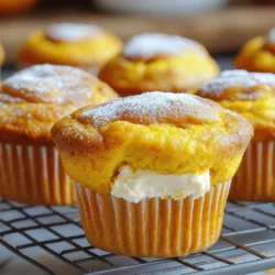- 1 ½ cups all-purpose flour - 1 teaspoon baking soda - ½ teaspoon baking powder - 1 teaspoon ground cinnamon - ¼ teaspoon ground nutmeg - ¼ teaspoon ground ginger - ½ teaspoon salt For the dry ingredients, I start with all-purpose flour. It gives the muffins a nice texture. I add baking soda and baking powder for the perfect rise. Cinnamon, nutmeg, and ginger bring a warm, spicy flavor. The salt balances the sweetness. - ½ cup granulated sugar - ½ cup brown sugar, packed - 1 cup canned pumpkin puree - ½ cup vegetable oil - 2 large eggs - 1 teaspoon vanilla extract Next, I mix the wet ingredients. Granulated and brown sugars provide sweetness and depth. Canned pumpkin puree adds moisture and flavor. Vegetable oil keeps the muffins tender. Eggs bind everything together, while vanilla extract enhances the taste. - 4 ounces cream cheese, softened - 2 tablespoons powdered sugar For the cream cheese filling, I use softened cream cheese. It mixes well with powdered sugar for sweetness. This filling adds a rich, creamy surprise to each muffin. It complements the pumpkin flavor perfectly. - Preheat the oven to 350°F (175°C). - Prepare the muffin tin with paper liners or spray it with non-stick spray. - In a medium bowl, whisk together 1 ½ cups all-purpose flour, 1 teaspoon baking soda, ½ teaspoon baking powder, 1 teaspoon ground cinnamon, ¼ teaspoon ground nutmeg, ¼ teaspoon ground ginger, and ½ teaspoon salt. This mix gives your muffins a warm, spiced flavor. - In a large bowl, mix ½ cup granulated sugar, ½ cup packed brown sugar, 1 cup canned pumpkin puree, ½ cup vegetable oil, 2 large eggs, and 1 teaspoon vanilla extract until smooth. This step adds moisture and sweetness to your muffins. - Gradually add the dry mixture to the wet ingredients. Stir gently until just combined. It’s okay if a few lumps remain; don’t overmix. This helps keep your muffins light and fluffy. - In a small bowl, blend 4 ounces of softened cream cheese with 2 tablespoons powdered sugar until smooth. This creamy filling adds a rich surprise to each bite. - Fill each muffin cup about 1/3 full with the pumpkin batter. Then, add a spoonful of the cream cheese mixture in the center of each muffin. Cover the cream cheese with more pumpkin batter until each cup is about 2/3 full. - Bake the muffins in the preheated oven for 18-22 minutes. A toothpick inserted into the muffin (not touching the cream cheese) should come out clean. - Once baked, take them out and let them cool in the pan for about 5 minutes. Then, transfer them to a wire rack to cool completely. Enjoy the sweet aroma filling your kitchen! To get your muffins just right, avoid overmixing the batter. Mixing too much makes them dense. Gently stir until just combined, and remember, a few lumps are okay. This keeps your muffins light and fluffy. Using room temperature ingredients helps too. When your eggs and cream cheese are at room temp, they mix better. This makes for a smoother batter. Feel free to adjust the spices to fit your taste. If you love cinnamon, add more! If you want a kick, boost the ginger. You can also add nuts or chocolate chips for a fun twist. Nuts give a nice crunch, while chocolate adds sweetness. Just fold them in gently before you scoop the batter. For a lovely touch, dust your muffins with powdered sugar. This little detail makes them look bakery-fresh. You can also add a dollop of whipped cream cheese frosting on top. It adds creaminess and a burst of flavor. These simple steps will make your muffins a showstopper! {{image_2}} To make these muffins gluten-free, simply swap all-purpose flour with a gluten-free blend. Many blends work well, so pick your favorite. This change keeps the muffins soft and moist, just like the original. You can add fun flavors to your muffins. Try incorporating chocolate chips for a sweet touch. Alternatively, drizzle in some maple syrup for a warm, rich flavor. Both options take these muffins to a new level of deliciousness. Want to change the cream cheese flavor? Use flavored cream cheese to create unique tastes. Options like cinnamon or pumpkin spice cream cheese can add a fun twist. This small swap can make a big difference in flavor. You can keep these muffins fresh for a few days. Store them in an airtight container at room temperature. This method keeps them soft and tasty. Enjoy them within three days for the best flavor. Want to save some for later? Freeze the muffins! Wrap each one individually in plastic wrap or foil. Store them in a freezer bag. They can last up to three months in the freezer. When you're ready to eat one, just take it out and let it thaw. To enjoy a warm muffin, you can reheat it. Use a microwave for a quick warm-up. Heat it for about 10-15 seconds. If you prefer the oven, preheat it to 350°F (175°C) and warm the muffin for about 5-10 minutes. This makes the muffin soft and cozy again. Yes, you can make these muffins ahead of time. Prepare the batter and store it in the fridge. You can also bake muffins and keep them in an airtight container. They stay fresh for about three days at room temperature. If you want to keep them longer, freeze them for up to three months. Just thaw and warm them when you’re ready to enjoy! To help your muffins rise well, use fresh baking soda and baking powder. Check the expiration dates before you bake. Mixing the batter gently is key; do not overmix it. A few lumps in the batter are just fine. This keeps the muffins light and fluffy. Remember, too much mixing can make them dense. Yes, you can use mashed bananas or unsweetened applesauce in place of pumpkin puree. Both options will add moisture and sweetness. They also change the flavor slightly, but they still taste great. If you want to keep that pumpkin flavor, use a mix of both. This way, you enjoy the best of both worlds! This blog post shared a simple way to make delicious pumpkin muffins. We covered all the needed ingredients, from dry to wet, plus the cream cheese filling. I provided step-by-step instructions, tips for perfect texture, flavor variations, and storage info. You can make these muffins your own with fun twists. Enjoy baking and share these tasty treats with friends and family. They will love the flavors and textures, and you’ll feel proud of your creation!