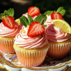 - 1 ½ cups all-purpose flour - 1 cup granulated sugar - ½ cup unsalted butter, softened - 2 large eggs - ¾ cup buttermilk - Zest of 1 lemon - 2 tablespoons fresh lemon juice - 1 teaspoon baking powder - ½ teaspoon baking soda - ¼ teaspoon salt - 1 cup fresh strawberries, diced - 1 cup unsalted butter, softened - 4 cups powdered sugar - 3 tablespoons fresh lemon juice - Zest of 1 lemon - 1-2 tablespoons milk (as needed for consistency) - Fresh strawberry slices for garnish To make Strawberry Lemonade Cupcakes, you will need fresh and quality ingredients. Each component plays a key role in the flavor and texture of the cupcakes. For the cupcakes, all-purpose flour gives structure. Granulated sugar adds sweetness, while softened butter gives richness. The eggs help bind the mix together. Buttermilk keeps the cupcakes moist. Zest and juice from fresh lemons provide a bright flavor. Baking powder and baking soda create lift, and salt balances sweetness. Diced strawberries add juicy chunks that burst with flavor. For the frosting, softened butter creates a creamy base. Powdered sugar gives sweetness and a smooth texture. Lemon juice and zest bring tanginess. You may need milk to adjust the frosting’s consistency. Finally, fresh strawberry slices make a lovely garnish. With these ingredients, you can create a delightful treat perfect for summer! - Preheat the oven to 350°F (175°C). - Line a cupcake tin with paper liners. - In a bowl, whisk 1 ½ cups of all-purpose flour, 1 teaspoon of baking powder, ½ teaspoon of baking soda, and ¼ teaspoon of salt. Set this aside. - In a large bowl, cream ½ cup of softened unsalted butter and 1 cup of granulated sugar until light and fluffy. This takes about 3 minutes. - Add 2 large eggs, ¾ cup of buttermilk, zest of 1 lemon, and 2 tablespoons of fresh lemon juice to the butter mixture. Beat until smooth and well combined. - Gradually mix the dry ingredients into the wet mixture. Be careful not to overmix. Just mix until you see no flour. - Gently fold in 1 cup of diced fresh strawberries. This adds sweetness and flavor to your cupcakes. - Divide the cupcake batter evenly among the lined cupcake tins. Fill each about two-thirds full. - Bake in the preheated oven for 18-20 minutes. Check with a toothpick; it should come out clean when done. - Allow the cupcakes to cool in the pan for 5 minutes. Then, transfer them to a wire rack. Let them cool completely before frosting. - In a large bowl, beat 1 cup of softened unsalted butter until creamy. - Gradually add 4 cups of powdered sugar, 3 tablespoons of fresh lemon juice, and lemon zest. Mix until smooth. - If the frosting is too thick, add 1-2 tablespoons of milk until you reach the right consistency. - Once the cupcakes are cool, frost them generously with the lemonade frosting. Use a knife or piping bag for a nice touch. - Top each cupcake with fresh strawberry slices for extra sweetness and a lovely look. To make light and fluffy cupcakes, measuring your ingredients is key. Use measuring cups and spoons to get the right amounts. Accurate measurements help you avoid dense cupcakes. Mixing is also crucial. When combining wet and dry ingredients, mix just until combined. Overmixing can lead to tough cupcakes. Remember, a few lumps are okay! For the frosting, you want a smooth and creamy texture. Start with softened butter. Gradually add powdered sugar and mix well. If it feels too thick, add a little milk. This helps you reach the right consistency. Using piping tips can make your frosting look fancy. Choose a star tip for swirls or a round tip for simple dollops. Experiment to find what you like! Presentation matters! Arrange your cupcakes on a decorative platter. Add whole strawberries and mint leaves for a fresh look. It makes your dessert more inviting. Pair these cupcakes with refreshing drinks. Iced tea or lemonade works great. The flavors complement each other and enhance your summer treat! {{image_2}} You can switch up the fruit in these cupcakes. Raspberries or blueberries work great! They bring a new flavor while keeping the cupcake light. You can also add citrus flavors. Lime or orange zest adds a fun twist. This gives the cupcakes a bright, fresh taste. If you want a vegan version, it’s easy to swap some ingredients. Use a vegan butter spread instead of regular butter. For eggs, try using flax eggs. Mix one tablespoon of ground flaxseed with three tablespoons of water. Let it sit for five minutes until it thickens. This will help bind your batter. Want to change the frosting? Try cream cheese frosting! It adds a rich flavor that pairs well with the lemon. You can also use strawberry or vanilla frosting for a unique taste. Each option will give your cupcakes a special flair. Store your strawberry lemonade cupcakes at room temperature. Place them in an airtight container. This keeps them fresh and moist. Avoid exposing them to direct sunlight or heat. If left out, they stay tasty for about three days. Refrigeration can dry them out. If you must refrigerate, use a container. Remember, cold can change the texture. To freeze cupcakes, start with cool ones. Wrap each cupcake in plastic wrap. Place them in a freezer-safe bag or container. They can last up to three months. Thawing is easy. Take them out of the freezer and unwrap them. Let them sit at room temperature for about an hour. This helps keep them soft and tasty. Store leftover frosting in an airtight container. It can last for up to a week in the fridge. When using it later, bring it back to room temperature. If it seems too thick, add a little milk. Mix it well until it reaches the right consistency. You can also use leftover frosting on other desserts, making it a versatile treat. These cupcakes last about three days at room temperature. To keep them fresh, store them in an airtight container. Avoid direct sunlight and heat sources. If you want to keep them longer, refrigerate for up to a week. Just remember, refrigerating can change their texture slightly. Yes, you can make these cupcakes a day before serving. Bake the cupcakes and let them cool completely. Store them in an airtight container at room temperature. You can frost them the next day. This helps the flavors meld together nicely. To boost the lemon flavor, add more lemon zest. Use the zest of two lemons instead of one. You can also increase the lemon juice to three tablespoons. If you want an extra zing, try adding a splash of lemon extract. If you don’t have buttermilk, you can use plain yogurt or sour cream. Just mix one cup with a little water to thin it out. Another option is to use milk with vinegar. Add one tablespoon of vinegar to one cup of milk and let it sit for five minutes. Yes, you can use frozen strawberries. Just make sure to thaw and drain them well before adding to the batter. This helps prevent extra moisture in your cupcakes. Keep in mind, frozen strawberries may not be as firm as fresh, but they still taste great! You learned how to create delicious Strawberry Lemonade Cupcakes. We covered key ingredients that bring out bright flavors. You know the steps to mix, bake, and frost these treats. Remember to measure carefully and avoid overmixing for best results. Experiment with fruit alternatives and enjoy variations for everyone. With proper storage, these cupcakes will stay fresh longer. Now, go ahead and bake these tasty cupcakes for a fun treat or event! Your taste buds will thank you.