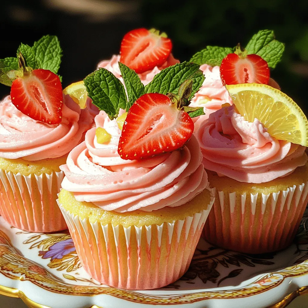 - 1 ½ cups all-purpose flour - 1 cup granulated sugar - ½ cup unsalted butter, softened - 2 large eggs - ¾ cup buttermilk - Zest of 1 lemon - 2 tablespoons fresh lemon juice - 1 teaspoon baking powder - ½ teaspoon baking soda - ¼ teaspoon salt - 1 cup fresh strawberries, diced - 1 cup unsalted butter, softened - 4 cups powdered sugar - 3 tablespoons fresh lemon juice - Zest of 1 lemon - 1-2 tablespoons milk (as needed for consistency) - Fresh strawberry slices for garnish To make Strawberry Lemonade Cupcakes, you will need fresh and quality ingredients. Each component plays a key role in the flavor and texture of the cupcakes. For the cupcakes, all-purpose flour gives structure. Granulated sugar adds sweetness, while softened butter gives richness. The eggs help bind the mix together. Buttermilk keeps the cupcakes moist. Zest and juice from fresh lemons provide a bright flavor. Baking powder and baking soda create lift, and salt balances sweetness. Diced strawberries add juicy chunks that burst with flavor. For the frosting, softened butter creates a creamy base. Powdered sugar gives sweetness and a smooth texture. Lemon juice and zest bring tanginess. You may need milk to adjust the frosting’s consistency. Finally, fresh strawberry slices make a lovely garnish. With these ingredients, you can create a delightful treat perfect for summer! - Preheat the oven to 350°F (175°C). - Line a cupcake tin with paper liners. - In a bowl, whisk 1 ½ cups of all-purpose flour, 1 teaspoon of baking powder, ½ teaspoon of baking soda, and ¼ teaspoon of salt. Set this aside. - In a large bowl, cream ½ cup of softened unsalted butter and 1 cup of granulated sugar until light and fluffy. This takes about 3 minutes. - Add 2 large eggs, ¾ cup of buttermilk, zest of 1 lemon, and 2 tablespoons of fresh lemon juice to the butter mixture. Beat until smooth and well combined. - Gradually mix the dry ingredients into the wet mixture. Be careful not to overmix. Just mix until you see no flour. - Gently fold in 1 cup of diced fresh strawberries. This adds sweetness and flavor to your cupcakes. - Divide the cupcake batter evenly among the lined cupcake tins. Fill each about two-thirds full. - Bake in the preheated oven for 18-20 minutes. Check with a toothpick; it should come out clean when done. - Allow the cupcakes to cool in the pan for 5 minutes. Then, transfer them to a wire rack. Let them cool completely before frosting. - In a large bowl, beat 1 cup of softened unsalted butter until creamy. - Gradually add 4 cups of powdered sugar, 3 tablespoons of fresh lemon juice, and lemon zest. Mix until smooth. - If the frosting is too thick, add 1-2 tablespoons of milk until you reach the right consistency. - Once the cupcakes are cool, frost them generously with the lemonade frosting. Use a knife or piping bag for a nice touch. - Top each cupcake with fresh strawberry slices for extra sweetness and a lovely look. To make light and fluffy cupcakes, measuring your ingredients is key. Use measuring cups and spoons to get the right amounts. Accurate measurements help you avoid dense cupcakes. Mixing is also crucial. When combining wet and dry ingredients, mix just until combined. Overmixing can lead to tough cupcakes. Remember, a few lumps are okay! For the frosting, you want a smooth and creamy texture. Start with softened butter. Gradually add powdered sugar and mix well. If it feels too thick, add a little milk. This helps you reach the right consistency. Using piping tips can make your frosting look fancy. Choose a star tip for swirls or a round tip for simple dollops. Experiment to find what you like! Presentation matters! Arrange your cupcakes on a decorative platter. Add whole strawberries and mint leaves for a fresh look. It makes your dessert more inviting. Pair these cupcakes with refreshing drinks. Iced tea or lemonade works great. The flavors complement each other and enhance your summer treat! {{image_2}} You can switch up the fruit in these cupcakes. Raspberries or blueberries work great! They bring a new flavor while keeping the cupcake light. You can also add citrus flavors. Lime or orange zest adds a fun twist. This gives the cupcakes a bright, fresh taste. If you want a vegan version, it’s easy to swap some ingredients. Use a vegan butter spread instead of regular butter. For eggs, try using flax eggs. Mix one tablespoon of ground flaxseed with three tablespoons of water. Let it sit for five minutes until it thickens. This will help bind your batter. Want to change the frosting? Try cream cheese frosting! It adds a rich flavor that pairs well with the lemon. You can also use strawberry or vanilla frosting for a unique taste. Each option will give your cupcakes a special flair. Store your strawberry lemonade cupcakes at room temperature. Place them in an airtight container. This keeps them fresh and moist. Avoid exposing them to direct sunlight or heat. If left out, they stay tasty for about three days. Refrigeration can dry them out. If you must refrigerate, use a container. Remember, cold can change the texture. To freeze cupcakes, start with cool ones. Wrap each cupcake in plastic wrap. Place them in a freezer-safe bag or container. They can last up to three months. Thawing is easy. Take them out of the freezer and unwrap them. Let them sit at room temperature for about an hour. This helps keep them soft and tasty. Store leftover frosting in an airtight container. It can last for up to a week in the fridge. When using it later, bring it back to room temperature. If it seems too thick, add a little milk. Mix it well until it reaches the right consistency. You can also use leftover frosting on other desserts, making it a versatile treat. These cupcakes last about three days at room temperature. To keep them fresh, store them in an airtight container. Avoid direct sunlight and heat sources. If you want to keep them longer, refrigerate for up to a week. Just remember, refrigerating can change their texture slightly. Yes, you can make these cupcakes a day before serving. Bake the cupcakes and let them cool completely. Store them in an airtight container at room temperature. You can frost them the next day. This helps the flavors meld together nicely. To boost the lemon flavor, add more lemon zest. Use the zest of two lemons instead of one. You can also increase the lemon juice to three tablespoons. If you want an extra zing, try adding a splash of lemon extract. If you don’t have buttermilk, you can use plain yogurt or sour cream. Just mix one cup with a little water to thin it out. Another option is to use milk with vinegar. Add one tablespoon of vinegar to one cup of milk and let it sit for five minutes. Yes, you can use frozen strawberries. Just make sure to thaw and drain them well before adding to the batter. This helps prevent extra moisture in your cupcakes. Keep in mind, frozen strawberries may not be as firm as fresh, but they still taste great! You learned how to create delicious Strawberry Lemonade Cupcakes. We covered key ingredients that bring out bright flavors. You know the steps to mix, bake, and frost these treats. Remember to measure carefully and avoid overmixing for best results. Experiment with fruit alternatives and enjoy variations for everyone. With proper storage, these cupcakes will stay fresh longer. Now, go ahead and bake these tasty cupcakes for a fun treat or event! Your taste buds will thank you.