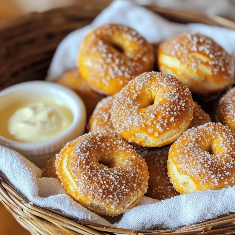 To make these sweet cinnamon sugar pretzel bites, you need: - 1 cup warm water (about 110°F) - 2 tablespoons granulated sugar - 2 teaspoons salt - 1 packet (2 1/4 teaspoons) active dry yeast - 4 cups all-purpose flour - 1/2 cup baking soda - 1 large egg, beaten - 1/2 cup unsalted butter, melted - 1/2 cup granulated sugar (for coating) - 2 tablespoons ground cinnamon Using warm water helps activate the yeast. Make sure it's not too hot. If the yeast is old, your dough might not rise well. Use fresh yeast for the best rise. Kneading the dough well makes it soft and chewy. Aim for a smooth texture. For the cinnamon sugar, mix the sugar and cinnamon well to coat each bite evenly. You can add a pinch of nutmeg for a warm flavor. If you want a richer taste, try using brown sugar instead of white. For a vegan option, replace the egg with a flax egg or a non-dairy milk wash. You can also use whole wheat flour for a healthier twist. Start by mixing warm water, sugar, and salt in a bowl. Sprinkle the yeast over this mix and let it sit for about 5 minutes. You want it to look frothy. Next, gradually add the flour and stir until a dough forms. Knead the dough for 5 minutes on a floured surface. It should feel smooth and elastic. Place it in a greased bowl, cover it, and let it rise for about an hour until it doubles in size. Kneading dough is simple. Use your palms to push the dough away from you, then fold it back. Repeat this for about 5 minutes. Make sure your surface is floured to prevent sticking. When shaping, divide the dough into small pieces. Roll each piece into a rope, about 1-2 inches thick. Twist the rope into a pretzel shape. This part is fun, so get creative! Preheat your oven to 425°F. In a large pot, boil 10 cups of water and add baking soda. This gives the pretzels their classic texture. Once the dough has risen, punch it down and shape the pretzels. Boil each pretzel for about 30 seconds. Use a slotted spoon to remove them, then place them on a baking sheet. Brush each pretzel with a beaten egg and sprinkle with cinnamon sugar. Bake for 12-15 minutes until golden brown. Finally, brush them with melted butter for extra flavor. Enjoy your warm pretzel bites! To get soft pretzel bites, start with warm water at about 110°F. This temperature helps the yeast bloom. Mix the yeast with sugar and salt, then wait for it to froth. Knead your dough well. Knead for about five minutes until smooth. Allow it to rise until it doubles in size. This step is key for softness. One common mistake is not using warm water. Cold water delays yeast action. Another mistake is skipping the boiling step. Boiling in baking soda water gives pretzels their unique texture. Always check the dough. If it feels sticky, add a bit more flour while kneading. Serve your pretzel bites warm for the best taste. Place them in a basket lined with a clean cloth. Pair them with sweet dips like caramel or cream cheese. For a fun twist, try adding chocolate sauce on the side. These bites are perfect for parties or movie nights. {{image_2}} You can switch up the flavors of your pretzel bites. Chocolate and vanilla are great choices. For chocolate, add cocoa powder to the dough. Mix in some chocolate chips before shaping the pretzels. For vanilla, use vanilla extract in the dough. You can also sprinkle vanilla sugar on top after baking. These flavors add a fun twist to the classic recipe. If you need a gluten-free option, there are simple swaps. Use gluten-free flour blends in place of all-purpose flour. Check the blend for xanthan gum, as it helps with dough texture. Follow the same steps in the recipe, but keep an eye on the baking time. Gluten-free dough may need a bit more or less time to bake. For a savory version, try garlic and cheese pretzel bites. Add garlic powder to the dough for flavor. You can also mix in shredded cheese, like cheddar or mozzarella. After boiling, brush the pretzels with garlic butter. Top them with grated cheese before baking. These bites are a tasty snack for any time! Store leftover pretzel bites in an airtight container. This keeps them fresh and soft. Place a paper towel at the bottom. It absorbs moisture and prevents sogginess. Keep the container at room temperature for up to two days. If you want them to last longer, refrigerate them. They will stay good for about a week in the fridge. To reheat, use an oven for best results. Preheat your oven to 350°F (175°C). Place the pretzel bites on a baking sheet. Heat them for about 5 to 7 minutes. This restores their softness and warmth. You can also use a microwave. Heat for about 15 to 20 seconds. However, use the oven for a crispier texture. If you want to freeze pretzel bites, cool them completely first. Place them in a single layer on a baking sheet. Freeze until solid, then transfer to a freezer bag. Remove as much air as possible from the bag. They will stay fresh for up to three months. When ready to eat, thaw in the fridge overnight, then reheat as mentioned above. Enjoy your warm treats anytime! To coat pretzel bites, first, brush them with a beaten egg. This helps the sugar stick. Mix 1/2 cup of sugar with 2 tablespoons of ground cinnamon in a bowl. While the pretzels are still warm, roll each one in the cinnamon sugar mix. Make sure they are well coated for the best flavor. You can add more sugar if you like it sweeter. Yes, you can make pretzel bites ahead of time! Prepare the dough and shape the pretzels. After boiling them, place them on a baking sheet. Cover them with plastic wrap and chill in the fridge. Bake them when you're ready. They taste best fresh, but this method saves time. You know the dough is ready when it doubles in size. After about one hour, check the dough. It should feel soft and airy. You can also poke it gently. If it springs back slowly, it is ready. If it stays down, let it rise for a bit longer. In this post, we covered how to make tasty pretzel bites. We listed necessary ingredients and shared tips for the best results. I guided you through easy steps for preparation, dough handling, and baking. We discussed tricks to make your bites soft and tasty, while avoiding common mistakes. I also shared fun variations and storage tips. Enjoy making these pretzel bites at home and experiment with flavors. Happy snacking!
