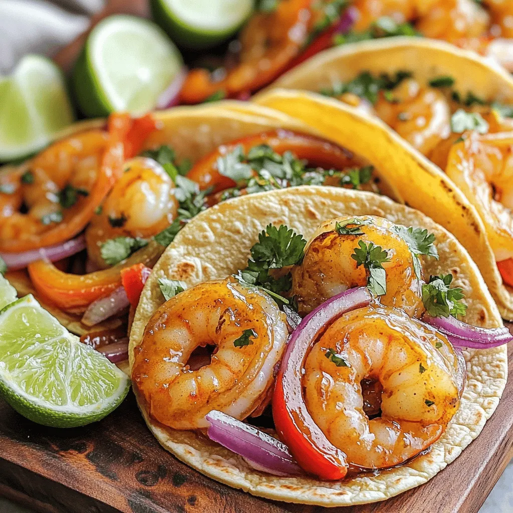 To create Honey Garlic Shrimp Tacos on a sheet pan, you will need: - 1 pound shrimp, peeled and deveined - 2 tablespoons honey - 3 tablespoons soy sauce (or coconut aminos for gluten-free) - 3 cloves garlic, minced - 1 tablespoon ginger, freshly grated - 1 tablespoon sesame oil - 1 teaspoon red pepper flakes (adjust to taste) - 1 bell pepper, sliced (any color) - 1 red onion, sliced - 1 tablespoon olive oil - Salt and pepper to taste - Corn or flour tortillas, for serving - Fresh cilantro, chopped, for garnish - Lime wedges, for serving If you have dietary needs, don't worry. Here are some easy swaps: - Use coconut aminos in place of soy sauce for a gluten-free option. - Replace shrimp with chicken or tofu for a different protein. - Swap honey for maple syrup if you want a vegan choice. To make your tacos shine, consider these garnishes: - Chopped fresh cilantro adds color and flavor. - Lime wedges bring a zesty kick. - You can also add diced avocado or sliced jalapeños for extra texture and heat. These simple ingredients and swaps help you create a delicious meal while meeting different dietary needs. Enjoy the vibrant flavors and fun colors in your tacos! - Preheating the Oven and Preparing the Sheet Pan Start by preheating your oven to 400°F (200°C). Line a large baking sheet with parchment paper. This makes cleanup easy and keeps your dish from sticking. - Mixing the Honey Garlic Marinade In a medium bowl, whisk together 2 tablespoons of honey, 3 tablespoons of soy sauce, 3 minced garlic cloves, 1 tablespoon of freshly grated ginger, 1 tablespoon of sesame oil, and 1 teaspoon of red pepper flakes. This mixture is your honey garlic marinade. - Marinating the Shrimp In a separate bowl, toss 1 pound of peeled and deveined shrimp with half of the honey garlic marinade. Make sure the shrimp are well coated. Let them marinate for about 15 minutes. This step adds tons of flavor. - Roasting the Vegetables While the shrimp marinates, prepare your veggies. In a large bowl, combine sliced bell pepper and red onion with 1 tablespoon of olive oil, salt, and pepper. Toss them to coat. Spread the seasoned vegetables on one side of the baking sheet. Roast them for 10 minutes. - Adding the Shrimp and Finishing the Dish After 10 minutes, add the marinated shrimp to the other side of the baking sheet. Pour any leftover marinade over the shrimp. Return the sheet to the oven and roast for an additional 8-10 minutes. The shrimp should turn pink and be cooked through, while the veggies become tender. - Warming the Tortillas Warm the tortillas in a dry skillet over medium heat. Do this for about 30 seconds on each side. This makes them soft and easy to fold. - Layering Ingredients on Tacos To assemble your tacos, layer the shrimp and roasted vegetables on each tortilla. Sprinkle with chopped cilantro and serve with lime wedges on the side. This step adds freshness and zest to your dish. How to Avoid Overcooking Shrimp Shrimp cook quickly, so watch them closely. Cook shrimp for about 8-10 minutes. They turn pink when done. If you overcook them, they become tough. Remove shrimp from the oven as soon as they are pink and curled. Adjusting Spice Levels with Red Pepper Flakes Red pepper flakes add heat, so adjust them to your taste. Start with 1 teaspoon and add more if you like it spicy. Mix the flakes into the marinade for an even flavor. Incorporating Additional Vegetables Feel free to add more veggies. Try zucchini, corn, or mushrooms. These add color and crunch. Toss them with olive oil, salt, and pepper before roasting. Alternative Sauces for Variation You can switch up the sauce for different tastes. Try a lime vinaigrette for brightness. A chipotle sauce adds smokiness if you want a kick. Experiment to find your favorite! Visual Appeal with Garnishes Garnish your tacos with fresh cilantro and lime wedges. This adds bright color and fresh flavor. You can also add sliced radishes for a pop of pink. Serving Suggestions for Gatherings Serve the tacos on a large wooden platter. This makes it easy for guests to help themselves. Add bowls of extra toppings like avocado or salsa for fun. {{image_2}} You can switch the shrimp for chicken or tofu. To use chicken, cut it into small pieces. Marinate it with the same honey garlic mix. Bake it just like the shrimp for tender results. Tofu works well too. Use firm tofu and press it to remove extra water. Cut it into cubes, then marinate and roast. Fish is another tasty option. Salmon or cod would work great. Season them with the same marinade and bake. The fish will be flaky and full of flavor. For a sweet and spicy kick, add more red pepper flakes. This will give the tacos a nice heat. You can also try a honey sriracha mix. Combine honey with sriracha for a zesty twist. Asian-inspired tacos can bring a new taste. Use a hoisin sauce instead of honey. Top the tacos with crunchy cabbage and sesame seeds. This adds a fresh and nutty flavor. Choosing between hard shell or soft shell tortillas makes a difference. Hard shells are crunchy and fun. Soft shells are chewy and easy to fold. Try both to see what you like best. You can also serve the tacos with rice or salad. Rice adds bulk and makes it a filling meal. A fresh salad can brighten the dish and give it a crisp bite. To keep your shrimp tacos fresh, store them in the fridge. Use an airtight container. This helps keep the shrimp and veggies from drying out. They will stay fresh for about three days. If you plan to eat them later, consider freezing them. For freezing, wrap each taco in plastic wrap. Then, place them in a freezer-safe bag. This method protects them from freezer burn. They can last for up to three months in the freezer. When you're ready to eat, just thaw and reheat. To reheat your shrimp tacos, the oven works best. Preheat it to 350°F (175°C). Place the tacos on a baking sheet for about 10-15 minutes. This keeps them warm and tasty. If you want a quick method, use the microwave. Heat them for 30 seconds at a time, checking after each round. Avoid soggy tortillas by placing a paper towel under the tacos. This absorbs extra moisture. Fresh produce lasts about five days in the fridge. Bell peppers and onions stay crisp for a while. Keep them in a cool, dry place for best results. Cooked shrimp lasts about three days in the fridge. If you see any changes in color or smell, it’s best to toss it. Always trust your senses when checking food freshness. Can I make the shrimp tacos ahead of time? Yes, you can prepare the shrimp tacos ahead of time. Cook the shrimp and vegetables, then store them in the fridge. Reheat them before serving. This keeps all the flavors intact. What can I substitute if I don't have shrimp? If you lack shrimp, you can use chicken or tofu. Both options work well. Just adjust the cooking time. Chicken needs to cook longer, while tofu cooks quickly. How can I make this recipe gluten-free? To make this dish gluten-free, use coconut aminos instead of soy sauce. Choose corn tortillas instead of flour. This keeps the meal safe for those with gluten allergies. What are the best sides to serve with these tacos? Best sides include a fresh salad or corn on the cob. You can also serve with rice or chips. These sides add color and flavor to your meal. How can I customize the toppings for my tacos? You can add avocado, diced tomatoes, or shredded cheese. For extra crunch, try cabbage or radishes. Don't forget lime juice to brighten the flavors. Is it okay to use frozen shrimp for this recipe? Yes, frozen shrimp is fine. Just thaw them before marinating. This saves time and is often more convenient. What can I use instead of honey for a vegan option? For a vegan option, use maple syrup or agave nectar. Both alternatives provide sweetness without the use of honey. This blog post covered how to make tasty honey garlic shrimp tacos. You learned about the essential ingredients, helpful substitutions, and fantastic garnishes. I shared step-by-step cooking instructions to get your shrimp just right. We also explored delicious variations and proper storage tips to keep your food fresh. Remember, you can mix and match to find your favorite flavors. Enjoy creating your own taco masterpieces with these easy ideas!