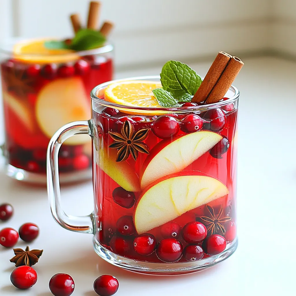 Let's dive into what you need for this Warm Spiced Cranberry Apple Sangria. Each ingredient plays a key role in creating that cozy, warm flavor. - Cranberry juice: You need 4 cups. This gives the drink its tartness. - Apple cider: Use 2 cups. It adds a sweet and fruity touch. - Sparkling water: One cup adds a nice fizz at the end. - Fresh fruits: Slice 1 orange and 1 apple, and use 1 cup of fresh cranberries. They make the drink colorful and fresh. - Spices: You need 1 tablespoon of grated ginger, 2 cinnamon sticks, 4 whole cloves, and 2 star anise. These spices bring warmth and depth of flavor. - Sweeteners: Honey or maple syrup is optional. Add it to taste if you like it sweeter. - Garnishes: Fresh mint leaves add a pop of color and freshness. These ingredients come together to create a delightful drink that warms you from the inside out. Each sip is a blend of sweet, tart, and spicy notes that will keep you coming back for more. - Start by combining 4 cups of cranberry juice and 2 cups of apple cider in a large pot. - Add 1 tablespoon of grated fresh ginger. This gives a nice kick. - Toss in 2 cinnamon sticks, 4 whole cloves, and 2 star anise for warmth. - Heat the pot on medium heat until it starts to simmer. - Do not let it boil. Boiling can ruin the great taste of spices. - Once it simmers, turn the heat to low. - Add 1 sliced orange, 1 sliced apple, and 1 cup of fresh cranberries. - Stir gently to mix the fruits in well. - Let it steep for about 10 to 15 minutes. This lets the flavors mix. - If you like it sweet, add honey or maple syrup to taste. - Before serving, stir in 1 cup of sparkling water. This adds a refreshing fizz. - Strain the sangria into mugs or heatproof glasses. You can discard the spices and fruit pieces if you want. - Garnish each serving with a sprig of fresh mint. This adds color and flavor. - Simmer the sangria gently. Simmering helps the flavors develop well. - Avoid boiling. Boiling can make the drink taste harsh. Choosing the right spices is key for this sangria. I use cinnamon, ginger, cloves, and star anise. Each spice brings warmth and depth. Cinnamon gives a sweet touch. Ginger adds a nice kick. Cloves provide a rich, warm note. Star anise offers a unique flavor that lifts the drink. Sweeteners also play a role in balancing flavors. I often use honey or maple syrup. Both options add natural sweetness. Adjust the amount to your taste. Start with a little and add more if needed. This way, you can control the sweetness level. Best mugs or glasses to use are heatproof ones. They keep the sangria warm longer. I love using clear mugs. They show off the lovely colors of the drink. This makes it even more inviting. Pairing food with the sangria can enhance your experience. I recommend serving it with cheese platters or roasted nuts. These snacks complement the drink's spices. You can also serve it with warm pastries. They create a cozy, festive vibe. {{image_2}} You can easily make this drink without alcohol. Replace the apple cider with more cranberry juice. This keeps the flavor bright and fruity. For a kid-friendly version, use sparkling grape juice instead of sparkling water. This makes it bubbly and fun for everyone. Change up the fruits based on what is in season. In the fall, add slices of pear or pomegranate seeds. In the winter, try adding slices of citrus like lemon or lime. You can also mix in spices like nutmeg or allspice for a different taste. You can serve this sangria warm or cold. Warm is cozy, perfect for chilly nights. Serve it hot in mugs, and add a cinnamon stick for fun. If you want it cold, chill the mix in the fridge. Then serve it over ice with fresh fruit slices. Each style brings its own charm to the drink! To keep your Warm Spiced Cranberry Apple Sangria fresh, use airtight containers. Glass jars work well. They do not absorb flavors. Make sure to let the sangria cool before sealing. Store in the fridge for up to three days. This keeps the flavors bright and tasty. To reheat the sangria safely, pour it into a pot. Heat on low. Stir gently to mix the flavors. Avoid boiling, as it can ruin the taste. Warm it until it's nice and cozy, then serve again. Enjoy the warm, spiced flavors just as you did first! Yes, you can make this sangria ahead of time. Just prepare the sangria, let it cool, and store it in the fridge. When you are ready to serve, reheat it gently on the stove. This will keep the flavors fresh. If you want a change, try pomegranate juice or cherry juice. Both options give a nice flavor. You can mix them with apple juice for a tasty blend. Absolutely! You can skip the alcohol by only using cranberry juice and apple cider. This way, you keep all the yummy flavors without any alcohol. You can store it for up to three days in the fridge. After that, the fruits may lose their freshness. Always check the smell and taste before serving. Yes, dried fruits like raisins or dried cranberries work well. You can also use ground spices if you don’t have whole ones. Just remember to adjust the amounts to suit your taste. This blog post covered all you need for a warm spiced cranberry apple sangria. We explored the important ingredients, step-by-step instructions, and helpful tips. You learned how to enhance the flavor, serve it well, and enjoy variations. Storing and reheating tips ensure your sangria stays fresh. In summary, this drink is not just tasty; it’s easy to make and adjust. Enjoying it with family or friends will make any gathering special. Don’t hesitate to experiment with flavors and ingredients. Happy sipping!