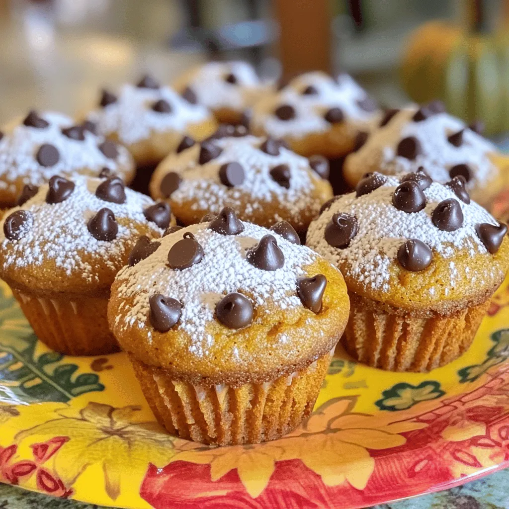 For the best Pumpkin Chocolate Chip Muffins, you need the following items: - 1 cup canned pumpkin puree - 1/2 cup granulated sugar - 1/2 cup brown sugar, packed - 1/2 cup vegetable oil - 2 large eggs - 1 teaspoon vanilla extract - 1 1/2 cups all-purpose flour - 1 teaspoon baking powder - 1 teaspoon baking soda - 1 teaspoon ground cinnamon - 1/2 teaspoon ground nutmeg - 1/4 teaspoon ground ginger - 1/4 teaspoon salt - 1 cup semi-sweet chocolate chips - Optional: 1/2 cup chopped walnuts or pecans These ingredients work together to create a moist muffin with a rich flavor. The pumpkin puree gives the muffins a lovely texture and adds nutrients. The blend of sugars creates a sweet balance. The spices bring warmth and depth. Each ingredient plays a role in making these muffins a delight. Feel free to add nuts for crunch. They can boost flavor and make muffins even better. Enjoy your time gathering these ingredients, and get ready to bake! First, preheat your oven to 350°F (175°C). This makes sure the muffins bake evenly. Next, take a 12-cup muffin tin. You can line it with paper liners or spray it with non-stick cooking spray. Both methods help the muffins pop out easily after baking. In a large bowl, combine 1 cup of canned pumpkin puree with 1/2 cup of granulated sugar and 1/2 cup of brown sugar. Whisk these well until mixed. Then, add 1/2 cup of vegetable oil, 2 large eggs, and 1 teaspoon of vanilla extract. Whisk again until you have a smooth and creamy mixture. In another bowl, sift together 1 1/2 cups of all-purpose flour, 1 teaspoon of baking powder, 1 teaspoon of baking soda, 1 teaspoon of ground cinnamon, 1/2 teaspoon of ground nutmeg, 1/4 teaspoon of ground ginger, and 1/4 teaspoon of salt. This step helps to mix everything well and avoid lumps. Gradually add this dry mix to your pumpkin mixture. Stir gently until just combined. Be careful not to overmix; this helps keep the muffins light and fluffy. Now, it’s time to add 1 cup of semi-sweet chocolate chips. Use a spatula to fold them in gently. If you want to add nuts, like 1/2 cup of chopped walnuts or pecans, now is the time to do it. Just fold them in carefully so that you don’t break the chips. Next, divide the batter evenly among the muffin cups. Fill each cup about 2/3 full. This gives the muffins room to rise. Bake in your preheated oven for 18-20 minutes. To check for doneness, insert a toothpick into the center of a muffin. If it comes out clean, the muffins are ready. Once baked, take the muffins out of the oven. Let them sit in the pan for about 5 minutes. This helps them firm up a bit. After that, transfer the muffins to a wire rack to cool completely. This step keeps them from getting soggy. Enjoy your delicious pumpkin chocolate chip muffins! To make great muffins, do not overmix. When you mix too much, the muffins turn out heavy. Mix until just combined. It’s okay if there are a few lumps. To check if the muffins are done, insert a toothpick in the center. If it comes out clean, they are ready. Using fresh spices makes a big difference. Fresh spices can add a bright flavor. Ground spices work too but may lose some taste over time. You can also try adding nuts or dried fruit for more flavor. Walnuts or pecans add a nice crunch. For special occasions, serve muffins warm. Dust them lightly with powdered sugar. Place them on a colorful platter to impress guests. You can drizzle melted chocolate on top for a fun touch. This small detail makes them look gourmet and inviting. {{image_2}} You can make these muffins a bit healthier. First, try using whole wheat flour instead of all-purpose flour. Whole wheat flour adds fiber and nutrients. It also gives a nice nutty flavor. Next, reduce the sugar levels. You can cut both the granulated and brown sugar by a third. This change will still keep the muffins sweet, but a little less sugary. You might also try using natural sweeteners like honey or maple syrup. Just remember, these might change the texture slightly. If you're feeling adventurous, skip the chocolate chips. You can make pumpkin spice muffins that highlight the warm spices instead. The blend of cinnamon, nutmeg, and ginger creates a cozy flavor. Additionally, consider adding fruits like cranberries or apples. They add a tartness that pairs well with pumpkin. You can mix in about a cup of chopped fruit to the batter for a tasty twist. For those needing gluten-free options, you can use alternative flours. Almond flour or oat flour works great. Just remember, these flours have different textures. You may need to adjust the liquid in your recipe. If you want a vegan version, replace the eggs with flaxseed meal. Mix one tablespoon of flaxseed meal with three tablespoons of water. Let it sit until it thickens, then add it to your mix. You can also use plant-based milk for a dairy-free option, keeping the flavor rich and delicious. You can keep your pumpkin chocolate chip muffins at room temperature. Place them in an airtight container. This keeps them moist. If you live in a hot area, store them in the fridge. Just remember, the fridge can dry them out. To keep them fresh, wrap each muffin in plastic wrap or foil. To freeze your muffins, first let them cool completely. Then, wrap each muffin tightly in plastic wrap. Place the wrapped muffins in a freezer bag. Squeeze out the air before sealing. For thawing, take a muffin out and leave it at room temperature. You can also warm it in the microwave for a few seconds. Pumpkin chocolate chip muffins last for about 3 to 5 days at room temperature. In the fridge, they can last up to a week. When frozen, they can stay good for up to 3 months. Look for signs of spoilage like mold or an off smell. If you see these signs, it’s best to throw them away. Yes, you can use fresh pumpkin. First, choose a sugar pumpkin. Cut it, remove seeds, and roast it until soft. Then scoop out the flesh and puree it. You want about one cup of puree. This adds fresh flavor to your muffins. To check if your muffins are done, insert a toothpick into the center. If it comes out clean, your muffins are ready. If not, bake for a few more minutes. Keep an eye on them to avoid overbaking. Yes, you can prepare these muffins ahead of time. Bake them and let them cool completely. Store them in an airtight container at room temperature for up to three days. For longer storage, freeze them in a zip-top bag. Definitely! If you want a twist, try using dried fruit like cranberries or raisins. You can also use nuts like walnuts or pecans. For a fun flavor, add white chocolate or butterscotch chips. If your muffins are dense, you might have overmixed the batter. Always mix until just combined. Also, check your baking powder and baking soda for freshness. Old leavening agents won’t rise as well, leading to dense muffins. You now know how to make delicious pumpkin muffins. We covered each step from gathering ingredients to baking and storing. Remember, the right texture and flavors come from mixing gently and using fresh spices. Explore variations to suit your taste, and don’t hesitate to switch out ingredients. These muffins are not just treats; they can be tailored to fit diets and preferences. Enjoy your baking journey and the delightful muffins ahead!