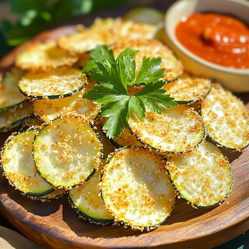 - 2 medium zucchinis - 1/2 cup grated Parmesan cheese - 1 teaspoon garlic powder - 1 teaspoon onion powder - 1/2 teaspoon paprika - Salt and pepper to taste - 2 tablespoons olive oil - Fresh parsley, chopped (for garnish) When making Air Fryer Garlic Parmesan Zucchini Chips, slicing is key. Aim for thin, even slices. This helps them cook at the same rate. If some pieces are thick, they will not get crispy. A mandoline slicer works well for this task. Next, let’s talk oils. Olive oil adds a nice flavor. You could try other oils, too, like avocado or coconut. Each oil gives a different taste. Choose one that suits your style. Just remember, the oil helps the spices stick to the zucchini and adds crispiness during cooking. First, wash the zucchinis well under cold water. This removes dirt and ensures they are clean. Cut off both ends of the zucchinis. Use a sharp knife or a mandoline slicer to slice them thinly. Aim for slices about 1/8 inch thick. This thickness helps them cook evenly and become crispy. Next, take a large mixing bowl. Add the sliced zucchinis to the bowl. Pour in 2 tablespoons of olive oil. Toss the zucchini slices gently. Make sure every piece is coated in oil. This will help the seasonings stick and improve the texture. In a separate bowl, gather your dry ingredients. Combine 1/2 cup grated Parmesan cheese, 1 teaspoon garlic powder, 1 teaspoon onion powder, 1/2 teaspoon paprika, salt, and pepper. Mix these together well. This blend will give the zucchini chips a tasty and savory flavor. Now, sprinkle the cheese and spice mixture over the zucchini slices. Toss them gently again. Ensure all slices are covered in the mixture. This step is key for great flavor in every bite. Before you cook, preheat your air fryer. Set it to 375°F (190°C) and let it warm up for about 3 to 5 minutes. This helps the chips cook evenly and get crispy. Place the zucchini slices in a single layer in the air fryer basket. Do not overcrowd the basket. If needed, cook in batches to avoid steaming them. Air fry the zucchini chips for about 10 to 12 minutes. Check them halfway through and shake the basket. This ensures even cooking. When they turn golden and crispy, they are done. Remove the chips from the air fryer. Let them cool on a wire rack for a few minutes. This step helps them stay crunchy. Enjoy your tasty garlic Parmesan zucchini chips! To get your zucchini chips super crispy, cool them on a wire rack. This lets air flow around the chips, keeping them crunchy. If you want them crunchier or softer, adjust the cook time slightly. Check them at the 10-minute mark. If they need more time, add a minute or two. You can boost the flavor with some extra seasonings. Try adding a pinch of cayenne pepper for heat or some Italian herbs for an earthy taste. For cheese, you can swap Parmesan with Pecorino Romano or even nutritional yeast for a vegan option. Pair your zucchini chips with dips like marinara sauce or ranch dressing for a tasty combo. For a fun look, serve the chips on a big platter. Add a small bowl of your dip in the center. Garnish with fresh parsley to make it pop! {{image_2}} You can switch zucchinis for other vegetables. Try using yellow squash. It has a similar texture. Slice it the same way as zucchini. You can also use root vegetables like carrots or sweet potatoes. They offer a different taste and crunch. Just make sure to adjust the cooking time. Some may need a little longer to crisp. If you like heat, add chili powder to the spice mix. It gives a spicy kick that many enjoy. You can also try herbs like thyme or oregano. These add a fresh taste. Mix them in with the cheese and spices for a new twist. For those needing gluten-free options, this recipe is easy! The ingredients already use no gluten. Just ensure the cheese is gluten-free. If you want a vegan alternative, swap the Parmesan for nutritional yeast. It gives a cheesy flavor without dairy. You can also try vegan cheese shreds. To keep your leftover zucchini chips fresh, use airtight containers. This helps maintain their crispness. Store them in the fridge. They stay good for about 2-3 days. After that, they may lose their crunch and flavor. When it comes to reheating, you want those chips crispy again. The air fryer works best for this. Set it at 375°F (190°C) and heat for about 5 minutes. This method revives their crunch perfectly. You can use the microwave, but it won't give the same effect. Chips may turn soggy instead of crispy. If you use a microwave, heat them for 30 seconds at a time. Check often to avoid overcooking. For the best results, always go back to the air fryer. Enjoy your delicious, crispy zucchini chips! Air fryer zucchini chips last about 3 to 4 days in an airtight container. Look for signs of spoilage. If you see moisture or the chips feel soft, it’s time to toss them. For best results, enjoy them fresh! You can, but fresh zucchinis work best. Frozen zucchini has more water. This can make your chips soggy. If you use frozen, thaw them first and pat them dry. This helps remove excess moisture. If your chips aren’t crispy, check a few things. First, make sure you slice the zucchini thinly. Thicker slices take longer to cook. Second, avoid overcrowding the air fryer basket. Give each chip space. Lastly, try cooking them a bit longer. If they still aren’t crisp, sprinkle a little extra salt. This can help draw out moisture. Air fryer zucchini chips are easy and fun to make. We covered the key ingredients, like fresh zucchini and Parmesan cheese, along with simple steps for prep and cooking. I shared tips for achieving crispiness and flavor variations, plus storage and reheating advice. Try out different veggies or spices to make this snack your own. Enjoy your tasty, healthy chips, and impress your friends and family with your cooking skills!