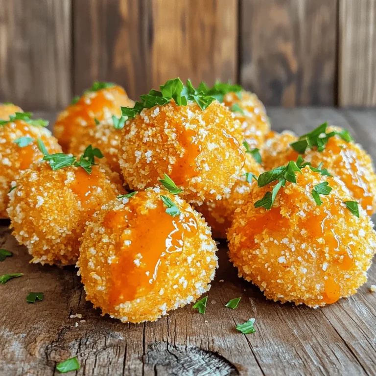 To make the best Air Fryer Buffalo Chicken Bites, start with these key items: - 1 lb chicken breast, cut into bite-sized pieces - 1 cup all-purpose flour - 1 teaspoon garlic powder - 1 teaspoon onion powder - 1 teaspoon paprika - 1/2 teaspoon cayenne pepper (adjust to taste) - 1/2 teaspoon salt - 1/4 teaspoon black pepper - 2 large eggs, beaten - 1 cup breadcrumbs (preferably panko for extra crunch) - 1/2 cup buffalo sauce (store-bought or homemade) - Fresh parsley, chopped (for garnish) These ingredients create a crispy and spicy flavor that everyone will love. You can get creative with these optional ingredients: - Add different spices like cumin or chili powder for extra flavor. - Use gluten-free flour and breadcrumbs for a gluten-free version. - Substitute chicken with tofu or cauliflower for a vegetarian option. Feel free to mix and match based on your taste! These tools will make cooking easier and more fun: - Air fryer for crispy chicken bites - Three shallow bowls for coating - Tongs or a fork to dip chicken pieces - Mixing bowl for tossing with buffalo sauce - Chopping board for cutting chicken Having the right tools makes the process smoother, so gather these before you start! To start, set your air fryer to 400°F (200°C). Preheating is key for crispy bites. It helps the chicken cook evenly. This step only takes a few minutes. In a shallow bowl, mix together the dry ingredients. Combine 1 cup of flour, 1 teaspoon of garlic powder, onion powder, paprika, 1/2 teaspoon of cayenne pepper, salt, and black pepper. Stir until well blended. This mix adds great flavor and a nice crunch. Get your chicken ready by cutting it into bite-sized pieces. Take each piece and dip it into the flour mixture first. Shake off any extra flour. Next, dip it into the beaten eggs. Finally, roll it in 1 cup of breadcrumbs until fully covered. Using panko breadcrumbs gives it extra crunch. Place the coated chicken bites in a single layer in the air fryer basket. Make sure they do not touch each other. Cook them for 10 to 12 minutes. Flip them halfway through cooking. You want them golden brown and crispy. Once your chicken bites are done, place them in a large bowl. Pour 1/2 cup of buffalo sauce over them. Toss the chicken bites until they are well coated. This adds that signature spicy kick. Serve them right away for the best taste! Garnish with fresh chopped parsley for a lovely touch. To get those nice, crispy buffalo chicken bites, follow these steps: - Use panko breadcrumbs for extra crunch. - Ensure the chicken pieces are dry before coating. - Preheat your air fryer to 400°F (200°C) for even cooking. - Do not overcrowd the basket; space allows for hot air to circulate. - Flip the chicken halfway through cooking for uniform crispiness. Spice can make or break your dish. To adjust the heat: - Start with 1/2 teaspoon of cayenne pepper. - Add more if you like it spicier. - For milder bites, reduce or omit the cayenne. - Consider serving with ranch or blue cheese dressing for balance. Avoid these common errors to ensure success: - Skipping preheating can lead to soggy bites. - Not shaking off excess flour will create a clumpy coating. - Forgetting to flip the chicken can cause uneven cooking. - Using wet chicken will make it hard to coat properly. - Not letting the bites cool slightly before serving can result in sogginess. By following these tips, you will create a dish that is crispy, flavorful, and perfectly suited to your taste. {{image_2}} You can switch up the buffalo sauce for other flavors. Try BBQ sauce for a sweet twist. Teriyaki sauce adds a fun, Asian flair. Honey mustard brings a tangy and sweet taste. You can even use ranch dressing for a creamy option. Each sauce gives a new taste to your chicken bites. Want to change the meat? Use turkey or pork instead of chicken. Both can be just as tasty. If you like seafood, shrimp works well too. Simply adjust the cooking time to keep it juicy. You can also use tofu for a plant-based option. It absorbs flavors and adds a unique texture. For a vegetarian take, use cauliflower or chickpeas. Cauliflower bites are great when coated and air-fried. Chickpeas can be mashed and formed into balls. For a vegan version, use a plant-based egg substitute. Flaxseed meal works well for binding. Both options are packed with flavor and fun to eat. After you enjoy your Air Fryer Buffalo Chicken Bites, store leftovers right. Let them cool first. Then, place them in an airtight container. This keeps them fresh for about three days in the fridge. You can also wrap them in plastic wrap before placing them in a container. This extra layer helps keep them tasty. To reheat your chicken bites, use the air fryer again. Preheat it to 350°F (175°C). Place the chicken bites in the basket in a single layer. Heat them for about 5-7 minutes. This method keeps them crispy. You can also use the oven at 350°F. Just spread them on a baking sheet and heat for 10-15 minutes. Avoid the microwave, as it can make them soggy. Want to save some bites for later? Freezing is a great option. First, let the chicken bites cool completely. Next, place them on a baking sheet in a single layer. Freeze them for about 1-2 hours. Once they are firm, transfer them to a freezer-safe bag. Write the date on the bag. They can stay fresh for 2-3 months in the freezer. When you're ready to eat, cook them directly from frozen. Adjust the air fryer time to about 12-15 minutes at 400°F. Enjoy your tasty bites any time! Yes, you can prepare the chicken bites in advance. Just follow all steps but skip the air frying. Coat your chicken pieces, then store them in the fridge in a sealed container. When you're ready, pop them in the air fryer. This way, they stay fresh and tasty. Making buffalo sauce is simple. Start with 1/2 cup of hot sauce. Add 1/4 cup of melted butter and 1 tablespoon of vinegar. Mix until smooth. You can add garlic powder or cayenne for extra flavor. Adjust for heat to suit your taste. These bites pair well with several sides. Try celery sticks and carrot sticks for crunch. Blue cheese or ranch dressing is perfect for dipping. Serve with fries or a salad for a full meal. You can even add a side of pickles for a zesty touch. To make these bites gluten-free, swap all-purpose flour with a gluten-free blend. Use gluten-free breadcrumbs too. Most hot sauces are gluten-free, but check labels to be sure. This way, everyone can enjoy them. Check the chicken's internal temperature with a meat thermometer. It should read 165°F (75°C). The meat should look white and juices should run clear. If you cut into a piece and see pink, it needs more cooking. You learned about making tasty Buffalo Chicken Bites with an air fryer. We covered ingredients, step-by-step instructions, and helpful tips. You can customize your bites to fit your taste. Remember to store leftovers properly and reheat them well. If you try new sauces or meats, you can enjoy many flavors. Keep these tips in mind for perfect bites every time. Enjoy your cooking and delight in the tasty results!
